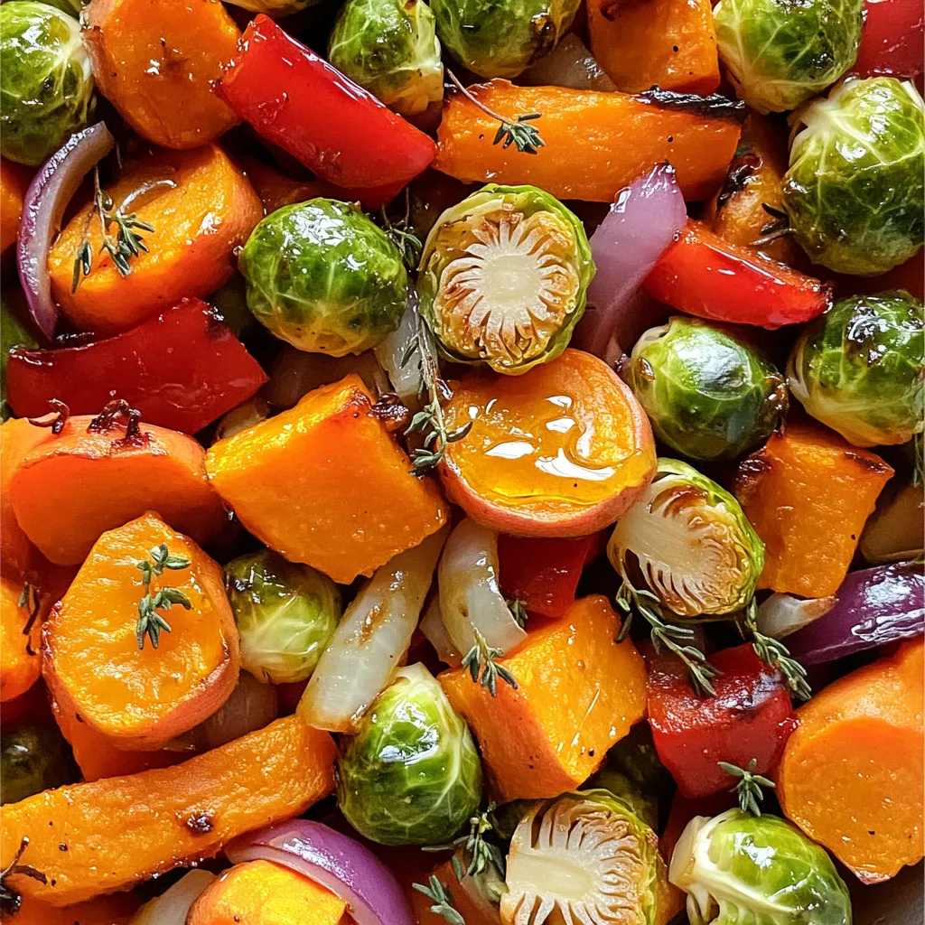 - 2 medium carrots, sliced into thick rounds - 1 large sweet potato, peeled and diced - 1 cup Brussels sprouts, halved - 1 red bell pepper, chopped - 1 small red onion, roughly chopped - 3 tablespoons olive oil - 3 tablespoons pure maple syrup - 1 teaspoon ground cinnamon - 1/2 teaspoon nutmeg - Salt and pepper to taste - Fresh thyme leaves I love the mix of colors and flavors in this dish. Using fresh veggies makes a big difference. Carrots bring sweetness, while sweet potatoes add a creamy texture. Brussels sprouts give a nice crunch. Red bell peppers add a pop of color, and red onions bring a mild bite. For the glaze, I recommend pure maple syrup. It gives the veggies a rich, sweet flavor. Olive oil helps the glaze stick and adds healthy fats. Ground cinnamon and nutmeg create a warm, cozy taste. A dash of salt and pepper enhances all the flavors. To finish, I like to sprinkle fresh thyme leaves on top. They add a lovely herbal note to the dish. This veggie medley is not just good for you; it looks amazing on the table, too! First, set your oven to 425°F (220°C). This high heat helps the veggies get nice and crispy. While it heats, take a large baking sheet and line it with parchment paper. This makes for easy cleanup and keeps the veggies from sticking. Next, measure and slice your veggies. You will need two medium carrots cut into thick rounds, one large sweet potato peeled and diced, one cup of Brussels sprouts halved, one red bell pepper chopped, and one small red onion roughly chopped. Place all these veggies in a large bowl. Mix them gently so they are well combined. Now it's time to make the sweet glaze. In a small bowl, whisk together three tablespoons of olive oil, three tablespoons of pure maple syrup, one teaspoon of ground cinnamon, and half a teaspoon of nutmeg. Add salt and pepper to taste. This glaze will give your veggies a tasty shine. Pour the glaze over the veggies and toss them well. Make sure every piece is covered with the sweet mix. Spread the coated veggies evenly across the prepared baking sheet. Make sure they lie in a single layer. This helps them roast evenly. Place the baking sheet in the oven and roast for about 25 to 30 minutes. Stir the veggies halfway through to allow them to brown nicely. When done, the veggies should be tender with a slight crisp on the edges. If you want, sprinkle fresh thyme leaves on top for a lovely finish. Roasting veggies is an art. Spread them in a single layer on the baking sheet. This allows hot air to circulate. It helps them cook evenly and get crispy. If they crowd each other, they might steam instead of roast. Oven heat can vary. Check your veggies around the 20-minute mark. If they look golden brown, they may be ready. You may need to adjust the cooking time based on your oven. Want to boost flavor? Add spices like smoked paprika or garlic powder. Fresh herbs like rosemary or sage also work well. They bring warmth and depth to your dish. These roasted veggies pair nicely with grilled chicken or pork. They also complement a savory quinoa salad. The maple glaze adds a sweet touch that balances savory main courses. Serve your roasted veggies in a large, colorful bowl. It makes the dish inviting. Drizzle any remaining glaze from the baking sheet over the top. This adds extra flavor and shine. For a beautiful finish, sprinkle fresh thyme leaves and cracked black pepper on top. This simple touch makes the dish look gourmet. {{image_2}} You can switch up the veggies in this dish. Try using butternut squash or parsnips. They add great taste and texture. For a colorful twist, add some zucchini or beets. If you have dietary needs, you can swap out the Brussels sprouts or sweet potato. Just keep the flavors in mind. If you want a different sweetener, use honey or agave syrup. They both work well. For a dairy-free option, just stick with maple syrup. If you need a low-sugar glaze, try using a sugar substitute. You can also reduce the syrup amount for a lighter touch. Want to cook faster? Use an air fryer! Set it to 400°F and cook for about 15-20 minutes. Shake the basket halfway for even cooking. If you love smoky flavors, grill the veggies instead. Just toss them in the glaze and place them on the grill. Cook until tender and enjoy that charred taste! To keep your roasted fall veggies fresh, use airtight containers. Glass or plastic containers work well. Store them in the fridge for up to four days. Make sure they cool down before sealing them. This helps avoid moisture build-up. To reheat, use the oven for the best flavor. Preheat it to 350°F (175°C). Place the veggies on a baking sheet and heat for about 10-15 minutes. This keeps them crispy. You can also use the microwave, but they may get soggy. To prevent this, cover them loosely with a paper towel. To freeze roasted veggies, let them cool completely first. Spread them in a single layer on a baking sheet. Freeze them for a few hours before transferring them to a freezer-safe bag. Remove as much air as you can. For thawing, place them in the fridge overnight. Reheat in the oven or microwave, just like before. This will keep them tasty! Roasted fall veggies stay fresh in the fridge for about 3 to 5 days. Store them in an airtight container. This helps keep them tasty and safe to eat. Yes, you can make roasted veggies ahead. Just roast them and let them cool. Then, store them in the fridge. Reheat them before serving for the best taste. Maple-glazed veggies go great with many dishes. Try them with roasted chicken or pork chops. They also taste good on a bed of quinoa or mixed greens. Absolutely! You can swap in other root veggies. Try parsnips, beets, or turnips. Each adds a unique flavor and texture to the dish. This recipe is perfect for meal prep. You can roast a big batch and store it. Add it to lunches or dinners throughout the week for quick, healthy meals. This blog post explored how to make delicious roasted fall vegetables with a tasty maple glaze. We covered essential ingredients like carrots, sweet potatoes, and spices, along with step-by-step instructions for cooking. I shared tips for perfecting the roast and ideas for variations. Finally, you learned how to store leftovers and reheat them for the best flavor. Enjoy making these roasted veggies for your next meal, and let the sweet glaze shine! Your kitchen will smell amazing, and your taste buds will thank you.