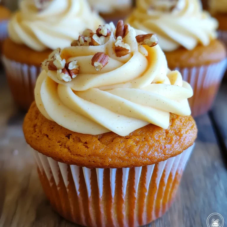 - 1 cup all-purpose flour - 1 teaspoon baking powder - ½ teaspoon baking soda - ½ teaspoon salt - 1 teaspoon ground cinnamon - ½ teaspoon ground nutmeg - ½ teaspoon ground ginger The dry ingredients create the base of our cupcakes. All-purpose flour gives structure. Baking powder and baking soda help them rise. Salt balances the sweet flavors. The spices add that warm, cozy taste of fall. Using fresh spices can boost the flavor even more. - 1 cup canned pumpkin puree - ¾ cup granulated sugar - ½ cup brown sugar, packed - ½ cup vegetable oil - 2 large eggs - 1 teaspoon vanilla extract The wet ingredients bring moisture and flavor. Canned pumpkin puree adds richness and helps keep the cupcakes soft. The sugars create a nice sweetness. Vegetable oil keeps everything moist. Eggs work as a binding agent, and vanilla adds depth. Ensure all wet ingredients are at room temperature for better mixing. - 1 cup cream cheese, softened - 2 cups powdered sugar - 1 teaspoon vanilla extract - Crushed pecans or walnuts for garnish (optional) The frosting is key to these cupcakes. Cream cheese gives a rich, tangy flavor. Powdered sugar sweetens and thickens the frosting. Vanilla extract adds a delightful aroma. For garnish, crushed nuts add crunch and extra taste. You can play around with flavors in the frosting, too! First, set your oven to 350°F (175°C). Line a 12-cup muffin tin with cupcake liners. This keeps the cupcakes from sticking. In a medium bowl, whisk together the dry ingredients. Use these items: - 1 cup all-purpose flour - 1 teaspoon baking powder - ½ teaspoon baking soda - ½ teaspoon salt - 1 teaspoon ground cinnamon - ½ teaspoon ground nutmeg - ½ teaspoon ground ginger Set this bowl aside. In a large bowl, combine the wet ingredients. You will need: - 1 cup canned pumpkin puree - ¾ cup granulated sugar - ½ cup brown sugar, packed - ½ cup vegetable oil - 2 large eggs - 1 teaspoon vanilla extract Mix these well until smooth. Now, gradually add the dry mix to the wet mix. Stir gently until just combined. A few lumps are okay. Over-mixing can cause dense cupcakes. Use a spatula and be gentle. You want light, fluffy cupcakes. Next, pour the batter into the lined cupcake cups. Fill each cup about two-thirds full. This helps them rise without spilling over. Bake them in the oven for 18-20 minutes. To check, insert a toothpick in the center. If it comes out clean, they are done. Once baked, let them cool in the pan for 5 minutes. Then, transfer the cupcakes to a wire rack. Allow them to cool completely before frosting. This step is key for perfect cupcakes. To make light and fluffy cupcakes, start by mixing your wet and dry ingredients separately. Combine them gently. Over-mixing creates dense cupcakes. Aim for a few lumps in your batter. It adds to the fluffiness. Fill your cupcake liners only two-thirds full. This lets the cupcakes rise without overflowing. A smooth frosting starts with soft cream cheese. Beat it until creamy. Gradually add powdered sugar while mixing. This prevents lumps. For a beautiful finish, use a piping bag. It gives you control over your design. You can create swirls or rosettes easily. Want to elevate the flavor? Try adding extra spices like allspice or cloves. A hint of vanilla bean can also add depth. For decoration, think beyond nuts. Use caramel drizzle or edible glitter for flair. Fresh cinnamon sticks can also make a lovely touch on top. {{image_2}} You can easily switch up the cupcake base. Try using sweet potato or butternut squash instead of pumpkin puree. Both options bring a sweet taste and a creamy texture. They work well in this recipe. If you need gluten-free cupcakes, use a gluten-free flour blend. For vegan options, replace eggs with flax eggs or applesauce. These swaps keep your cupcakes moist and tasty. The frosting can change the whole cupcake vibe. You might enjoy buttercream or whipped cream instead of cream cheese frosting. Each choice offers a different taste and texture. To add more flavor to your frosting, mix in spices like cinnamon or nutmeg. You could also add citrus zest for a refreshing twist. Lemon or orange zest brightens the frosting and pairs well with pumpkin spice. Want to make your cupcakes even more fun? Add chocolate chips or dried fruits like cranberries or raisins. These ingredients give bursts of flavor and chewiness to every bite. For festive toppings, consider using colorful sprinkles or candy corn. They add a playful touch and make your cupcakes pop. These simple add-ins make your bakery-style pumpkin spice cupcakes even more special. To keep your pumpkin spice cupcakes fluffy, you must cool them right. After baking, let the cupcakes sit in the pan for about 5 minutes. This helps them firm up. Then, move them to a wire rack. This allows air to flow around, keeping them dry. If you skip this step, your cupcakes may become soggy. Once cooled, store your cupcakes in an airtight container. This keeps them fresh and moist. Avoid stacking them right away. If they are still warm, steam can build up and ruin their texture. You can store frosted cupcakes in two ways: at room temperature or in the fridge. If you choose room temperature, they will last about 1-2 days. Cover them lightly with plastic wrap. This keeps the frosting from drying out. If you want to store them longer, put them in the fridge. They can stay fresh for up to a week. Just remember to cover them well. This helps prevent the frosting from absorbing smells from the fridge. Freezing your pumpkin spice cupcakes is a great way to save them. Here’s how to do it: 1. Cool Completely: Make sure your cupcakes are fully cooled before freezing. 2. Wrap: Wrap each cupcake in plastic wrap tightly. 3. Bag It: Place the wrapped cupcakes in a freezer-safe bag or container. 4. Label: Write the date on the bag. To thaw, take them out and let them sit at room temperature for about 1-2 hours. If you want a warm treat, you can microwave them for about 10-15 seconds. Enjoy your delicious, homemade cupcakes any time! To make your cupcakes extra moist, use these tips: - Add yogurt: Mix in a bit of plain yogurt to your batter. This adds moisture. - Use oil: Stick with vegetable oil instead of butter. Oil keeps the texture soft. - Don't overbake: Check your cupcakes early. Remove them when a toothpick comes out clean but not dry. - Use brown sugar: It holds more moisture than white sugar. This helps keep your cupcakes soft. - Cool properly: Let them cool in the pan for just five minutes. Then move them to a rack to cool completely. These steps help lock in moisture and give you a soft, fluffy cupcake. Yes, you can use homemade pumpkin puree! Here are some pros and cons: Pros: - Fresh taste: Homemade puree often has a richer flavor. - Control: You choose the pumpkin and how it’s cooked. Cons: - Consistency: It may be watery, affecting the batter. Strain if needed. - Time-consuming: Making it takes time compared to opening a can. If you choose homemade, ensure the puree is thick and not too watery for best results. If you need alternatives to cream cheese, consider these options: - Greek yogurt: A good choice for a tangy flavor. Use full-fat for a richer texture. - Buttercream: Mix butter and powdered sugar for a classic frosting. - Coconut cream: This works well for dairy-free frosting. Chill it first for best results. - Silken tofu: Blend it for a smooth frosting that is vegan-friendly. Each substitute gives a different taste and texture. Choose based on your needs and preferences! You learned about making delicious cupcakes from scratch using simple ingredients. I detailed dry and wet components, how to mix them, and tips for great results. You now know how to make and store cupcakes with various flavors and frostings. Remember, cupcakes are flexible. Feel free to innovate with different ingredients or toppings. Enjoy sharing your tasty treats!