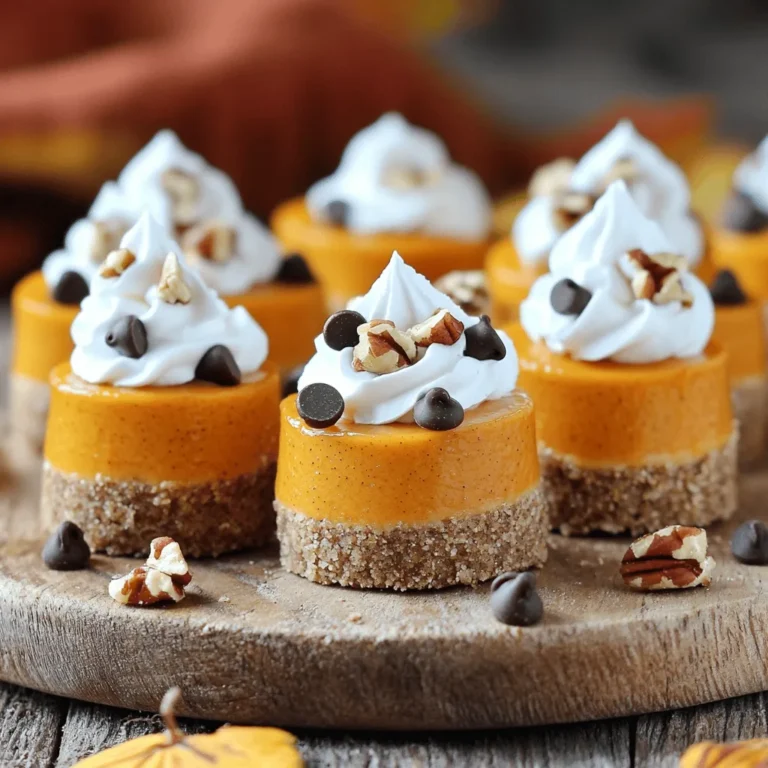 To make these delightful no-bake pumpkin pie cheesecake bites, you need several simple ingredients. Here’s the complete list: - 1 cup pumpkin puree - 8 oz cream cheese, softened - 1/2 cup powdered sugar - 1 teaspoon vanilla extract - 1 teaspoon pumpkin pie spice - 1 teaspoon cinnamon - 1 cup graham cracker crumbs - 1/4 cup unsalted butter, melted - Whipped cream (for garnish) - Mini chocolate chips or pecans (for decoration) Each ingredient plays a key role in creating a rich, creamy treat. The pumpkin puree gives a warm flavor. Cream cheese adds creaminess and a slight tang. Powdered sugar sweetens the filling without any graininess. Vanilla extract brings a lovely aroma. Pumpkin pie spice and cinnamon warm up the flavor profile, making each bite feel like fall. Graham cracker crumbs form the base, providing a crunchy texture. Unsalted butter helps bind the crust together. Garnishing with whipped cream adds lightness and a creamy touch. Mini chocolate chips or pecans add a fun finishing touch. These ingredients come together to create an easy, no-bake dessert. They are perfect for any gathering or a cozy night at home. Mixing the cheesecake filling Start by grabbing a mixing bowl. Add 8 ounces of softened cream cheese. Then, add 1 cup of pumpkin puree. Sprinkle in 1/2 cup of powdered sugar, 1 teaspoon of vanilla extract, 1 teaspoon of pumpkin pie spice, and 1 teaspoon of cinnamon. Beat them together until the mix is smooth and creamy. Preparing the crust In a different bowl, mix 1 cup of graham cracker crumbs with 1/4 cup of melted unsalted butter. Stir well until the crumbs are fully coated. This will create a tasty base for your bites. Assembling the bites Take a mini muffin tin or silicone molds. Line them with mini cupcake liners if you want. Press a tablespoon of the graham cracker mixture into the bottom of each cup. Make sure it is packed tightly. Then, spoon the pumpkin cheesecake filling on top of the crust in each cup, filling them to the top. Setting the cheesecake bites Cover the muffin tin with plastic wrap. Place it in the fridge for at least 4 hours. This will help the cheesecake bites set and hold their shape. The longer they chill, the firmer they will be. How to decorate before serving Once your cheesecake bites are set, gently remove them from the tin. Top each bite with a dollop of whipped cream. For an extra treat, sprinkle mini chocolate chips or place a pecan on top. This adds flavor and makes them look delightful! To make the best no-bake pumpkin pie cheesecake bites, focus on your texture. Start with softened cream cheese. This helps blend it smoothly with the pumpkin puree. If the cream cheese is cold, it can be lumpy. Use a hand mixer for a creamy filling. Mix your ingredients until they are fully combined. You want a smooth and fluffy texture. Whip in the powdered sugar slowly to avoid clumps. For flavor, don’t skip the spices. Pumpkin pie spice and cinnamon give warmth and depth. You can also add a pinch of nutmeg for a festive twist. Watch out for overmixing the filling. Mixing too much can make it dense instead of light. Also, if your crust is too dry, the bites may fall apart. Make sure the graham cracker crumbs are well-coated with butter. Be careful when refrigerating. If you don’t cover the bites, they can dry out. Use plastic wrap to keep them moist. Lastly, let the bites set long enough. They need at least four hours to firm up properly. {{image_2}} You can change the flavor of your no-bake pumpkin pie cheesecake bites easily. Here are some fun ideas: - Different spices to consider: Try adding nutmeg or ginger for a new twist. Both spices bring warmth and depth to the bites. You can mix in these spices with the pumpkin pie spice for a richer flavor. - Alternative toppings: Instead of mini chocolate chips or pecans, use crushed candy corn or caramel drizzle. These toppings add fun flavors and colors. You can also use cinnamon sugar for a sweet crunch. You can make these cheesecake bites fit different diets too. Here’s how: - Gluten-free options: Use gluten-free graham cracker crumbs for the crust. Many brands sell these, and they taste great in this recipe. Just check the label to ensure they are certified gluten-free. - Vegan substitutions: Swap cream cheese with a vegan cream cheese alternative. Use maple syrup instead of powdered sugar for sweetness. This keeps the bites creamy while making them vegan-friendly. To keep your No-Bake Pumpkin Pie Cheesecake Bites fresh, follow some simple steps. First, place them in an airtight container. This will stop moisture from getting in. Next, store them in the refrigerator. They will stay fresh for up to five days. Always check for any off smells before serving. If you use whipped cream, add it just before serving. This keeps it from becoming soggy. If you want to enjoy these bites later, freezing is a great option. Start by placing the cheesecake bites in a single layer on a baking sheet. This prevents them from sticking together. Freeze them for about one hour. Once firm, transfer the bites to a freezer-safe container. They can last up to two months in the freezer. To thaw, simply move them to the fridge for a few hours before serving. You can also let them sit at room temperature for about 30 minutes. This way, they will keep their creamy texture. Enjoy your chilled treats anytime! These tasty bites last about 5 days in the fridge. Store them in an airtight container. If you keep them sealed, they stay fresh and delicious. Yes, you can use fresh pumpkin. Cook and puree it until smooth. Make sure it is not too watery. This will give your bites a nice flavor and texture. You can use Greek yogurt or silken tofu. Both options give a creamy texture. They also add a nice flavor. Adjust the sugar to your taste if you choose these substitutes. Absolutely! You can make these bites a day or two in advance. Just keep them in the fridge. This way, they will set well and be ready for your next event. This blog post shared all you need for delicious no-bake pumpkin cheesecake bites. We covered key ingredients, easy steps, tips for success, and tasty variations. You learned how to store them, too. Making these bites can bring joy to your table and delight your friends. Use the tips to avoid common mistakes and make them even better. Enjoy creating and sharing these sweet treats!
