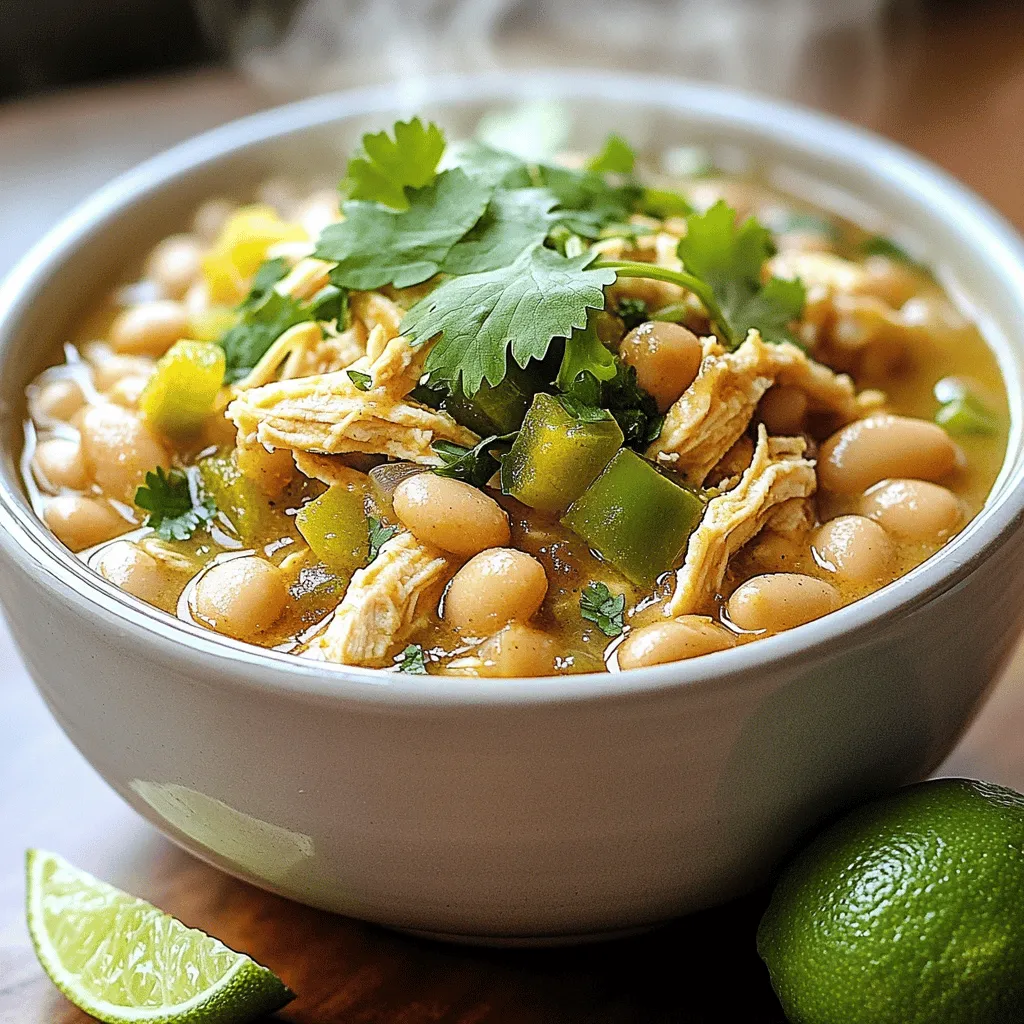 To make this cozy chili, gather these key ingredients: - 1 lb boneless, skinless chicken breasts - 2 cups cooked white beans (cannellini or great northern) - 1 medium onion, diced - 3 cloves garlic, minced - 1 green bell pepper, diced - 1 can (4 oz) diced green chilies - 1 teaspoon ground cumin - 1 teaspoon chili powder - 1/2 teaspoon smoked paprika - 1 teaspoon salt (adjust to taste) - 1/2 teaspoon black pepper - 4 cups chicken broth - Juice of 1 lime - Fresh cilantro, for garnish These ingredients work together to create a rich and flavorful chili. The beans add creaminess, while the spices give it warmth. You can make your chili even better with some tasty toppings. Here are a few ideas: - Sliced jalapeños for heat - Shredded cheese for creaminess - Avocado for a fresh touch - Sour cream for a cool contrast - Tortilla chips for crunch These toppings give your chili a fun twist. Mix and match to find your favorite combination. If you don't have some ingredients, don't worry! Here are some easy swaps: - Use rotisserie chicken instead of raw chicken for quicker prep. - Swap green bell pepper with red or yellow for sweetness. - Canned beans can replace dried beans for ease. - Vegetable broth can replace chicken broth for a vegetarian option. These substitutions keep the dish delicious while fitting your pantry. Feel free to experiment and make it your own! 1. Start with the chicken. Place the boneless, skinless chicken breasts at the bottom of the slow cooker. 2. Next, add the base ingredients. Scatter the cooked white beans, diced onion, minced garlic, and diced green bell pepper over the chicken. 3. Now, season the mix. Add the diced green chilies, cumin, chili powder, smoked paprika, salt, and black pepper. Stir the spices well to spread the flavors evenly. 4. Pour the broth. Carefully add the chicken broth over the entire mixture. Ensure everything is as submerged as possible. 5. Time to slow cook. Cover the slow cooker and choose your setting. Cook on low for 6-8 hours or on high for 3-4 hours. The chicken should be fully cooked and tender. 6. About 30 minutes before serving, remove the chicken. Use two forks to shred the chicken into bite-sized pieces. Return the shredded chicken to the pot. 7. Finish with lime. Stir in the lime juice to brighten the flavors. Taste the chili and adjust the seasoning as needed. 8. Serve hot. Ladle the chili into bowls and garnish with fresh cilantro for a pop of color and flavor. For the best taste and texture, cook your chili on low for 6 to 8 hours. If you are in a hurry, you can choose the high setting. This will take about 3 to 4 hours. Always check the chicken's doneness. It should reach an internal temperature of 165°F. To boost the flavor, try adding a bit of lime juice before serving. It brightens the dish. Fresh cilantro adds a nice touch too. You can also add more spices, like cayenne pepper, for heat. For a smoky flavor, consider using chipotle chilies. One common mistake is overcooking the chicken. It can become dry. Make sure to shred it at the right time. Another mistake is not seasoning enough. Always taste and adjust the salt and spices. Lastly, don’t skip the lime juice; it makes a big difference. {{image_2}} You can easily make this chili vegetarian or vegan. Replace the chicken with 1 cup of diced mushrooms or 1 cup of chopped zucchini. Use vegetable broth instead of chicken broth. For protein, add 2 cups of cooked lentils or more white beans. This keeps the dish hearty and filling while keeping it plant-based. You can switch up the beans for fun. Try black beans, pinto beans, or kidney beans. Each type gives a new taste and texture. If you want a creamier chili, use navy beans or great northern beans. Feel free to mix different beans for a unique flavor profile. If you like heat, add more spice! Increase the green chilies to two cans or add jalapeños. You can also stir in a teaspoon of cayenne pepper or hot sauce. This adds a great kick and makes each bite exciting. Just be careful not to overpower the other flavors. To keep your white bean chicken chili fresh, let it cool first. Once cooled, transfer the chili to an airtight container. Store it in the fridge for up to four days. Make sure to label the container with the date. This way, you won’t forget how long it has been there. If you want to save your chili for later, freezing is a great option. Use freezer-safe containers or bags. Leave some space at the top, as the chili will expand when frozen. You can keep it in the freezer for up to three months. When you’re ready to eat, just thaw it in the fridge overnight before reheating. Reheating your chili is easy! For the stovetop, pour the chili into a pot. Heat it over medium heat, stirring often until it’s hot. If you prefer the microwave, put it in a microwave-safe bowl. Cover it with a lid or plate to avoid splatters. Heat it on high for about two to three minutes. Stir halfway through to ensure even warming. Enjoy every bite of your delicious chili! Yes, you can use frozen chicken. Just place it in the slow cooker as is. Cooking time may increase by one to two hours. Always ensure the chicken reaches a safe internal temperature of 165°F. This chili pairs well with several sides. You can serve it with: - Cornbread - Rice - Tortilla chips - Avocado slices - A fresh salad These options add texture and flavor to your meal. Slow Cooker White Bean Chicken Chili lasts about three to four days in the fridge. Store it in an airtight container to keep it fresh. If you notice any changes in smell or texture, it’s best to discard it. Yes, you can cook this chili on the stovetop. Start by sautéing the onion and garlic in a pot. Then, add all other ingredients, including the chicken. Bring it to a boil, then let it simmer for about 30-40 minutes. Shred the chicken before serving for the best texture. You now know the key ingredients and steps for making delicious Slow Cooker White Bean Chicken Chili. Remember to pick your toppings and consider substitutions based on your taste. Follow the tips to avoid common mistakes. Feel free to explore variations, like vegetarian options or spicier versions. Store leftovers wisely and use the reheating tips for quick meals. With this recipe, you can create a comforting dish that you and your loved ones will enjoy time and again. Happy cooking!