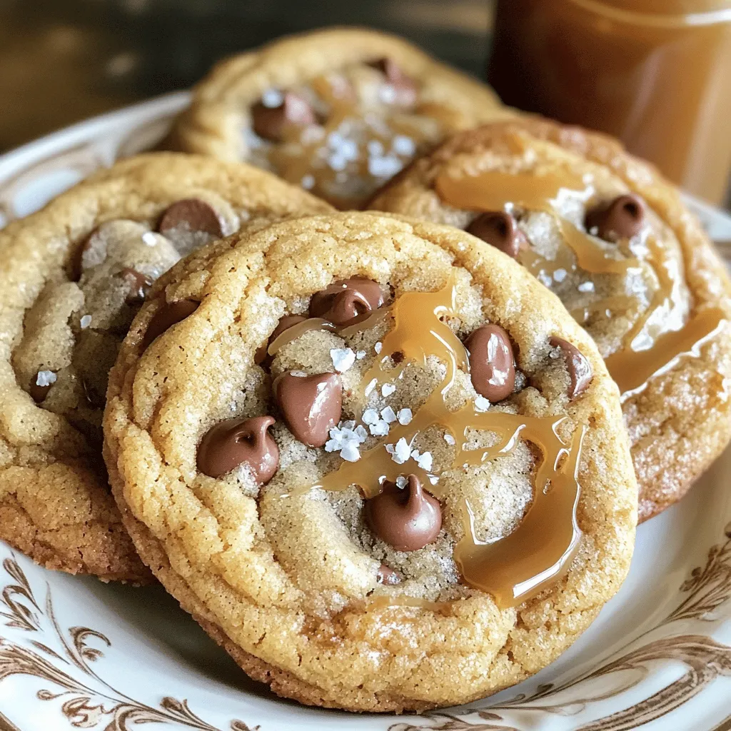 To make these cookies, you need key ingredients that bring flavor and texture. Here’s what you will need: - 1 cup unsalted butter, softened - 3/4 cup brown sugar, packed - 1/2 cup granulated sugar - 1 teaspoon vanilla extract - 2 large eggs - 2 1/4 cups all-purpose flour - 1 teaspoon baking soda - 1/2 teaspoon salt - 1 cup chocolate chips (semi-sweet or dark) - 1/2 cup caramel sauce (store-bought or homemade) - Sea salt for sprinkling These ingredients work together to create rich, sweet, and salty flavors in each bite. You can add a few optional ingredients to enhance your cookies. These include: - Chopped nuts (like pecans or walnuts) - Different types of chocolate chips (such as milk or white chocolate) These additions can make your cookies more fun and tasty. If you need to swap ingredients, here are some great options: - Swap unsalted butter for coconut oil for a dairy-free cookie. - Use brown sugar only, if you don't have white sugar. - Replace all-purpose flour with a gluten-free blend if needed. These substitutions let you enjoy these cookies no matter your diet. First, gather your ingredients. You need butter, sugars, vanilla, eggs, flour, baking soda, salt, chocolate chips, caramel sauce, and sea salt. Start by preheating your oven to 350°F (175°C). Line two baking sheets with parchment paper. In a large bowl, cream the softened butter, brown sugar, and granulated sugar. Mix until the mixture is light and fluffy. This should take about 3 to 5 minutes. Next, add the vanilla extract and eggs one at a time. Make sure to mix well after each egg. In another bowl, whisk together the flour, baking soda, and salt. Gradually add this dry mix to the wet mix. Stir until just combined. Do not overmix; this keeps your cookies soft. Now, fold in the chocolate chips and caramel sauce. Ensure these ingredients are evenly spread throughout the dough. Use a cookie scoop or a spoon to drop dollops of dough onto the baking sheets. Leave about 2 inches of space between each cookie. This space helps them spread while baking. Before baking, sprinkle a pinch of sea salt on top of each cookie. This adds a nice salty kick. Bake in your preheated oven for 10 to 12 minutes. Watch for golden edges and soft centers. These signs mean your cookies are just right. Once baked, let the cookies cool on the sheets for 5 minutes. This helps them set before moving. After 5 minutes, transfer the cookies to a wire rack to cool completely. For serving, stack them high on a pretty plate. Drizzle with extra caramel sauce and sprinkle some sea salt on top. You can also gift these in a mason jar for a sweet treat! Enjoy your delicious salted caramel chocolate chip cookies! When baking cookies, avoid overmixing your dough. This can make cookies tough. Make sure to cream your butter and sugars well, but stop once you add the flour. Another mistake is not measuring ingredients accurately. Use dry measuring cups for flour and sugar. Also, let your cookies cool on the baking sheet for a few minutes. This helps them set up perfectly. Use parchment paper to line your baking sheets. This prevents sticking and helps cookies bake evenly. Preheat your oven to 350°F (175°C) before starting. This ensures even baking from the start. Keep an eye on your cookies as they bake. The edges should be golden brown, while the centers stay soft. This timing makes a big difference in texture. To boost the flavor, use high-quality chocolate chips. Dark chocolate pairs well with caramel. A pinch of sea salt on top adds a nice contrast to the sweetness. You can also mix in nuts for added crunch. Try adding a splash of espresso powder to the dough for depth in flavor. This small change can elevate your cookies. {{image_2}} Adding nuts can boost your cookie's taste. I love using chopped pecans or walnuts. These nuts add a nice crunch. They also bring a rich, buttery flavor. You can mix in about half a cup. Just fold them in with the chocolate chips. This way, every bite gets a nutty surprise! You can change up the chocolate to fit your taste. Semi-sweet chocolate chips work well, but dark chocolate adds a rich twist. For a sweeter cookie, use milk chocolate. If you want to get fancy, mix different types of chocolate. A blend of dark and white chocolate offers a unique flavor. Just make sure to keep the total amount around one cup. For gluten-free cookies, swap out the all-purpose flour. You can use a gluten-free flour blend that fits your needs. Ensure it has a good mix of flours for the best texture. You may also want to add a bit of xanthan gum. This will help bind the dough. Follow the same steps as the original recipe, and enjoy gluten-free goodness! To keep your salted caramel chocolate chip cookies fresh, store them in an airtight container. This helps maintain their soft texture. You can place parchment paper between layers to avoid sticking. For best taste, eat them within a week. If you want to hold onto that flavor longer, consider freezing. Freezing cookies is easy and keeps them tasty. First, let your cookies cool completely. Then, place them on a baking sheet in a single layer. Freeze them for about an hour until firm. Once they are solid, transfer the cookies into a freezer bag. Seal it tightly, removing as much air as possible. They can stay fresh for up to three months. To enjoy warm cookies again, use a microwave. Heat them for about 10-15 seconds. If you want a crispier texture, you can use an oven. Preheat it to 350°F (175°C). Place cookies on a baking sheet and heat for about 5 minutes. This brings back that fresh-baked goodness! These cookies stay fresh for about one week. Store them in an airtight container. This keeps them soft and chewy. If you want to keep them longer, freeze them. Yes, you can make the dough ahead of time. Chill the dough in the fridge for up to three days. This helps the flavors meld together. You can also freeze the dough for up to three months. Scoop the dough balls first, then freeze them on a tray. Once frozen, place them in a bag. The best way to melt caramel is using a microwave or a stovetop. For the microwave, place the caramel sauce in a bowl. Heat it in 30-second bursts, stirring in between. For the stovetop, use a small saucepan on low heat. Stir until smooth. This helps avoid burning the caramel. Salted caramel chocolate chip cookies combine rich flavors with simple steps. We covered ingredients, from what you need to tasty options. I shared how to prep the dough, bake, and cool the cookies. You learned tips to avoid mistakes and enhance taste. Variations, like nutty additions and gluten-free options, offer fun twists. Lastly, proper storage keeps cookies fresh longer. Enjoy baking these treats! They are sure to delight your friends and family.