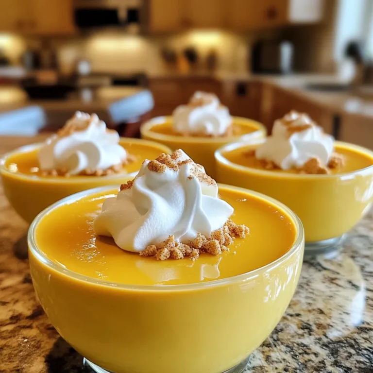 Cooking Pumpkin Spice Panna Cotta is simple and fun. You only need a few key ingredients to create this creamy fall delight. Here’s what you will need: - 1 cup heavy cream - 1 cup whole milk - 1/2 cup pumpkin puree - 1/2 cup granulated sugar - 1 tablespoon powdered gelatin - 1 teaspoon vanilla extract - 1 teaspoon ground cinnamon - 1/2 teaspoon ground nutmeg - 1/4 teaspoon ground ginger - A pinch of salt - Optional: Whipped cream and crushed ginger cookies for garnish Each ingredient plays a role in the taste and texture. The heavy cream and whole milk create a rich base. Pumpkin puree gives a warm and cozy flavor. The spices add that classic pumpkin spice taste. The gelatin helps the panna cotta set perfectly. You can also add whipped cream and ginger cookies on top for extra flair. Feel free to use fresh pumpkin puree if you have it. It brings a vibrant taste and a lovely color. Remember, each ingredient counts, so make sure to measure carefully. This recipe serves 4 to 6 people, so it’s great for sharing! To prepare the gelatin, you start by blooming it. Take 2 tablespoons of cold milk and sprinkle the powdered gelatin on top. Let it sit for about 5 to 10 minutes. This step softens the gelatin, making it easier to mix in later. Next, heat the cream mixture. In a saucepan, combine the heavy cream, whole milk, pumpkin puree, sugar, cinnamon, nutmeg, ginger, and salt. Stir these ingredients together and heat them over medium heat. Watch the mixture carefully. It should be hot but not boiling. Stir often to prevent sticking. Once the mixture is hot, remove it from the heat. Now, add the bloomed gelatin to the warm mixture. Stir until the gelatin fully dissolves. Then, mix in the vanilla extract. This adds a lovely flavor to your panna cotta. Carefully pour the mixture into individual serving cups or molds. Let them cool at room temperature for a few minutes. After that, transfer them to the refrigerator. Chill the panna cotta for at least 4 hours or until it is set. When you are ready to serve, run a knife around the edge of the panna cotta mold. To loosen it, dip the bottom in warm water for a few seconds. You can invert the panna cotta onto a plate or serve it directly in the cups. For a fun touch, top each panna cotta with whipped cream and sprinkle crushed ginger cookies on top. Enjoy your creamy fall delight! To get a smooth panna cotta, timing is key. First, bloom your gelatin. This means you sprinkle it over cold milk. Let it sit for about 5-10 minutes. This step helps the gelatin dissolve evenly. Next, heat your cream mixture gently. Heat it until it's hot but not boiling. Remove it from the heat and stir in the bloomed gelatin. Make sure it fully dissolves. Then, chill the panna cotta for at least 4 hours. This time allows it to set perfectly. You can make your panna cotta even better with extra spices. Consider adding cardamom for a warm touch. Allspice can add depth and a hint of sweetness. If you like a bit of heat, try a dash of black pepper. You can also mix in some maple syrup for added sweetness. These flavors blend well with pumpkin spice. How you serve your panna cotta can impress your guests. Use small cups or elegant ramekins for a classy look. You can also invert the panna cotta onto a plate for a beautiful display. For a fun touch, swirl whipped cream on top. Finish with crushed ginger cookies for crunch. This adds flavor and texture to your dessert. You can even use a sprinkle of cinnamon for a touch of color. {{image_2}} You can spice up your panna cotta with other flavors. Instead of just cinnamon, try adding cardamom or allspice. Cardamom gives a warm, floral taste. Allspice brings a hint of clove and nutmeg. You can even mix these spices for a unique twist. Just remember to adjust the amounts based on your taste. A little goes a long way! Want a dairy-free or vegan panna cotta? It’s easy! Use coconut milk instead of cream and milk. You can use agar-agar in place of gelatin for a plant-based option. Just follow the packet instructions for blooming. This way, you can enjoy the same creamy texture without dairy. It’s perfect for everyone at the table. Fall offers so many flavors to explore. Try adding apple or pear puree along with pumpkin. This gives your panna cotta a fruity twist. You can also add a hint of maple syrup for extra sweetness. These flavors really shine together and make a delightful dessert. Don’t be afraid to experiment with what you love! To keep your pumpkin spice panna cotta fresh, place it in an airtight container. This will help prevent it from absorbing odors from your fridge. If you used molds, leave them covered with plastic wrap. Store them in the fridge for the best texture. Avoid stacking them, as this can cause them to lose shape. You can freeze panna cotta if you want to save it for later. First, let it cool completely in the fridge. Then, wrap each panna cotta in plastic wrap. Place them in a freezer-safe container. When you're ready to eat, thaw them overnight in the fridge. Avoid refreezing, as this can affect the texture. Pumpkin spice panna cotta lasts about 4 to 5 days in the fridge. Be sure to check for any signs of spoilage before eating. If it smells off or has an unusual texture, it's best to throw it away. Keeping it stored properly will help you enjoy this creamy fall treat for days. Yes, you can make Pumpkin Spice Panna Cotta ahead of time. In fact, this dessert tastes even better when it sits for a while. To prepare it in advance, follow these steps: - Make the panna cotta up to two days before you plan to serve it. - Store the filled molds or cups in the fridge. - Cover them with plastic wrap to keep them fresh. - Just remember to add any garnishes right before serving. If you want a lighter panna cotta, consider these options: - Use half-and-half instead of heavy cream for a creamy, lower-fat choice. - Opt for coconut cream for a dairy-free option with a hint of coconut flavor. - Try Greek yogurt mixed with whole milk for added protein and less fat. Each option will change the texture a bit, but they still taste great! To know if your panna cotta is ready, look for these signs: - The panna cotta should feel firm but still jiggle slightly when tapped. - If you insert a toothpick, it should come out clean, with no wet mixture sticking to it. - The surface should be smooth and hold its shape when you gently press on it. If it meets these checks, you’re ready to serve! This blog post covers all you need to make a delicious Pumpkin Spice Panna Cotta. You learned about the key ingredients, step-by-step instructions, and helpful tips for great texture. We explored variations to suit your tastes and storage tips for freshness. Now, you have a simple and tasty dessert to impress anyone. This panna cotta is perfect for fall celebrations. Enjoy making it and sharing with friends and family. Happy cooking!