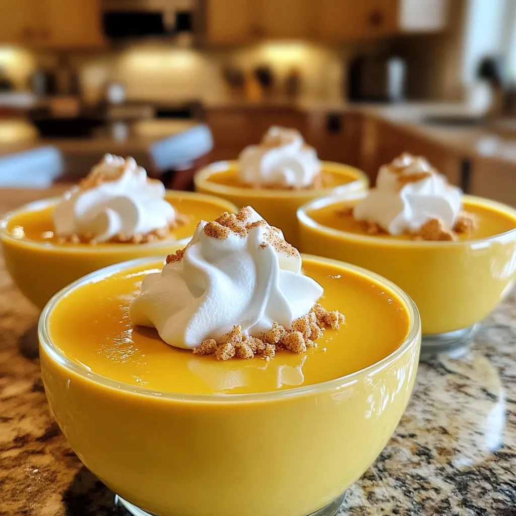 Cooking Pumpkin Spice Panna Cotta is simple and fun. You only need a few key ingredients to create this creamy fall delight. Here’s what you will need: - 1 cup heavy cream - 1 cup whole milk - 1/2 cup pumpkin puree - 1/2 cup granulated sugar - 1 tablespoon powdered gelatin - 1 teaspoon vanilla extract - 1 teaspoon ground cinnamon - 1/2 teaspoon ground nutmeg - 1/4 teaspoon ground ginger - A pinch of salt - Optional: Whipped cream and crushed ginger cookies for garnish Each ingredient plays a role in the taste and texture. The heavy cream and whole milk create a rich base. Pumpkin puree gives a warm and cozy flavor. The spices add that classic pumpkin spice taste. The gelatin helps the panna cotta set perfectly. You can also add whipped cream and ginger cookies on top for extra flair. Feel free to use fresh pumpkin puree if you have it. It brings a vibrant taste and a lovely color. Remember, each ingredient counts, so make sure to measure carefully. This recipe serves 4 to 6 people, so it’s great for sharing! To prepare the gelatin, you start by blooming it. Take 2 tablespoons of cold milk and sprinkle the powdered gelatin on top. Let it sit for about 5 to 10 minutes. This step softens the gelatin, making it easier to mix in later. Next, heat the cream mixture. In a saucepan, combine the heavy cream, whole milk, pumpkin puree, sugar, cinnamon, nutmeg, ginger, and salt. Stir these ingredients together and heat them over medium heat. Watch the mixture carefully. It should be hot but not boiling. Stir often to prevent sticking. Once the mixture is hot, remove it from the heat. Now, add the bloomed gelatin to the warm mixture. Stir until the gelatin fully dissolves. Then, mix in the vanilla extract. This adds a lovely flavor to your panna cotta. Carefully pour the mixture into individual serving cups or molds. Let them cool at room temperature for a few minutes. After that, transfer them to the refrigerator. Chill the panna cotta for at least 4 hours or until it is set. When you are ready to serve, run a knife around the edge of the panna cotta mold. To loosen it, dip the bottom in warm water for a few seconds. You can invert the panna cotta onto a plate or serve it directly in the cups. For a fun touch, top each panna cotta with whipped cream and sprinkle crushed ginger cookies on top. Enjoy your creamy fall delight! To get a smooth panna cotta, timing is key. First, bloom your gelatin. This means you sprinkle it over cold milk. Let it sit for about 5-10 minutes. This step helps the gelatin dissolve evenly. Next, heat your cream mixture gently. Heat it until it's hot but not boiling. Remove it from the heat and stir in the bloomed gelatin. Make sure it fully dissolves. Then, chill the panna cotta for at least 4 hours. This time allows it to set perfectly. You can make your panna cotta even better with extra spices. Consider adding cardamom for a warm touch. Allspice can add depth and a hint of sweetness. If you like a bit of heat, try a dash of black pepper. You can also mix in some maple syrup for added sweetness. These flavors blend well with pumpkin spice. How you serve your panna cotta can impress your guests. Use small cups or elegant ramekins for a classy look. You can also invert the panna cotta onto a plate for a beautiful display. For a fun touch, swirl whipped cream on top. Finish with crushed ginger cookies for crunch. This adds flavor and texture to your dessert. You can even use a sprinkle of cinnamon for a touch of color. {{image_2}} You can spice up your panna cotta with other flavors. Instead of just cinnamon, try adding cardamom or allspice. Cardamom gives a warm, floral taste. Allspice brings a hint of clove and nutmeg. You can even mix these spices for a unique twist. Just remember to adjust the amounts based on your taste. A little goes a long way! Want a dairy-free or vegan panna cotta? It’s easy! Use coconut milk instead of cream and milk. You can use agar-agar in place of gelatin for a plant-based option. Just follow the packet instructions for blooming. This way, you can enjoy the same creamy texture without dairy. It’s perfect for everyone at the table. Fall offers so many flavors to explore. Try adding apple or pear puree along with pumpkin. This gives your panna cotta a fruity twist. You can also add a hint of maple syrup for extra sweetness. These flavors really shine together and make a delightful dessert. Don’t be afraid to experiment with what you love! To keep your pumpkin spice panna cotta fresh, place it in an airtight container. This will help prevent it from absorbing odors from your fridge. If you used molds, leave them covered with plastic wrap. Store them in the fridge for the best texture. Avoid stacking them, as this can cause them to lose shape. You can freeze panna cotta if you want to save it for later. First, let it cool completely in the fridge. Then, wrap each panna cotta in plastic wrap. Place them in a freezer-safe container. When you're ready to eat, thaw them overnight in the fridge. Avoid refreezing, as this can affect the texture. Pumpkin spice panna cotta lasts about 4 to 5 days in the fridge. Be sure to check for any signs of spoilage before eating. If it smells off or has an unusual texture, it's best to throw it away. Keeping it stored properly will help you enjoy this creamy fall treat for days. Yes, you can make Pumpkin Spice Panna Cotta ahead of time. In fact, this dessert tastes even better when it sits for a while. To prepare it in advance, follow these steps: - Make the panna cotta up to two days before you plan to serve it. - Store the filled molds or cups in the fridge. - Cover them with plastic wrap to keep them fresh. - Just remember to add any garnishes right before serving. If you want a lighter panna cotta, consider these options: - Use half-and-half instead of heavy cream for a creamy, lower-fat choice. - Opt for coconut cream for a dairy-free option with a hint of coconut flavor. - Try Greek yogurt mixed with whole milk for added protein and less fat. Each option will change the texture a bit, but they still taste great! To know if your panna cotta is ready, look for these signs: - The panna cotta should feel firm but still jiggle slightly when tapped. - If you insert a toothpick, it should come out clean, with no wet mixture sticking to it. - The surface should be smooth and hold its shape when you gently press on it. If it meets these checks, you’re ready to serve! This blog post covers all you need to make a delicious Pumpkin Spice Panna Cotta. You learned about the key ingredients, step-by-step instructions, and helpful tips for great texture. We explored variations to suit your tastes and storage tips for freshness. Now, you have a simple and tasty dessert to impress anyone. This panna cotta is perfect for fall celebrations. Enjoy making it and sharing with friends and family. Happy cooking!