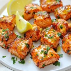 You need 1 pound of fresh salmon. Make sure it's skinless. Cut the salmon into small, bite-sized cubes. This helps them cook evenly in the air fryer. Fresh salmon gives the best taste and texture. Look for bright color and no strong smell when you shop. For the garlic butter sauce, use 4 tablespoons of unsalted butter. Melt the butter in a bowl. Add 3 cloves of minced garlic to the melted butter. The garlic gives a strong flavor. Then, mix in 1 tablespoon of finely chopped fresh parsley. This adds a nice touch of color and taste. Don't forget 1 teaspoon of lemon juice. It adds freshness to the sauce. Lastly, include ½ teaspoon of paprika, along with salt and pepper to taste. This mix creates a rich and tasty marinade. You can use lemon wedges when serving. They add a zesty flavor when squeezed over the salmon bites. The lemon brightens up the dish. It also helps cut through the richness of the garlic butter. If you want, you can sprinkle more chopped parsley on top for extra color. This makes the dish look even more appealing. Start by mixing the garlic butter marinade. In a medium bowl, add 4 tablespoons of melted butter. Next, add 3 minced garlic cloves. Then, toss in 1 tablespoon of fresh parsley, finely chopped. Squeeze in 1 teaspoon of lemon juice and sprinkle in ½ teaspoon of paprika. Finally, season with salt and pepper to taste. Stir everything well until it is blended nicely. Cut your fresh salmon into bite-sized cubes, about 1 inch each. Place the salmon cubes into your bowl with the garlic butter marinade. Gently toss the salmon until each piece is coated. Let the salmon marinate for 15 to 20 minutes. This step brings out the full flavor of the garlic butter. While the salmon marinates, preheat your air fryer to 375°F (190°C) for about 5 minutes. Lightly grease the air fryer basket. You can use cooking spray or a bit of oil to prevent sticking. Once ready, arrange the marinated salmon cubes in a single layer in the basket. Make sure they are not crowded, as air needs to flow around them. Cook the salmon bites for 7 to 10 minutes. Shake the basket halfway through for even cooking. The salmon is done when it turns golden and reaches an internal temperature of 145°F (63°C). Remove the salmon bites and serve them hot with lemon wedges for extra flavor. To get perfectly cooked salmon, focus on size. Cut your salmon into even cubes. This helps them cook at the same rate. Keep an eye on the cooking time. Check for a golden color and a soft texture. Use a meat thermometer to ensure an internal temperature of 145°F (63°C). You can boost the flavor of your salmon bites easily. Add a pinch of red pepper flakes for heat. A splash of soy sauce can add depth. Fresh herbs like dill or cilantro can brighten the dish. Don’t forget to try different citrus juices, like lime or orange, for a twist. One big mistake is overcrowding the air fryer basket. Give your salmon bites space for air to flow. This ensures they cook evenly. Also, don’t skip preheating your air fryer. It helps the salmon cook faster and more evenly. Lastly, remember to shake the basket halfway through cooking to avoid sticking and ensure an even crust. {{image_2}} You can switch up the flavors in your garlic butter marinade. Try using olive oil instead of butter for a lighter twist. Add soy sauce or honey for a sweet and savory mix. You can also use different herbs like dill or basil to change the taste. A splash of hot sauce can add a nice kick too. If you don’t have an air fryer, no worries! You can pan-sear the salmon bites in a skillet. Heat some oil over medium heat and cook for 3-4 minutes on each side. You can also bake them in the oven. Set the oven to 400°F (200°C) and cook for 12-15 minutes. Both methods give you a tasty dish. These salmon bites pair well with many sides. Try a fresh salad for a light meal. Roasted veggies or rice also make great options. For a fun twist, serve them in tacos with slaw and avocado. Don’t forget lemon wedges for a bright finish! To keep your air fryer garlic butter salmon bites fresh, store them right. First, let the salmon bites cool down to room temperature. Then, place them in an airtight container. This helps to keep moisture in and air out. You can store the salmon bites in the fridge for up to three days. Make sure to label the container with the date. This way, you won’t forget when you made them. If you want to save salmon bites for later, freezing is a great option. Place the cooled salmon bites in a freezer-safe bag or container. Try to remove as much air as possible to avoid freezer burn. You can freeze them for up to three months. When you’re ready to eat, just take them out and let them thaw in the fridge overnight. To enjoy your salmon bites again, reheating needs to be done right. You can use the air fryer for best results. Preheat the air fryer to 350°F (175°C). Place the salmon bites in the basket and heat for about 5 minutes. This will keep them crispy. You can also use a microwave, but it may make them a bit soggy. If you use the microwave, heat in short bursts to avoid overcooking. You should air fry salmon bites for 7 to 10 minutes. The exact time depends on the size of the cubes. Make sure to shake the basket halfway through. This helps them cook evenly. The salmon is ready when it turns golden and reaches an internal temp of 145°F (63°C). Yes, you can use frozen salmon for this recipe. Just make sure to thaw it first. You can do this by placing it in the fridge overnight. If you're short on time, place it in a sealed bag and submerge it in cold water. After thawing, cut it into bite-sized cubes and follow the recipe as usual. Several dipping sauces go well with garlic butter salmon bites. Here are some tasty options: - Lemon aioli: This creamy dip adds a nice zing. - Honey mustard sauce: It provides a sweet and tangy flavor. - Tartar sauce: A classic choice that complements seafood well. - Chili garlic sauce: For those who like a little heat. Feel free to experiment with different sauces to find your favorite! This guide covered how to make tasty garlic butter salmon bites. We explored the key ingredients, including fresh salmon and seasonings. I shared easy steps for marinating and cooking the salmon in an air fryer. You received helpful tips for perfecting your dish and learned about variations for added flavor. Lastly, I explained how to store leftovers properly. These bites are quick and fun to make. Enjoy your cooking adventure, and impress others with your skills.