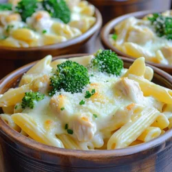 - 2 cups uncooked penne pasta - 1 lb boneless, skinless chicken breasts, diced - 3 cups alfredo sauce (store-bought or homemade) - 1 cup shredded mozzarella cheese - 1/2 cup grated Parmesan cheese - 1 cup broccoli florets (optional) - 1 teaspoon garlic powder - 1 teaspoon Italian seasoning - Salt and pepper to taste - Fresh parsley, chopped (for garnish) To create a great Slow Cooker Chicken Alfredo Bake, you need just the right ingredients. First, gather your uncooked penne pasta. This pasta holds the sauce well. Next, chop up some boneless, skinless chicken breasts. Diced chicken cooks evenly and adds protein. You can use store-bought alfredo sauce or make your own. I love using homemade sauce for extra flavor. For cheese lovers, grab some shredded mozzarella and grated Parmesan cheese. These will melt beautifully on top. Consider adding broccoli florets for color and nutrition. If you choose to include them, they cook well with the chicken and pasta. Seasoning is key! Use garlic powder and Italian seasoning to enhance the flavors. Add salt and pepper to taste for balance. Finally, fresh parsley adds a lovely touch. It brightens the dish and makes it look appealing. Now that you have your ingredients ready, you are all set to make a delicious meal! To start, layer your slow cooker with uncooked penne pasta. This makes a solid base for the dish. Next, add the diced chicken breasts right on top of the pasta. The chicken will cook down and infuse flavor. Now, pour the alfredo sauce over everything. Make sure the chicken and pasta are fully covered. If you want some greens, sprinkle broccoli florets evenly on top. This adds color and nutrients. For seasoning, sprinkle garlic powder and Italian seasoning over the mixture. Add salt and pepper to taste. Stir gently to mix everything well. This step helps ensure every bite is full of flavor. Set your slow cooker to low heat for the best results. Cooking on low allows the chicken to become tender and the pasta to cook evenly. You will want to let it cook for 3 to 4 hours. Check it around the three-hour mark. The chicken should be cooked through, and the pasta will be tender. If it looks too dry, you can stir in a little extra sauce or water. About 30 minutes before you serve, remove the lid. Sprinkle the mozzarella and Parmesan cheese on top. Cover it again to let the cheese melt. This creates a creamy and bubbly texture that everyone loves. Before serving, garnish with fresh parsley. This adds a pop of color and freshness to the dish. Serving it in individual bowls looks nice and makes it easy for everyone to enjoy. How to adjust for different pasta types You can use different pasta shapes like rotini or fusilli. Just keep an eye on the cooking time. Thinner pasta cooks faster, while thicker pasta may need a bit more time. For whole wheat pasta, add a few extra minutes to the cooking time. Substitutions for a lighter version You can swap out the heavy alfredo sauce for a lighter version, like a cauliflower sauce. Use less cheese or add more veggies to cut calories. You can also use grilled chicken instead of diced chicken for a healthier twist. Best practices for even cooking Layer your ingredients evenly in the slow cooker. This helps everything cook at the same rate. Stir gently before cooking to mix flavors without breaking the pasta. Preventing pasta from overcooking To keep the pasta from getting mushy, check on it halfway through cooking. If it looks soft, turn off the slow cooker. The heat will keep cooking the pasta a bit longer. Ideal side dishes to complement the bake Serve your Chicken Alfredo Bake with a simple salad. A side of garlic bread also pairs well. You can add steamed veggies for color and nutrition. Creative plating ideas For a nice look, serve the bake in individual bowls. Garnish with fresh parsley and a sprinkle of Parmesan. Drizzle a bit of olive oil on top for shine and flavor. {{image_2}} You can make this dish your own. Adding extra veggies boosts flavor and nutrition. Try adding spinach or bell peppers for a pop of color and taste. These veggies blend well with the creamy sauce and chicken. You can also swap the chicken for shrimp or turkey. Both options add a different twist to the dish. Shrimp cooks fast, while turkey gives a hearty feel. Feel free to get creative with these add-ins! Changing the sauce can really uplift your dish. While alfredo is classic, you might try a garlic alfredo or a spicy version. These variations can add a unique taste. You can even mix in some pesto for a herby flair. Swapping seasonings can also change the game. Instead of Italian seasoning, use Cajun spice for a kick. Or try adding lemon zest for brightness. These simple swaps make your Slow Cooker Chicken Alfredo Bake exciting and new! To keep your Slow Cooker Chicken Alfredo Bake fresh, place leftovers in an airtight container. Store it in the fridge for up to three days. Make sure the dish is completely cool before sealing it. This helps avoid condensation, which can make your meal soggy. When you’re ready to eat, reheat the leftovers in the microwave. Use a microwave-safe dish and cover it with a lid or plastic wrap. Heat it for one to two minutes. Stir halfway for even heating. If it seems dry, add a splash of milk or more alfredo sauce for added moisture. For long-term storage, you can freeze this dish. First, let it cool completely. Then, portion it into freezer-safe bags or containers. Label them with the date. You can freeze it for up to three months. To thaw, place it in the fridge overnight. For a quick option, you can also use the microwave to defrost it. Once thawed, reheat in a pot on the stove or in the microwave. Add a little water or sauce to keep it creamy. Heat until it’s hot all the way through. Enjoy your meal! This dish takes about 3 to 4 hours to cook on low heat. If you want the pasta and chicken to be tender and well-cooked, plan for the full time. The slow cooker does the work, making it easy for you. Just set it up and enjoy your day. Yes, you can use whole wheat pasta. However, it may cook a bit faster. Check it after 2.5 hours to see if it’s done. Whole wheat pasta has a different texture. It can be a bit firmer than regular pasta, but it’s a healthy choice. Just remember to adjust your cooking time to avoid overcooking. You can make this dish ahead of time. Prep it in the morning and let it cook. You can also assemble it and store it in the fridge. Just add the cheese 30 minutes before serving. This way, you still get that gooey, cheesy goodness. It’s a great option for busy days. This blog post detailed how to make a Slow Cooker Chicken Alfredo Bake. We covered the key ingredients, step-by-step instructions, and helpful tips. You saw ways to customize the dish and decided how to store leftovers. I hope these ideas inspire you to create a tasty meal easily. Enjoy experimenting with flavors and make this dish your own. Simple changes can make it a family favorite!