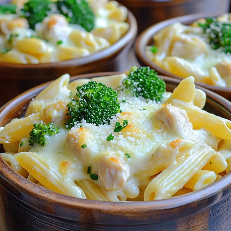 - 2 cups uncooked penne pasta - 1 lb boneless, skinless chicken breasts, diced - 3 cups alfredo sauce (store-bought or homemade) - 1 cup shredded mozzarella cheese - 1/2 cup grated Parmesan cheese - 1 cup broccoli florets (optional) - 1 teaspoon garlic powder - 1 teaspoon Italian seasoning - Salt and pepper to taste - Fresh parsley, chopped (for garnish) To create a great Slow Cooker Chicken Alfredo Bake, you need just the right ingredients. First, gather your uncooked penne pasta. This pasta holds the sauce well. Next, chop up some boneless, skinless chicken breasts. Diced chicken cooks evenly and adds protein. You can use store-bought alfredo sauce or make your own. I love using homemade sauce for extra flavor. For cheese lovers, grab some shredded mozzarella and grated Parmesan cheese. These will melt beautifully on top. Consider adding broccoli florets for color and nutrition. If you choose to include them, they cook well with the chicken and pasta. Seasoning is key! Use garlic powder and Italian seasoning to enhance the flavors. Add salt and pepper to taste for balance. Finally, fresh parsley adds a lovely touch. It brightens the dish and makes it look appealing. Now that you have your ingredients ready, you are all set to make a delicious meal! To start, layer your slow cooker with uncooked penne pasta. This makes a solid base for the dish. Next, add the diced chicken breasts right on top of the pasta. The chicken will cook down and infuse flavor. Now, pour the alfredo sauce over everything. Make sure the chicken and pasta are fully covered. If you want some greens, sprinkle broccoli florets evenly on top. This adds color and nutrients. For seasoning, sprinkle garlic powder and Italian seasoning over the mixture. Add salt and pepper to taste. Stir gently to mix everything well. This step helps ensure every bite is full of flavor. Set your slow cooker to low heat for the best results. Cooking on low allows the chicken to become tender and the pasta to cook evenly. You will want to let it cook for 3 to 4 hours. Check it around the three-hour mark. The chicken should be cooked through, and the pasta will be tender. If it looks too dry, you can stir in a little extra sauce or water. About 30 minutes before you serve, remove the lid. Sprinkle the mozzarella and Parmesan cheese on top. Cover it again to let the cheese melt. This creates a creamy and bubbly texture that everyone loves. Before serving, garnish with fresh parsley. This adds a pop of color and freshness to the dish. Serving it in individual bowls looks nice and makes it easy for everyone to enjoy. How to adjust for different pasta types You can use different pasta shapes like rotini or fusilli. Just keep an eye on the cooking time. Thinner pasta cooks faster, while thicker pasta may need a bit more time. For whole wheat pasta, add a few extra minutes to the cooking time. Substitutions for a lighter version You can swap out the heavy alfredo sauce for a lighter version, like a cauliflower sauce. Use less cheese or add more veggies to cut calories. You can also use grilled chicken instead of diced chicken for a healthier twist. Best practices for even cooking Layer your ingredients evenly in the slow cooker. This helps everything cook at the same rate. Stir gently before cooking to mix flavors without breaking the pasta. Preventing pasta from overcooking To keep the pasta from getting mushy, check on it halfway through cooking. If it looks soft, turn off the slow cooker. The heat will keep cooking the pasta a bit longer. Ideal side dishes to complement the bake Serve your Chicken Alfredo Bake with a simple salad. A side of garlic bread also pairs well. You can add steamed veggies for color and nutrition. Creative plating ideas For a nice look, serve the bake in individual bowls. Garnish with fresh parsley and a sprinkle of Parmesan. Drizzle a bit of olive oil on top for shine and flavor. {{image_2}} You can make this dish your own. Adding extra veggies boosts flavor and nutrition. Try adding spinach or bell peppers for a pop of color and taste. These veggies blend well with the creamy sauce and chicken. You can also swap the chicken for shrimp or turkey. Both options add a different twist to the dish. Shrimp cooks fast, while turkey gives a hearty feel. Feel free to get creative with these add-ins! Changing the sauce can really uplift your dish. While alfredo is classic, you might try a garlic alfredo or a spicy version. These variations can add a unique taste. You can even mix in some pesto for a herby flair. Swapping seasonings can also change the game. Instead of Italian seasoning, use Cajun spice for a kick. Or try adding lemon zest for brightness. These simple swaps make your Slow Cooker Chicken Alfredo Bake exciting and new! To keep your Slow Cooker Chicken Alfredo Bake fresh, place leftovers in an airtight container. Store it in the fridge for up to three days. Make sure the dish is completely cool before sealing it. This helps avoid condensation, which can make your meal soggy. When you’re ready to eat, reheat the leftovers in the microwave. Use a microwave-safe dish and cover it with a lid or plastic wrap. Heat it for one to two minutes. Stir halfway for even heating. If it seems dry, add a splash of milk or more alfredo sauce for added moisture. For long-term storage, you can freeze this dish. First, let it cool completely. Then, portion it into freezer-safe bags or containers. Label them with the date. You can freeze it for up to three months. To thaw, place it in the fridge overnight. For a quick option, you can also use the microwave to defrost it. Once thawed, reheat in a pot on the stove or in the microwave. Add a little water or sauce to keep it creamy. Heat until it’s hot all the way through. Enjoy your meal! This dish takes about 3 to 4 hours to cook on low heat. If you want the pasta and chicken to be tender and well-cooked, plan for the full time. The slow cooker does the work, making it easy for you. Just set it up and enjoy your day. Yes, you can use whole wheat pasta. However, it may cook a bit faster. Check it after 2.5 hours to see if it’s done. Whole wheat pasta has a different texture. It can be a bit firmer than regular pasta, but it’s a healthy choice. Just remember to adjust your cooking time to avoid overcooking. You can make this dish ahead of time. Prep it in the morning and let it cook. You can also assemble it and store it in the fridge. Just add the cheese 30 minutes before serving. This way, you still get that gooey, cheesy goodness. It’s a great option for busy days. This blog post detailed how to make a Slow Cooker Chicken Alfredo Bake. We covered the key ingredients, step-by-step instructions, and helpful tips. You saw ways to customize the dish and decided how to store leftovers. I hope these ideas inspire you to create a tasty meal easily. Enjoy experimenting with flavors and make this dish your own. Simple changes can make it a family favorite!