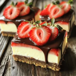 - 1 ½ cups graham cracker crumbs - 1/3 cup granulated sugar - 1/2 cup unsalted butter, melted - 8 oz cream cheese, softened - 1/2 cup powdered sugar - 1 teaspoon vanilla extract - 1 cup sour cream - 1 cup fresh strawberries, hulled and sliced - 1 cup semi-sweet chocolate chips - 1 tablespoon coconut oil - Pinch of salt To make Chocolate Covered Strawberry Cheesecake Bars, you need simple yet key ingredients. First, graham cracker crumbs form the base. They give a crunchy texture. You also need granulated sugar to sweeten the crust. Unsalted butter is crucial as it binds the crumbs together. Next, for the cheesecake filling, cream cheese is a must. It brings creaminess. Powdered sugar adds sweetness and smoothness. Vanilla extract gives a nice flavor, while sour cream adds tanginess. Fresh strawberries are essential for that fruity burst. They sit atop the cheesecake, making it beautiful. For the chocolate layer, semi-sweet chocolate chips melt well. Adding coconut oil helps the chocolate stay smooth. Finally, a pinch of salt balances the sweetness. Each ingredient plays a role. Together, they create a treat that is both tasty and visually appealing. Enjoy gathering these items; you are on your way to a delicious dessert! 1. First, preheat your oven to 325°F (160°C). Line an 8x8 inch baking pan with parchment paper. Leave some paper overhanging on two sides. This helps lift the bars out later. 2. In a medium bowl, mix 1 ½ cups of graham cracker crumbs, 1/3 cup of granulated sugar, and 1/2 cup of melted unsalted butter. Stir until it looks like wet sand. 3. Press this mixture firmly into the bottom of the pan to make a crust. Bake it for 10 minutes. After baking, let it cool a bit. 1. In a large bowl, beat 8 oz of softened cream cheese until it is smooth and creamy. This step is key for a nice texture. 2. Add in 1/2 cup of powdered sugar and 1 teaspoon of vanilla extract. Mix well until everything is combined. 3. Stir in 1 cup of sour cream. Make sure the mixture is smooth and well blended. 1. Pour the cheesecake filling over the cooled graham cracker crust. Spread it evenly across the crust. 2. Arrange 1 cup of hulled and sliced strawberries on top. You can make a pattern if you want. 3. Bake in the oven for 30-35 minutes. Look for the center to be set and only slightly jiggly. Once baked, let it cool to room temperature. 1. Before serving, melt 1 cup of semi-sweet chocolate chips with 1 tablespoon of coconut oil. Use a microwave-safe bowl and heat it carefully, stirring every 30 seconds. 2. Drizzle or dip the cooled cheesecake bars in the melted chocolate. Let it set for a few minutes. 3. Lift the cheesecake out of the pan using the parchment paper. Cut it into bars and serve. Enjoy your creation! To get a smooth cheesecake, start with your cream cheese. Make sure it’s soft, so it blends well. Use an electric mixer on medium speed to beat it until creamy. This step adds air, which helps your cheesecake rise. Cooling times are very important. After baking, let your bars cool at room temperature. Then, refrigerate them for at least 4 hours. This chilling helps the cheesecake firm up. If you skip this, your bars may not hold their shape. Avoid over-baking your cheesecake. Check for doneness at 30 minutes. The center should be set but still jiggle slightly. If you see cracks, your bars may dry out. For a great presentation, arrange fresh strawberries on top. You can slice them or keep them whole for a fun look. Drizzle some melted chocolate over the strawberries for extra flair. Pair these bars with whipped cream or vanilla ice cream. The creamy texture of the ice cream balances well with the bars. Also, consider serving with a light dessert wine. A sweet rosé or sparkling wine goes well with the flavors. Enjoy your treats with a cup of coffee or hot tea. The rich flavors of chocolate and strawberries taste amazing with a warm drink. {{image_2}} You can switch things up with different fruit toppings. Raspberries and blueberries work great! They add a nice tangy flavor. You can also try mixing strawberries with other fruits. This adds fun color and taste. Another fun change is to swap the chocolate type. Use milk chocolate for a sweeter taste. Dark chocolate gives a rich, bold flavor. Each choice makes the bars unique. If you need a gluten-free crust, use ground almonds or gluten-free cookies. They work well and taste great. You can make these bars fit your diet easily. For a dairy-free option, try using cashew cream instead of cream cheese. Coconut yogurt can replace sour cream. These swaps still keep your bars creamy and delicious. Feel free to experiment with these variations. It makes baking more fun and personal! To keep your chocolate covered strawberry cheesecake bars fresh, store them properly. First, let the bars cool completely at room temperature. Once cool, cut them into bars. - Temperature: Keep them in the fridge at 40°F (4°C) or lower. - Time: They stay fresh for up to 5 days. Use an airtight container for best results. This helps keep moisture out and preserves flavor. If you stack the bars, place parchment paper between layers to avoid sticking. If you want to save some bars for later, freezing is a great option. - How to freeze: Wrap each bar tightly in plastic wrap. Then place them in a freezer-safe bag or container. This helps prevent freezer burn. - Thawing tips: When you’re ready to enjoy, take a bar out and let it thaw in the fridge overnight. This keeps the texture nice and creamy. Remember, do not refreeze once thawed. Chocolate covered strawberry cheesecake bars last about five days in the fridge. Keep them in an airtight container. This helps maintain freshness and flavor. Yes, you can make these bars a day ahead. They taste even better after sitting overnight. Just remember to keep them chilled until serving time. To cut cheesecake bars neatly, use a sharp knife. Dip the knife in hot water before cutting. Wipe the blade after each cut to keep edges clean. Some common mistakes include overmixing the cream cheese and not cooling the crust. Overmixing can cause cracks. Cooling the crust helps the filling set better. Always follow the steps closely for the best results. This recipe gives you a tasty treat with simple steps. You learned how to make the crust, cheesecake filling, and add fresh strawberries. You also discovered tips for perfect texture and serving ideas. Try different flavors or swap ingredients to fit your needs. Storing and freezing these bars is easy, keeping them fresh. Enjoy your delicious cheesecake bars with friends or family. Now, you have all you need to impress anyone with your baking skills. Enjoy every bite!