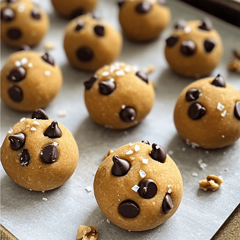 To make these tasty no bake cookie dough bites, you need just a few simple items: - 1 cup almond flour - 1/4 cup coconut flour - 1/2 cup creamy almond butter (or peanut butter) - 1/4 cup maple syrup - 1 teaspoon vanilla extract - 1/4 teaspoon sea salt - 1/2 cup mini chocolate chips These ingredients create a sweet, soft dough. The almond flour and coconut flour give it a nice texture. Almond butter adds creaminess and flavor. Maple syrup sweetens the bites while keeping them moist. You can add a few fun extras to make your bites unique: - 1/4 cup chopped walnuts (optional) Walnuts add a crunch and healthy fats. You can also try other nuts, seeds, or dried fruit. Feel free to mix in what you love! These no bake cookie dough bites are not just yummy; they are also fairly healthy. They are rich in protein and healthy fats from the almond butter and nuts. Almond flour is low in carbs, making this a great treat for many diets. One bite provides energy without the sugar crash. Enjoy them as a snack or dessert, guilt-free! Grab a large mixing bowl. This will be your space to create delicious bites. Make sure it’s clean and ready for action. First, add 1 cup of almond flour and 1/4 cup of coconut flour. Use a spoon to mix them well. Break up any lumps you find. This step helps the texture of your bites. Next, pour in 1/2 cup of creamy almond butter, 1/4 cup of maple syrup, and 1 teaspoon of vanilla extract. Don’t forget the 1/4 teaspoon of sea salt! Mix until a dough starts to form. It should be thick and sticky. Now, it’s time to shape your dough. Use your hands to scoop out tablespoon-sized portions. Roll them into balls and place them on a parchment-lined baking sheet. Keep them spaced out so they don’t stick together. Once shaped, put the baking sheet in the fridge. Chill for about 30 minutes. This helps the bites firm up. After chilling, they are ready to eat! Enjoy them as a tasty snack. Store any leftovers in an airtight container in the fridge. They stay fresh for up to a week. Mixing your dough well is key to great bites. Start with both flours in a large bowl. Whisk them together to break up any lumps. This step helps the dough blend smoothly. When you add almond butter, maple syrup, and vanilla, mix until you see a dough form. Don’t over-mix; just combine until smooth. Fold in the chocolate chips gently to keep them intact. When rolling the dough, scoop out tablespoon-sized portions. Use your hands to roll them into balls. If your hands get sticky, wet them slightly with water. This helps the dough roll easily. Place each ball on a parchment-lined sheet. Keep them spaced apart so they don’t stick together. If you want them more uniform, use a small cookie scoop. To store your cookie dough bites, place them in an airtight container. This keeps them fresh for up to a week in the fridge. You can also freeze them for longer storage. Just place them in a single layer on a baking sheet, freeze for a couple of hours, then transfer to a container. This way, you can enjoy a bite anytime! {{image_2}} You can change the nut butter to mix things up. Almond butter is great, but peanut butter works too. Cashew butter adds a creamy texture. Sunflower seed butter is a good choice for nut allergies. Each option gives a unique taste and texture to your bites. If you want a lighter version, use less syrup. You can also swap in a sugar-free syrup. For an even healthier option, try using mashed bananas or applesauce. These swaps keep the bites sweet but lower in sugar. Adding flavors can make your bites even better. Try a sprinkle of cinnamon for warmth. You can mix in shredded coconut for a tropical vibe. Nuts or seeds can add a nice crunch. Experiment with these ideas to find your favorite mix! To keep your cookie dough bites fresh, store them in an airtight container. Place them in the refrigerator. They will stay good for up to a week. This method keeps flavors intact and prevents drying. If you want to save some for later, freezing is a great option. First, place the cookie dough bites on a baking sheet. Make sure they are not touching. Freeze them for about an hour until firm. Then, transfer them to a freezer bag. Label the bag with the date. These bites can last up to three months in the freezer. You should eat the cookie dough bites within a week if stored in the fridge. If they look dry or have a strange smell, it’s best to toss them. When frozen, check for ice crystals or freezer burn. This means they are not at their best quality anymore. Always trust your senses to determine if they are still good to eat. Yes, you can swap out almond flour or coconut flour. Try using oat flour or whole wheat flour. Each flour gives the bites a unique taste and texture. Just remember that the dough might feel different. Adjust the liquid if needed for the right consistency. These cookie dough bites last about one week in the fridge. Store them in an airtight container to keep them fresh. If you want to keep them longer, you can freeze them. They stay good in the freezer for up to three months. Yes, these cookie dough bites are gluten-free. Almond flour and coconut flour do not contain gluten. Always check labels if you buy packaged flours. This ensures no hidden gluten sneaks in. To make these bites vegan, use maple syrup as the sweetener. Almond butter is already vegan, which is great. Ensure that the chocolate chips are dairy-free as well. This way, you can enjoy a tasty treat that fits your diet. Absolutely! You can use peanut butter or sunflower seed butter. Each nut butter adds its flavor and creaminess. Just make sure to choose one that works for your taste and any allergies. No bake cookie dough bites are simple and fun to make. We covered ingredients, step-by-step instructions, and useful tips to ensure success. You can customize them with various add-ins and try different nut butters for unique flavors. Storing these bites correctly keeps them fresh for longer. I hope you feel ready to create your own delicious treats. Enjoy experimenting with your favorite flavors and sharing them with friends and family!