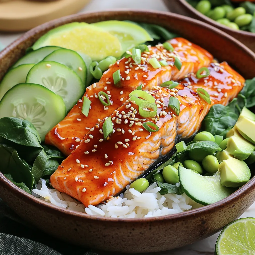 - 2 salmon fillets - 1 tablespoon sweet chili sauce - 1 tablespoon soy sauce - 1 teaspoon sesame oil - 1 cup cooked jasmine rice - 1 cup baby spinach - 1/2 cucumber, thinly sliced - 1/2 avocado, sliced - 1/4 cup edamame (shelled) - 2 tablespoons chopped green onions - Sesame seeds for garnish - Lime wedges for serving The star of this dish is the salmon. It brings rich flavor and healthy fats. The marinade is key. Sweet chili sauce, soy sauce, and sesame oil blend well. This mix gives the fish a tasty kick. You also need jasmine rice. It makes a nice base for the bowl. Baby spinach adds color and crunch. Then, the toppings really bring it all together. Cucumber gives a refreshing bite. The avocado adds creaminess. Edamame brings a pop of protein. Green onions finish the dish with a bit of sharpness. Don't forget the lime wedges. They add the perfect zing when you squeeze them on top. This mix of ingredients makes a quick and tasty meal that you will love. To start, mix your marinade. In a small bowl, combine: - 1 tablespoon sweet chili sauce - 1 tablespoon soy sauce - 1 teaspoon sesame oil This mix gives the salmon a sweet and savory taste. Place your salmon fillets in a shallow dish. Pour the marinade over them, ensuring they are well-coated. Let the salmon sit for about 5 minutes. This short time is enough to soak in all that flavor. Next, we will cook the salmon. Heat a non-stick skillet over medium-high heat. Add the marinated salmon fillets skin-side down. Cook them for 3 to 4 minutes. This helps the skin get crispy. After that, flip the salmon. Cook for another 3 minutes or until it is flaky and fully cooked. Crispy skin makes a huge difference in texture. Now, let’s put together the bowls. Start with a scoop of cooked jasmine rice as the base. On top of the rice, add a layer of baby spinach. Then, arrange slices of cucumber, avocado, and edamame on top. Slice the cooked salmon fillets and place them on the veggies and rice. For a nice finish, sprinkle with chopped green onions and sesame seeds. Serve with lime wedges for a fresh zesty kick. This not only looks nice but also adds flavor. For the best salmon, cooking times matter. Thicker fillets take longer to cook. If your fillet is about one inch thick, cook it for 3-4 minutes on each side. For thicker pieces, add one extra minute. Always check if it flakes easily with a fork. Marination time also plays a big role. If you like bolder flavors, let the salmon sit in the marinade for 10-15 minutes. This extra time lets the sweet chili sauce soak in more. Just be careful not to over-marinate, as it can make the fish too salty. To make your salmon bowls shine, serve them with sides that balance the dish. I love pairing it with steamed broccoli or a light salad. This adds crunch and freshness. For toppings, consider adding sliced radishes or pickled ginger. They bring a zesty kick that enhances the flavors. You can also drizzle more sweet chili sauce on top for extra sweetness. Don't forget the lime wedges; they bring a bright note that ties everything together. {{image_2}} You can change the salmon to chicken or tofu for different tastes. For chicken, use boneless, skinless breasts. Cook them the same way you cook salmon. For tofu, press it to remove extra water. Cut it into cubes and marinate like salmon. The sweet chili sauce works well with all these proteins. You can also tweak the marinade. Add garlic or ginger for more flavor. If you want a different base, try quinoa or brown rice. Quinoa cooks fast and adds protein. Brown rice gives a nutty taste and is hearty. Both are great options if you want to be gluten-free. Use any of these grains for a filling meal. You can also serve it over cauliflower rice for a low-carb choice. Using seasonal veggies makes the dish fresh and fun. Try bell peppers, snap peas, or carrots in the mix. You can swap veggies based on what you like. If you want crunch, use radishes or add roasted sweet potatoes for sweetness. These changes keep your meal exciting and colorful. It’s all about what you enjoy and what’s available! Leftover Minute Sweet Chili Salmon Bowls last for about three days in the fridge. Store the salmon and rice separately from the veggies. This helps keep the flavors fresh. Use airtight containers to keep everything safe from air. Before serving, check for any signs of spoilage, like odd smells or changes in texture. You can freeze these salmon bowls for up to one month. However, I recommend freezing only the salmon and rice. The veggies do not freeze well. To freeze, place the salmon and rice in freezer-safe bags. Make sure to remove as much air as possible. When ready to eat, thaw overnight in the fridge. To reheat, place the salmon and rice in a skillet on low heat. Stir gently to warm them through. You can also microwave them for a quick option, but cover them to keep moisture. Add fresh veggies and toppings after reheating for the best taste! The salmon needs to marinate for about 5 minutes. This short time allows the flavors to soak in. You can adjust the time slightly if you want a stronger taste, but 5 minutes works well. Yes, you can make this recipe ahead of time. You can prepare the marinade and cut your veggies. Just store them in the fridge. The salmon cooks quickly, so cook it fresh for the best taste. If you don't have sweet chili sauce, try mixing honey with some hot sauce. This gives you a sweet and spicy flavor. You can also use a mix of ketchup and sriracha for a similar taste. This recipe can fit well into a weight loss plan. Salmon is high in protein and healthy fats. The veggies add fiber and nutrients. Just watch the portion sizes of rice and sauce for a balanced meal. This recipe shows you how to make a tasty salmon bowl. You learned about marinating, cooking, and assembling the dish. Each step helps you create a meal that’s both delicious and fun. Try the different proteins and grains to keep it fresh. Remember the tips for cooking and storing leftovers. This bowl will be a hit at your table. Enjoy making it your own with seasonal veggies and new flavors. You now have all you need to impress friends and family with your cooking skills!
