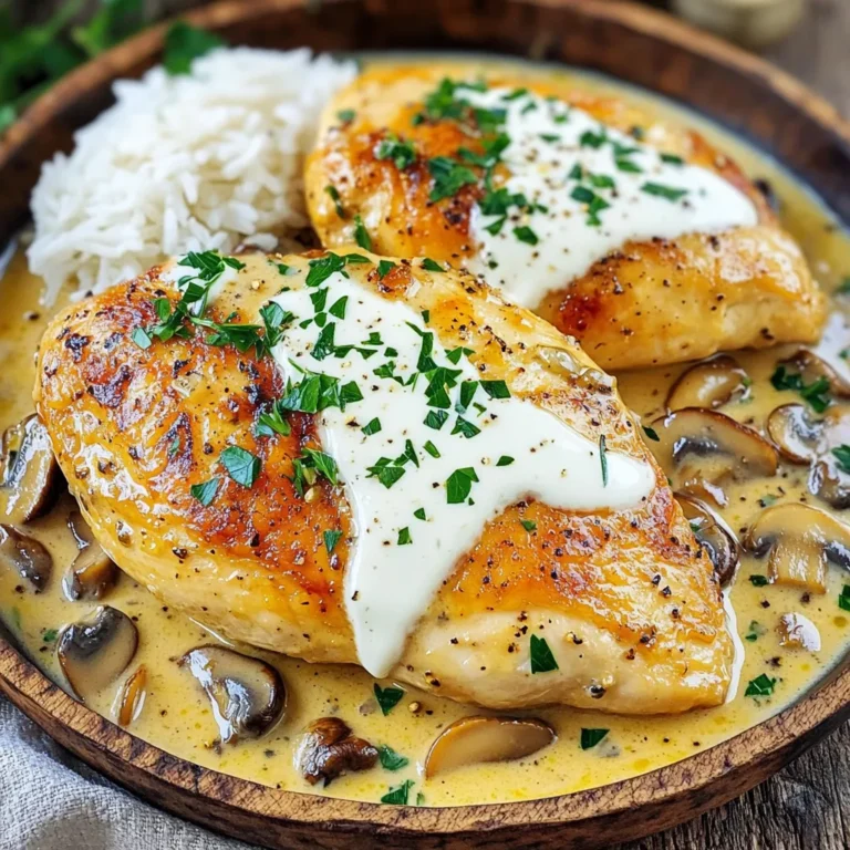 To make the creamy mushroom chicken skillet, gather these fresh ingredients: - 2 boneless, skinless chicken breasts - 1 cup sliced mushrooms (button or cremini) - 1 small onion, finely chopped - 2 cloves garlic, minced - 1 cup heavy cream - 1 cup chicken broth - 1 teaspoon dried thyme - 1 teaspoon paprika - Salt and pepper to taste - 2 tablespoons olive oil - Fresh parsley, chopped (for garnish) You can add a few twists to your dish for extra flavor: - Spinach for a pop of color and nutrition - Parmesan cheese for a rich, cheesy sauce - Sun-dried tomatoes for a tangy kick - Lemon zest for a fresh, bright taste The quality of your ingredients matters. Use fresh chicken for the best flavor. Choose mushrooms that are firm and dry. Look for onions that feel heavy for their size. Good heavy cream will make your sauce rich and smooth. Always taste as you cook to adjust seasoning. Fresh herbs like parsley enhance the dish's look and taste. Quality ingredients lead to a perfect creamy mushroom chicken skillet. First, season the chicken breasts. Use salt, pepper, paprika, and thyme. Make sure to coat both sides well. Next, chop the onion and mince the garlic. Slice the mushrooms into thin pieces. These steps help build great flavor. Heat olive oil in a large skillet over medium-high heat. When hot, add the seasoned chicken. Cook for about 5-7 minutes on each side. Look for a golden brown color. Once cooked, take the chicken out and set it aside. In the same skillet, add the chopped onion and sliced mushrooms. Sauté for about 5 minutes. Wait until the onions look clear and the mushrooms brown. Then, add the minced garlic. Cook it for about 30 seconds. Stir to avoid burning. Next, pour in the chicken broth. Scrape the skillet to get all the tasty bits. Bring it to a gentle simmer. After that, stir in the heavy cream. Let the sauce simmer for 3-4 minutes. This thickens the sauce nicely. Finally, return the chicken to the skillet. Spoon the creamy mushroom sauce over the chicken. Let it simmer for another 2-3 minutes. This warms the chicken through. Taste the sauce and add more salt or pepper if needed. Remove the skillet from heat. Garnish with freshly chopped parsley. This adds a pop of color and flavor. Serve the creamy mushroom chicken on a plate. Pour extra sauce on top for a tasty finish. Pair it with steamed vegetables or rice. Enjoy this comforting meal! To make this creamy mushroom chicken skillet shine, follow these tips: - Choose the Right Chicken: Use fresh, boneless, skinless chicken breasts for the best flavor. - Season Well: Don’t skimp on salt, pepper, and spices. They bring the dish to life. - Sauté the Mushrooms: Cook mushrooms until they are golden brown. This adds depth to the sauce. - Use Heavy Cream: Heavy cream gives the sauce a rich, smooth texture. It makes a big difference. - Simmer Gently: Let the sauce simmer steadily. This helps it thicken nicely. Many home cooks make these mistakes: - Overcooking Chicken: Cook chicken just until golden. This keeps it juicy and tender. - Not Scraping the Pan: Always scrape the bottom of the skillet. This adds great flavor to the sauce. - Skipping the Garnish: Fresh parsley adds a pop of color and brightens the dish. Don't skip it! - Ignoring Taste Testing: Always taste and adjust seasoning before serving. It’s key for perfect flavor. Having the right tools makes cooking easier: - Large Skillet: A heavy skillet helps with even cooking and browning. - Wooden Spoon: Use it for stirring and scraping the pan easily. - Meat Thermometer: Check chicken doneness accurately. It should reach 165°F. - Sharp Knife: A good knife is essential for chopping onions and mushrooms. - Measuring Cups: Use them to measure cream and broth for consistency. {{image_2}} You can boost the nutrition of your creamy mushroom chicken by adding more vegetables. Try adding spinach, peas, or bell peppers. These veggies add color and flavor. Chop them small and add them when you sauté the onion and mushrooms. This keeps them tender but still adds crunch. If you want to switch up the protein, you have options. You can use turkey cutlets or pork chops instead of chicken. For a vegetarian choice, try firm tofu or tempeh. Cook them the same way as the chicken. This way, you keep the creamy sauce and rich flavors. To enhance flavors, consider experimenting with sauces. A splash of soy sauce can add depth. For a kick, try adding hot sauce or a sprinkle of red pepper flakes. You could also mix in a tablespoon of Dijon mustard for a tangy twist. These small changes will make a big difference in taste. To keep your creamy mushroom chicken fresh, place it in an airtight container. Make sure to let it cool down before sealing. Store it in the fridge for up to three days. If you have extra sauce, store that in a separate container. This keeps the chicken from getting soggy. When you're ready to enjoy the leftovers, reheat them gently. You can use the stovetop or microwave. If using the stovetop, warm it over low heat. Stir often to avoid burning. If using a microwave, heat in short bursts, about 30 seconds at a time. Stir well between each burst. Make sure it's hot all the way through before eating. You can freeze creamy mushroom chicken for later! First, let it cool completely. Then, place it in a freezer-safe container or bag. Remove as much air as possible to prevent freezer burn. Mark the date on the container. It will stay good for up to three months. When you're ready to eat it, thaw it in the fridge overnight before reheating. Yes, you can use frozen chicken. Just make sure to thaw it first. You can leave it in the fridge overnight. If you’re short on time, you can use the microwave to defrost it. Once thawed, season it as you would fresh chicken. Cook it for a bit longer in the skillet. Check that the internal temperature reaches 165°F. This keeps your meal safe and tasty. If you need a substitute for heavy cream, there are a few options. You can use half-and-half for a lighter sauce. You can also blend silken tofu with a bit of milk for a creamy texture. Another option is using coconut milk for a dairy-free version. You may need to adjust seasonings to match your taste. These substitutes still give a nice richness to the dish. To make this dish healthier, consider a few simple swaps. Use skinless chicken thighs instead of breasts for more flavor. You can replace heavy cream with low-fat yogurt or cashew cream. Add more veggies, like spinach or bell peppers, for added nutrients. Using less oil can also cut down on calories. These changes keep the dish delicious while being better for you. This blog post covered essential ingredients, step-by-step instructions, and helpful tips for cooking. You learned about ingredient quality, preparation, and common mistakes to avoid. We also discussed tasty variations and how to store leftovers properly. Use this guide to enhance your cooking skills and create a delicious dish. Trust the process, enjoy experimenting, and remember: practice makes perfect!