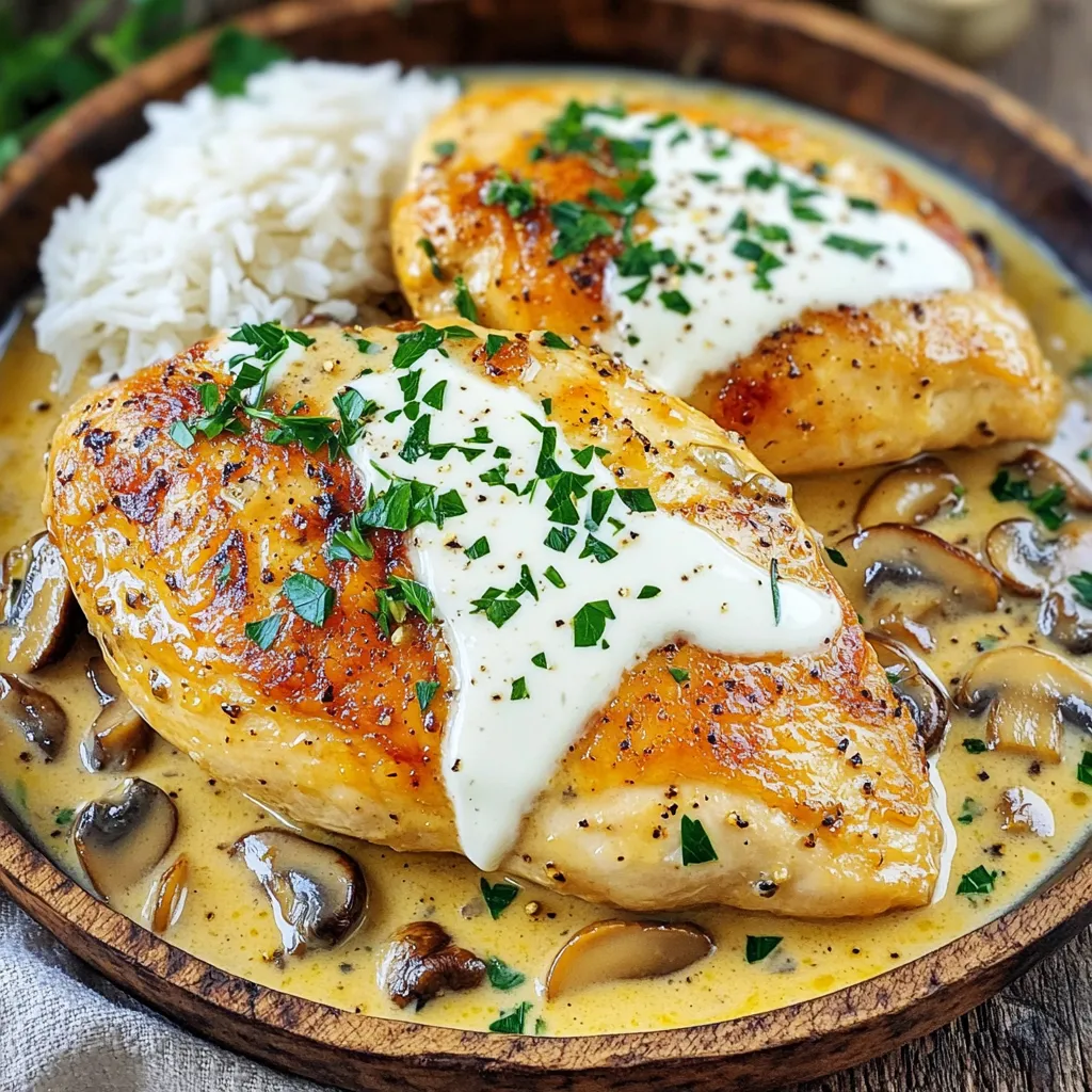 To make the creamy mushroom chicken skillet, gather these fresh ingredients: - 2 boneless, skinless chicken breasts - 1 cup sliced mushrooms (button or cremini) - 1 small onion, finely chopped - 2 cloves garlic, minced - 1 cup heavy cream - 1 cup chicken broth - 1 teaspoon dried thyme - 1 teaspoon paprika - Salt and pepper to taste - 2 tablespoons olive oil - Fresh parsley, chopped (for garnish) You can add a few twists to your dish for extra flavor: - Spinach for a pop of color and nutrition - Parmesan cheese for a rich, cheesy sauce - Sun-dried tomatoes for a tangy kick - Lemon zest for a fresh, bright taste The quality of your ingredients matters. Use fresh chicken for the best flavor. Choose mushrooms that are firm and dry. Look for onions that feel heavy for their size. Good heavy cream will make your sauce rich and smooth. Always taste as you cook to adjust seasoning. Fresh herbs like parsley enhance the dish's look and taste. Quality ingredients lead to a perfect creamy mushroom chicken skillet. First, season the chicken breasts. Use salt, pepper, paprika, and thyme. Make sure to coat both sides well. Next, chop the onion and mince the garlic. Slice the mushrooms into thin pieces. These steps help build great flavor. Heat olive oil in a large skillet over medium-high heat. When hot, add the seasoned chicken. Cook for about 5-7 minutes on each side. Look for a golden brown color. Once cooked, take the chicken out and set it aside. In the same skillet, add the chopped onion and sliced mushrooms. Sauté for about 5 minutes. Wait until the onions look clear and the mushrooms brown. Then, add the minced garlic. Cook it for about 30 seconds. Stir to avoid burning. Next, pour in the chicken broth. Scrape the skillet to get all the tasty bits. Bring it to a gentle simmer. After that, stir in the heavy cream. Let the sauce simmer for 3-4 minutes. This thickens the sauce nicely. Finally, return the chicken to the skillet. Spoon the creamy mushroom sauce over the chicken. Let it simmer for another 2-3 minutes. This warms the chicken through. Taste the sauce and add more salt or pepper if needed. Remove the skillet from heat. Garnish with freshly chopped parsley. This adds a pop of color and flavor. Serve the creamy mushroom chicken on a plate. Pour extra sauce on top for a tasty finish. Pair it with steamed vegetables or rice. Enjoy this comforting meal! To make this creamy mushroom chicken skillet shine, follow these tips: - Choose the Right Chicken: Use fresh, boneless, skinless chicken breasts for the best flavor. - Season Well: Don’t skimp on salt, pepper, and spices. They bring the dish to life. - Sauté the Mushrooms: Cook mushrooms until they are golden brown. This adds depth to the sauce. - Use Heavy Cream: Heavy cream gives the sauce a rich, smooth texture. It makes a big difference. - Simmer Gently: Let the sauce simmer steadily. This helps it thicken nicely. Many home cooks make these mistakes: - Overcooking Chicken: Cook chicken just until golden. This keeps it juicy and tender. - Not Scraping the Pan: Always scrape the bottom of the skillet. This adds great flavor to the sauce. - Skipping the Garnish: Fresh parsley adds a pop of color and brightens the dish. Don't skip it! - Ignoring Taste Testing: Always taste and adjust seasoning before serving. It’s key for perfect flavor. Having the right tools makes cooking easier: - Large Skillet: A heavy skillet helps with even cooking and browning. - Wooden Spoon: Use it for stirring and scraping the pan easily. - Meat Thermometer: Check chicken doneness accurately. It should reach 165°F. - Sharp Knife: A good knife is essential for chopping onions and mushrooms. - Measuring Cups: Use them to measure cream and broth for consistency. {{image_2}} You can boost the nutrition of your creamy mushroom chicken by adding more vegetables. Try adding spinach, peas, or bell peppers. These veggies add color and flavor. Chop them small and add them when you sauté the onion and mushrooms. This keeps them tender but still adds crunch. If you want to switch up the protein, you have options. You can use turkey cutlets or pork chops instead of chicken. For a vegetarian choice, try firm tofu or tempeh. Cook them the same way as the chicken. This way, you keep the creamy sauce and rich flavors. To enhance flavors, consider experimenting with sauces. A splash of soy sauce can add depth. For a kick, try adding hot sauce or a sprinkle of red pepper flakes. You could also mix in a tablespoon of Dijon mustard for a tangy twist. These small changes will make a big difference in taste. To keep your creamy mushroom chicken fresh, place it in an airtight container. Make sure to let it cool down before sealing. Store it in the fridge for up to three days. If you have extra sauce, store that in a separate container. This keeps the chicken from getting soggy. When you're ready to enjoy the leftovers, reheat them gently. You can use the stovetop or microwave. If using the stovetop, warm it over low heat. Stir often to avoid burning. If using a microwave, heat in short bursts, about 30 seconds at a time. Stir well between each burst. Make sure it's hot all the way through before eating. You can freeze creamy mushroom chicken for later! First, let it cool completely. Then, place it in a freezer-safe container or bag. Remove as much air as possible to prevent freezer burn. Mark the date on the container. It will stay good for up to three months. When you're ready to eat it, thaw it in the fridge overnight before reheating. Yes, you can use frozen chicken. Just make sure to thaw it first. You can leave it in the fridge overnight. If you’re short on time, you can use the microwave to defrost it. Once thawed, season it as you would fresh chicken. Cook it for a bit longer in the skillet. Check that the internal temperature reaches 165°F. This keeps your meal safe and tasty. If you need a substitute for heavy cream, there are a few options. You can use half-and-half for a lighter sauce. You can also blend silken tofu with a bit of milk for a creamy texture. Another option is using coconut milk for a dairy-free version. You may need to adjust seasonings to match your taste. These substitutes still give a nice richness to the dish. To make this dish healthier, consider a few simple swaps. Use skinless chicken thighs instead of breasts for more flavor. You can replace heavy cream with low-fat yogurt or cashew cream. Add more veggies, like spinach or bell peppers, for added nutrients. Using less oil can also cut down on calories. These changes keep the dish delicious while being better for you. This blog post covered essential ingredients, step-by-step instructions, and helpful tips for cooking. You learned about ingredient quality, preparation, and common mistakes to avoid. We also discussed tasty variations and how to store leftovers properly. Use this guide to enhance your cooking skills and create a delicious dish. Trust the process, enjoy experimenting, and remember: practice makes perfect!