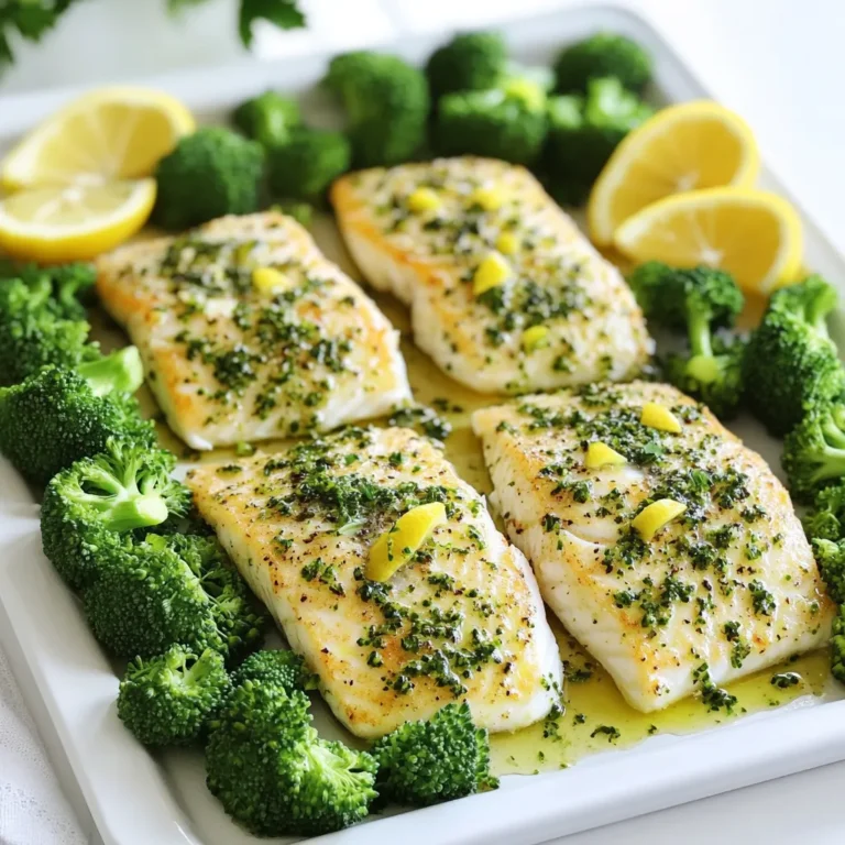 To make Lemon Herb Tilapia & Broccoli Sheet-Pan, gather these simple ingredients: - 4 tilapia fillets - 2 cups broccoli florets - 2 tablespoons olive oil - 2 tablespoons fresh lemon juice - 2 teaspoons lemon zest - 1 teaspoon garlic powder - 1 teaspoon dried oregano - 1 teaspoon dried thyme - Salt and pepper, to taste - Lemon wedges, for serving - Fresh parsley, chopped (for garnish) Each ingredient plays a key role in this dish. The tilapia fillets provide a mild, flaky fish that pairs perfectly with bright lemon and fragrant herbs. Broccoli florets add a nice crunch and vibrant color to the plate. Olive oil helps to keep everything moist and enhances the flavors. Lemon juice and zest bring a fresh, zesty kick that brightens the dish. The garlic powder, oregano, and thyme add depth and warmth to the flavor profile. Salt and pepper round it all out, ensuring each bite is tasty. Optional garnishes like lemon wedges and fresh parsley not only add color but also a burst of flavor right before eating. This combination of ingredients makes for a delicious and healthy meal that is quick to prepare. 1. Preheat your oven to 400°F (200°C). This step gets your oven ready for baking. Line a baking sheet with parchment paper. This makes cleanup easy and helps the food not stick. 2. Whisk together the lemon herb mixture. In a small bowl, combine 2 tablespoons of olive oil, 2 tablespoons of fresh lemon juice, and 2 teaspoons of lemon zest. Add 1 teaspoon of garlic powder, 1 teaspoon of dried oregano, 1 teaspoon of dried thyme, and salt and pepper to taste. Mix well until all the ingredients blend. 3. Arrange the ingredients on the sheet pan. Place 4 tilapia fillets in the center of the pan. Pour half of the lemon herb mixture over the tilapia. Use a spoon to make sure the fish is covered. On one side, add 2 cups of broccoli florets. Drizzle the rest of the lemon herb mixture over the broccoli and toss lightly to coat. 1. Bake the sheet pan in the preheated oven. Set your timer for 15-20 minutes. The tilapia should be cooked through and flake easily with a fork. The broccoli should be tender but still bright green. 2. Look for visual signs of doneness. The tilapia will look opaque and should easily break apart. The broccoli should be soft but not overcooked. Once done, take the pan out of the oven and let it rest for a few minutes before serving. To keep the tilapia moist, you want to avoid overcooking it. Fish cooks fast. Bake it for 15 to 20 minutes. Check the fish at 15 minutes. It should flake easily with a fork. If it’s dry, you may have baked it too long. For the broccoli, make sure the florets are cut into similar sizes. This helps them cook evenly. Toss the broccoli in the lemon herb mix. This adds flavor and helps with cooking. Spread the broccoli out on the pan. This allows heat to reach all sides. When serving this dish, place the tilapia in the center of the plate. Arrange the broccoli around it. Squeeze fresh lemon juice over the fish for an extra zing. Sprinkle chopped parsley on top for a nice look. Pair this meal with a light salad or some crusty bread. A glass of white wine goes well too. Try a crisp Sauvignon Blanc or a refreshing sparkling water. These drinks balance the flavors nicely. {{image_2}} If you can't find tilapia, don't worry! You can use other fish. Cod or haddock are great options. They both cook well and taste mild. You could also try shrimp or chicken if you prefer. For vegetables, broccoli shines, but you have choices. Asparagus, green beans, or bell peppers work well, too. Just make sure to cut them into similar sizes. This way, they cook evenly. Adding spices can really boost the taste. Try paprika or cayenne for a kick. You can also use a splash of soy sauce or honey for a sweet touch. Marinades add depth, so get creative! Herb combinations can change the dish. Basil or cilantro give a fresh twist. You could also mix in dill or rosemary for a new flavor. This dish is all about your taste. So, have fun with it! To keep your Lemon Herb Tilapia and broccoli fresh, follow these tips: - Refrigeration: Place leftovers in an airtight container. This keeps the fish and broccoli moist. Store them in the fridge for up to three days. - Freezing: You can freeze the tilapia and broccoli, but it’s best to separate them. Wrap each in plastic wrap, then place in a freezer bag. They can last up to three months. When you're ready to enjoy your leftovers, here’s how to reheat them: - Oven Method: Preheat your oven to 350°F (175°C). Place the tilapia and broccoli on a baking sheet. Cover with foil to avoid drying out. Heat for about 10-15 minutes until warm. - Microwave Method: Use a microwave-safe plate. Cover with a damp paper towel. Heat in short bursts of 30 seconds, checking for warmth. This helps keep the fish tender and the broccoli bright. Enjoy your meal without losing the great flavors! You can tell tilapia is done when it flakes easily with a fork. The fish should be opaque and white throughout. If it looks shiny and translucent, it needs more time. The cooking time is usually around 15 to 20 minutes at 400°F (200°C). Use a food thermometer if you want to be sure. The internal temperature should reach 145°F (63°C). Yes, you can use fresh herbs! Fresh herbs bring bright flavors to the dish. If you use fresh herbs, double the amount compared to dried. For example, use 2 teaspoons of fresh oregano instead of 1 teaspoon of dried. Chop them finely before adding to the lemon herb mixture. Absolutely! This recipe works great for meal prep. You can cook a batch and store it in airtight containers. The tilapia and broccoli can stay fresh for up to three days in the fridge. Just reheat in the microwave or oven when you are ready to eat. Feel free to mix and match sides for variety throughout the week. This blog post covered a simple, tasty tilapia recipe using fresh ingredients. We discussed preparation steps, cooking tips, and variations to suit your taste. You can make it your own with different veggies or herbs. Remember to follow the storage guidelines to enjoy leftovers later. This dish is quick to prepare and packed with flavor. You can impress family and friends without much hassle. Exploring these ideas will help you create a delicious meal every time. Enjoy your cooking journey!