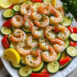 - 1 pound large shrimp, peeled and deveined - 2 medium zucchinis, sliced into half-moons - 1 medium red bell pepper, chopped - 4 cloves garlic, minced - 3 tablespoons olive oil - 1 lemon, juiced and zested - 1 teaspoon Italian seasoning - Salt and pepper to taste - Fresh parsley, chopped (for garnish) The key to this dish lies in the fresh ingredients. Start with large shrimp. They add a nice bite and flavor. Make sure they are peeled and deveined. This saves time and makes eating easy. Next, I use zucchinis. They cook quickly and add a nice crunch. Slice them into half-moons for even cooking. Don't forget the red bell pepper! It brings a sweet flavor and vibrant color. When you mix these main ingredients, they create a colorful plate. Now, let's talk about the seasoning and marinade. Garlic is a must! I use four cloves, minced, to pack in flavor. Olive oil helps the shrimp and veggies roast well. The juice and zest from one lemon brighten the dish. Italian seasoning adds a lovely herby touch. Finally, sprinkle salt and pepper to taste. For garnishing, I love using fresh parsley. It adds color and a fresh taste. When serving, don't hold back on this garnish. It makes the dish stand out! - Preheat the oven to 400°F (200°C). - In a large mixing bowl, combine olive oil, lemon juice, lemon zest, minced garlic, Italian seasoning, salt, and pepper. Whisk until well combined. - Add the shrimp, zucchini slices, and chopped red bell pepper into the bowl. - Toss everything until the shrimp and vegetables are evenly coated with the marinade. - Line a large baking sheet with parchment paper. - Spread the mixture out evenly on the sheet, ensuring the shrimp and veggies are in a single layer for even cooking. - Bake in the preheated oven for about 15-20 minutes, or until the shrimp are pink and cooked through, and the zucchinis are tender crisp. To get the best result, place the shrimp and veggies in a single layer on the baking sheet. This way, they cook evenly. If they overlap, the shrimp may steam instead of roast. To check if your shrimp are done, look for a pink color. They should curl slightly but not be tough. If unsure, cut one open; it should be opaque without any gray parts. You can add extra flavors to your dish. Try a pinch of red pepper flakes for heat or some smoked paprika for depth. Fresh herbs like thyme or basil can also brighten the taste. If you want variety, swap out the red bell pepper for yellow or green. You could even add cherry tomatoes or asparagus for a colorful twist. When serving, scoop the shrimp and zucchini onto a large platter. Garnish with fresh lemon wedges and parsley for a bright look. This makes the dish pop! For sides, consider serving quinoa or a nice crusty bread. Both will soak up the great flavors, making each bite even more delicious. {{image_2}} You can easily swap shrimp for chicken or tofu. Chicken adds a different flavor and texture. Tofu is a great choice for a vegetarian meal. Both options work well with the lemon and garlic. You can also try other shellfish. Scallops or lobster are tasty choices. They add a touch of luxury to this dish. Just adjust cooking times to avoid overcooking. Feel free to change up the veggies. Broccoli, asparagus, or bell peppers work nicely. They bring vibrant colors and flavors to the mix. You can also use seasonal vegetables. In spring, try fresh peas or snap peas. In the fall, add sweet potatoes or Brussels sprouts. They enhance the dish's taste and nutrition. If you want to grill instead of bake, it’s easy! Just preheat your grill to medium heat. Use skewers to hold the shrimp and veggies. Grill for about 8-10 minutes, turning often. For an Instant Pot version, mix everything in the pot. Add a cup of water and cook on high pressure for 2-3 minutes. Quick release the pressure and enjoy! To keep your Lemon Garlic Shrimp and Zucchini fresh, store it in an airtight container. This prevents moisture loss and keeps flavors intact. Make sure to let it cool before sealing. It lasts up to 3 days in the fridge. If you want to eat it later, freezing is a great option. To freeze leftovers, first, place the dish in a single layer on a baking sheet. Freeze it for about 1-2 hours until solid. Then, transfer it to a freezer-safe bag or container. Be sure to squeeze out excess air. It can stay good for about 2 months in the freezer. When you’re ready to eat, thaw it in the fridge overnight. To reheat, use a skillet over medium heat. Stir gently until heated through. You can also microwave it, but be careful not to overcook the shrimp. Enjoy your meal again! How to know when shrimp are done cooking? Shrimp cook fast. When they turn pink and curl into a "C" shape, they are done. You can also cut one open to check for a clear, opaque center. Can I make this recipe ahead of time? Yes, you can prep the shrimp and veggies ahead. Marinate them and store in the fridge for up to 2 hours. This saves time when you are ready to cook. Is this recipe gluten-free? Yes, this recipe is gluten-free. All the ingredients used, like shrimp and zucchini, are safe for those avoiding gluten. Suitable substitutions for dairy-free diets This recipe is dairy-free as it stands. If you want to add creaminess, use a dairy-free yogurt or cashew cream for a tasty twist. What to serve with Lemon Garlic Shrimp and Zucchini? I love to serve this dish with quinoa or a crusty bread. Both soak up the lemony sauce well. Can I serve this as a meal prep option? Absolutely! This dish is great for meal prep. Once cooked, it stays fresh in the fridge for up to three days. Just reheat and enjoy! This recipe blends shrimp, zucchini, and bell pepper for a tasty dish. We marinate with simple ingredients like garlic, lemon, and Italian spices. Baking keeps it easy and healthy. You can adjust flavors based on your taste and try different cooking methods. Whether you serve it fresh or freeze leftovers, it remains versatile. Enjoy this dish as a meal prep option or with your favorite sides. It’s sure to please everyone at the table!