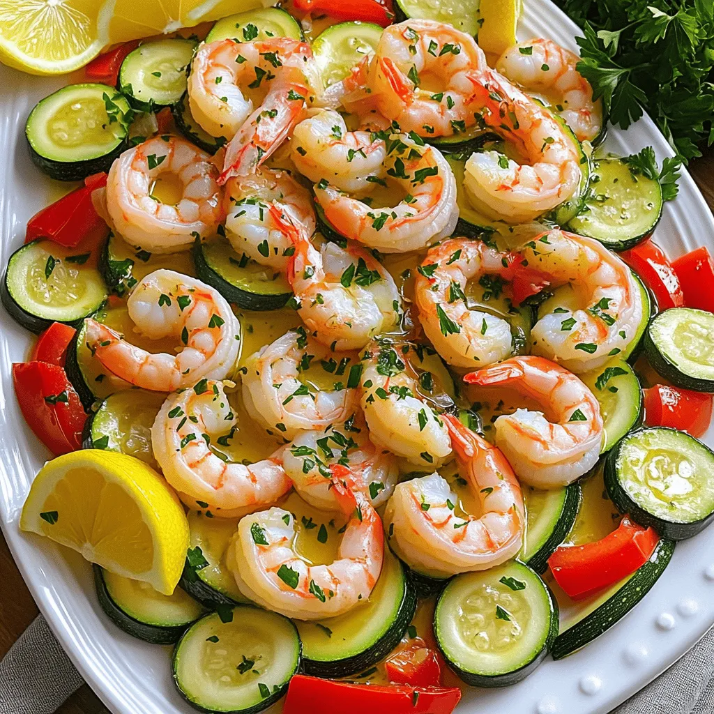 - 1 pound large shrimp, peeled and deveined - 2 medium zucchinis, sliced into half-moons - 1 medium red bell pepper, chopped - 4 cloves garlic, minced - 3 tablespoons olive oil - 1 lemon, juiced and zested - 1 teaspoon Italian seasoning - Salt and pepper to taste - Fresh parsley, chopped (for garnish) The key to this dish lies in the fresh ingredients. Start with large shrimp. They add a nice bite and flavor. Make sure they are peeled and deveined. This saves time and makes eating easy. Next, I use zucchinis. They cook quickly and add a nice crunch. Slice them into half-moons for even cooking. Don't forget the red bell pepper! It brings a sweet flavor and vibrant color. When you mix these main ingredients, they create a colorful plate. Now, let's talk about the seasoning and marinade. Garlic is a must! I use four cloves, minced, to pack in flavor. Olive oil helps the shrimp and veggies roast well. The juice and zest from one lemon brighten the dish. Italian seasoning adds a lovely herby touch. Finally, sprinkle salt and pepper to taste. For garnishing, I love using fresh parsley. It adds color and a fresh taste. When serving, don't hold back on this garnish. It makes the dish stand out! - Preheat the oven to 400°F (200°C). - In a large mixing bowl, combine olive oil, lemon juice, lemon zest, minced garlic, Italian seasoning, salt, and pepper. Whisk until well combined. - Add the shrimp, zucchini slices, and chopped red bell pepper into the bowl. - Toss everything until the shrimp and vegetables are evenly coated with the marinade. - Line a large baking sheet with parchment paper. - Spread the mixture out evenly on the sheet, ensuring the shrimp and veggies are in a single layer for even cooking. - Bake in the preheated oven for about 15-20 minutes, or until the shrimp are pink and cooked through, and the zucchinis are tender crisp. To get the best result, place the shrimp and veggies in a single layer on the baking sheet. This way, they cook evenly. If they overlap, the shrimp may steam instead of roast. To check if your shrimp are done, look for a pink color. They should curl slightly but not be tough. If unsure, cut one open; it should be opaque without any gray parts. You can add extra flavors to your dish. Try a pinch of red pepper flakes for heat or some smoked paprika for depth. Fresh herbs like thyme or basil can also brighten the taste. If you want variety, swap out the red bell pepper for yellow or green. You could even add cherry tomatoes or asparagus for a colorful twist. When serving, scoop the shrimp and zucchini onto a large platter. Garnish with fresh lemon wedges and parsley for a bright look. This makes the dish pop! For sides, consider serving quinoa or a nice crusty bread. Both will soak up the great flavors, making each bite even more delicious. {{image_2}} You can easily swap shrimp for chicken or tofu. Chicken adds a different flavor and texture. Tofu is a great choice for a vegetarian meal. Both options work well with the lemon and garlic. You can also try other shellfish. Scallops or lobster are tasty choices. They add a touch of luxury to this dish. Just adjust cooking times to avoid overcooking. Feel free to change up the veggies. Broccoli, asparagus, or bell peppers work nicely. They bring vibrant colors and flavors to the mix. You can also use seasonal vegetables. In spring, try fresh peas or snap peas. In the fall, add sweet potatoes or Brussels sprouts. They enhance the dish's taste and nutrition. If you want to grill instead of bake, it’s easy! Just preheat your grill to medium heat. Use skewers to hold the shrimp and veggies. Grill for about 8-10 minutes, turning often. For an Instant Pot version, mix everything in the pot. Add a cup of water and cook on high pressure for 2-3 minutes. Quick release the pressure and enjoy! To keep your Lemon Garlic Shrimp and Zucchini fresh, store it in an airtight container. This prevents moisture loss and keeps flavors intact. Make sure to let it cool before sealing. It lasts up to 3 days in the fridge. If you want to eat it later, freezing is a great option. To freeze leftovers, first, place the dish in a single layer on a baking sheet. Freeze it for about 1-2 hours until solid. Then, transfer it to a freezer-safe bag or container. Be sure to squeeze out excess air. It can stay good for about 2 months in the freezer. When you’re ready to eat, thaw it in the fridge overnight. To reheat, use a skillet over medium heat. Stir gently until heated through. You can also microwave it, but be careful not to overcook the shrimp. Enjoy your meal again! How to know when shrimp are done cooking? Shrimp cook fast. When they turn pink and curl into a "C" shape, they are done. You can also cut one open to check for a clear, opaque center. Can I make this recipe ahead of time? Yes, you can prep the shrimp and veggies ahead. Marinate them and store in the fridge for up to 2 hours. This saves time when you are ready to cook. Is this recipe gluten-free? Yes, this recipe is gluten-free. All the ingredients used, like shrimp and zucchini, are safe for those avoiding gluten. Suitable substitutions for dairy-free diets This recipe is dairy-free as it stands. If you want to add creaminess, use a dairy-free yogurt or cashew cream for a tasty twist. What to serve with Lemon Garlic Shrimp and Zucchini? I love to serve this dish with quinoa or a crusty bread. Both soak up the lemony sauce well. Can I serve this as a meal prep option? Absolutely! This dish is great for meal prep. Once cooked, it stays fresh in the fridge for up to three days. Just reheat and enjoy! This recipe blends shrimp, zucchini, and bell pepper for a tasty dish. We marinate with simple ingredients like garlic, lemon, and Italian spices. Baking keeps it easy and healthy. You can adjust flavors based on your taste and try different cooking methods. Whether you serve it fresh or freeze leftovers, it remains versatile. Enjoy this dish as a meal prep option or with your favorite sides. It’s sure to please everyone at the table!