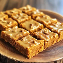 - 1 cup pumpkin puree - 1/2 cup unsalted butter, melted - 1 cup brown sugar, packed - 1/2 cup granulated sugar - 2 large eggs - 2 teaspoons vanilla extract - 1 1/2 cups all-purpose flour - 1 teaspoon baking powder - 1 teaspoon baking soda - 1 teaspoon ground cinnamon - 1/2 teaspoon ground nutmeg - 1/4 teaspoon salt - 1/2 cup chopped walnuts (optional) These ingredients create a rich and moist base for your blondies. The pumpkin adds flavor and keeps them soft. The brown sugar gives a lovely caramel touch. - 1 cup powdered sugar - 2 tablespoons milk - 1/2 teaspoon ground cinnamon This glaze is sweet and adds a warm spice. It complements the pumpkin flavor perfectly. You can add chocolate chips for more sweetness. Dried cranberries can add a tart flavor. You can also use coconut oil instead of butter for a different twist. If you want a nut-free option, leave out the walnuts. These choices let you customize your blondies to fit your taste. Feel free to experiment! Start by preheating your oven to 350°F (175°C). Grease a 9x13 inch baking pan or line it with parchment paper. This step makes it easy to remove the blondies later. In a large bowl, mix the melted butter, pumpkin puree, brown sugar, and granulated sugar. Stir until the mixture is smooth. Next, add the eggs, one at a time. Stir in the vanilla extract until everything is well blended. In a different bowl, whisk together the flour, baking powder, baking soda, ground cinnamon, nutmeg, and salt. This helps to evenly distribute the dry ingredients. Gradually mix the dry ingredients into the wet mixture. Be careful not to overmix. If you want extra crunch, gently fold in the walnuts. Now it's time to bake! Pour the batter into the prepared baking pan. Spread it out evenly with a spatula. Place the pan in the oven and bake for about 25-30 minutes. To check if it's done, insert a toothpick into the center. If it comes out clean, your blondies are ready! After baking, let them cool in the pan for a few minutes. Then transfer them to a wire rack to cool completely before adding the glaze. While the blondies cool, prepare your cinnamon glaze. In a small bowl, whisk together the powdered sugar, milk, and ground cinnamon. Keep whisking until the mixture is smooth. If you want a thinner glaze, add a bit more milk. Once the blondies are cool, drizzle the glaze over the top. Use a spoon or a fork to create a beautiful pattern. After glazing, cut the blondies into squares and serve. Enjoy your delicious pumpkin blondies with cinnamon glaze! To make the best pumpkin blondies, avoid overmixing your batter. Mix until everything just comes together. This keeps your blondies soft and chewy. Also, don't skip the cooling step. If you cut them while warm, they'll crumble. Let them cool completely before slicing. For rich flavor, use fresh pumpkin puree if you can. It adds a lovely taste. You can also add a pinch of cloves or ginger for extra warmth. Don’t forget to measure your flour correctly. Too much flour makes them dry. Use the spoon and level method for accuracy. Serve these blondies warm, drizzled with cinnamon glaze. They are great with a scoop of vanilla ice cream on top. For a cozy touch, add a sprinkle of cinnamon or some chopped walnuts on the plate. This makes your dessert look and taste even better! {{image_2}} You can add chocolate chips for a sweet twist. Use a cup of semi-sweet chips. Stir them into the batter before baking. The chocolate adds a rich flavor that pairs well with pumpkin. This change makes the blondies extra special. You’ll love the mix of flavors and textures! For a vegan option, swap eggs with flaxseed meal. Mix 1 tablespoon of flaxseed with 2.5 tablespoons of water. Let it sit for five minutes to thicken. Replace the butter with coconut oil or vegan butter. Use almond milk in the glaze. These blondies will still be soft and tasty! To make gluten-free blondies, use a gluten-free flour blend. This works well instead of all-purpose flour. Ensure your baking powder is gluten-free, too. The texture may be slightly different but still delicious. You won’t miss the regular flour at all! Store your pumpkin blondies in an airtight container. Keep them at room temperature. They stay fresh for about three days. If you want them to last longer, refrigerate them. They can stay in the fridge for up to a week. Just make sure they are covered well to avoid drying out. You can freeze these delicious blondies too! Cut them into squares first. Wrap each piece in plastic wrap. Then, place them in a freezer bag or a container. They will keep well in the freezer for about three months. When you are ready to eat, take a piece out and let it thaw at room temperature. To enjoy warm blondies, preheat your oven to 350°F (175°C). Place the blondies on a baking sheet. Heat them for about 10 minutes. You can also microwave a single piece for about 20 to 30 seconds. This method warms them quickly. Add a drizzle of cinnamon glaze after reheating for extra flavor! Yes, you can use fresh pumpkin. First, cook the pumpkin until soft. Then, blend it to a smooth puree. Fresh pumpkin gives a rich taste. It may also add a bit more moisture. Keep this in mind when mixing your batter. To make the glaze thicker, add more powdered sugar. Mix in small amounts until you reach the right thickness. If the glaze is too thick, you can add a bit of milk. A thicker glaze stays on top better. It looks nice and shiny. To cut blondies, use a sharp knife. First, let them cool completely. This helps them hold their shape. For neat squares, wipe the knife between cuts. You can also use a ruler for even pieces. This makes your blondies look great. Pumpkin blondies last about four to five days. Store them in an airtight container. Keep them in a cool place. If you want them to last longer, freeze them. They can stay fresh in the freezer for up to three months. You learned how to make delicious pumpkin blondies today. We covered key ingredients, step-by-step baking, and storage tips. I shared variations like vegan and gluten-free options. Remember to have fun and try new add-ins. These blondies are perfect for any gathering or sweet craving. Whether you’re a baker or just starting, these blondies can impress anyone. Enjoy every bite and share your creations with friends. Happy baking!