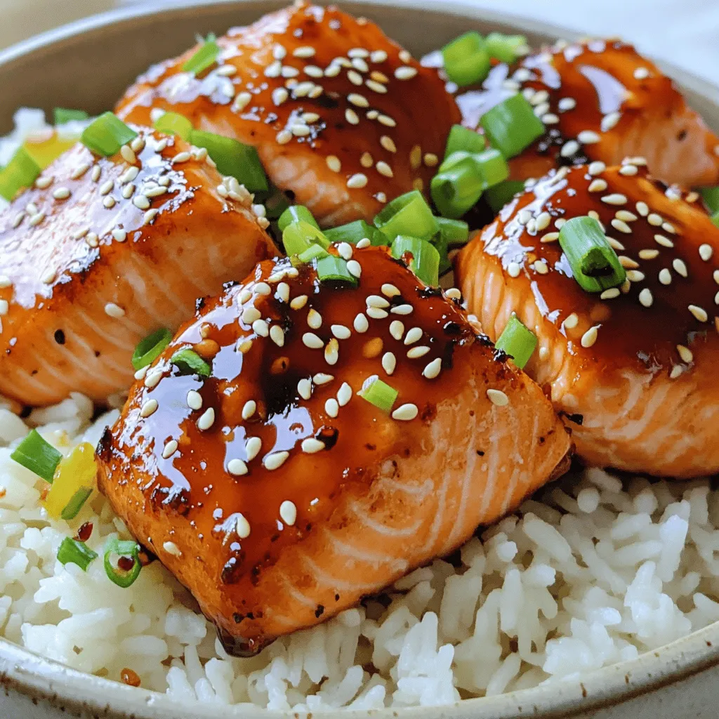 For Air Fryer Teriyaki Salmon Bites, you will need: - 1 lb salmon fillet, skinless and boneless, cut into 1-inch cubes - 1/4 cup soy sauce (low sodium recommended) - 2 tablespoons honey or maple syrup - 2 cloves garlic, minced - 1 tablespoon fresh ginger, grated - 1 tablespoon sesame oil - 1 tablespoon rice vinegar - 1 teaspoon cornstarch (optional, for thickening) - Sesame seeds, for garnish - Chopped green onions, for garnish These ingredients create a sweet and savory flavor that makes the salmon bites shine. If you don’t have some ingredients, here are good substitutes: - Use coconut aminos instead of soy sauce for a gluten-free option. - Maple syrup can replace honey for a vegan choice. - Ground ginger can work if fresh ginger is not available. - Any neutral oil can replace sesame oil, but it will change the taste slightly. These substitutes help maintain a tasty dish without stress. Using fresh salmon will improve the taste of your dish. Look for bright pink fillets with no strong odor. Low-sodium soy sauce helps control salt levels. Fresh garlic and ginger add a punch of flavor. Always choose the best quality ingredients for the best results. They make a big difference in taste and nutrition. To start, grab a medium bowl. In it, whisk together these ingredients: - 1/4 cup soy sauce - 2 tablespoons honey or maple syrup - 2 cloves garlic, minced - 1 tablespoon fresh ginger, grated - 1 tablespoon sesame oil - 1 tablespoon rice vinegar - 1 teaspoon cornstarch (optional) This mix will create your teriyaki marinade. The soy sauce gives it a savory taste. Honey adds a sweet touch. Garlic and ginger enhance the flavor. Sesame oil brings a rich aroma. If you want a thicker sauce, add cornstarch. Next, take your 1 lb of salmon fillet. Cut it into 1-inch cubes. Place the salmon cubes in the bowl with the marinade. Gently toss the salmon to fully coat each piece. Let it marinate for at least 15 minutes. This allows the salmon to soak up all the delicious flavors. Preheat your air fryer to 400°F (200°C) for about 5 minutes. Once it's hot, carefully place the marinated salmon cubes in the basket. Make sure they are in a single layer. This helps them cook evenly. Air fry at 400°F (200°C) for 8 to 10 minutes. Shake the basket halfway through. This ensures they get crispy on the outside and stay tender inside. When they are done, use tongs to carefully remove the salmon bites. Transfer them to a serving dish. For a lovely finish, garnish with sesame seeds and chopped green onions. Enjoy your tasty treats! To cook the salmon bites evenly, spread them in a single layer in the air fryer. This helps hot air reach all sides. If you pile them up, some pieces may cook faster than others. Shake the basket halfway through cooking. This action turns the salmon bites and helps them brown nicely. For the best flavor, marinate the salmon for at least 15 minutes. This time allows the fish to soak up the teriyaki sauce. You can also try adding a splash of orange juice or lime for a zesty twist. Adjust the honey or maple syrup to match your taste. A touch more sweetness can enhance the dish. Garnishing makes your dish look special. Sprinkle sesame seeds on top for crunch and flavor. Chopped green onions add a fresh look. You can serve the salmon bites on a bed of rice for color. A few lemon wedges on the side give a bright pop and enhance the taste. {{image_2}} Want to mix it up? You can try other marinades too. A sweet chili sauce adds a nice kick. You can also use a honey mustard blend for a tangy twist. If you want something fresh, lemon juice with olive oil works great. Just whisk these options with garlic and ginger for flavor. How you serve these salmon bites can change the meal. Try them on a bed of rice or quinoa. They taste amazing over a fresh salad too. Add some steamed veggies for color and crunch. Drizzle extra teriyaki sauce on top for added flavor. You can even serve them as an appetizer with toothpicks. Different cuts of salmon need different cooking times. If you use thicker pieces, add a couple more minutes. For thinner cuts, check them after six minutes. You want the salmon to be crispy outside and tender inside. Always shake the basket halfway to ensure even cooking. To store your air fryer teriyaki salmon bites, let them cool first. Place them in an airtight container. You can keep them in the fridge for up to three days. If you want to keep them longer, consider freezing them. This helps maintain freshness and flavor. When you're ready to enjoy leftovers, preheat your air fryer to 350°F (175°C). Place the salmon bites in the basket in a single layer. Heat them for about 5-7 minutes. Check to see if they're warm throughout. This method keeps them crispy while heating. If you freeze the salmon bites, use a freezer-safe bag or container. Remove as much air as possible to prevent freezer burn. To thaw, place the container in the fridge overnight. You can also use the microwave on the defrost setting if you're short on time. Make sure to reheat them properly after thawing. You should marinate the salmon for at least 15 minutes. This time helps the fish soak up the flavors. If you have extra time, you can marinate it for up to an hour. Just keep it in the fridge to stay fresh. Yes, you can use frozen salmon. Just make sure to thaw it first. Thawing helps the salmon absorb the marinade better. You can leave it in the fridge overnight or run it under cold water for a faster method. You can serve the salmon bites with a few tasty options. A bed of steamed rice works great. Fresh salad adds a nice crunch. You can also drizzle extra teriyaki sauce on top for more flavor. Don't forget some lemon wedges for a zesty touch! You learned about essential ingredients for teriyaki salmon, plus great substitutes. I detailed step-by-step instructions for marinating and cooking salmon in an air fryer. I shared tips for even cooking and perfect flavors. You found variations to keep meals fresh and storage advice to prolong freshness. Remember, cooking is a fun way to enjoy good food. Use these tips to make tasty meals every time you cook. Enjoy your cooking journey!