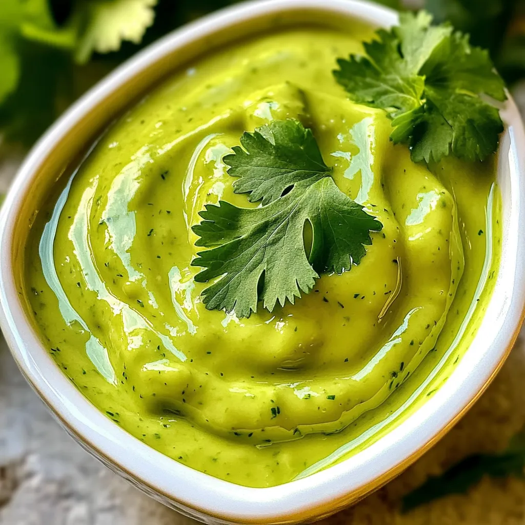 To create a tasty creamy avocado cilantro dressing, you need simple, fresh ingredients. Here’s what you'll need: - 1 ripe avocado - 1/2 cup fresh cilantro leaves, packed - 1/4 cup plain Greek yogurt - 2 tablespoons lime juice - 1 garlic clove, minced - 1/4 teaspoon ground cumin - Salt and pepper to taste - 1-2 tablespoons water (for desired consistency) Using ripe avocado is key. It gives a smooth texture. Fresh cilantro adds bright flavor. Greek yogurt creates creaminess and tang. Lime juice balances the richness. Garlic gives a nice kick, while cumin adds warmth. Lastly, salt and pepper enhance all the flavors. With these ingredients, you can make a dressing that’s fresh and full of flavor. The water helps adjust the thickness. You can make it as creamy or light as you like. - Cutting the avocado: Start by cutting the avocado in half. Remove the pit carefully. Use a spoon to scoop out the green flesh. Make sure to get every bit! - Adding ingredients to the blender: Place the avocado in a blender. Then, add the fresh cilantro leaves, Greek yogurt, lime juice, minced garlic, and ground cumin. This mix gives the dressing a bright taste. - Blending techniques for smoothness: Blend the ingredients on high speed. The goal is to make it smooth and creamy. If you see lumps, keep blending until you achieve a silky texture. - How to adjust with water: If the dressing is too thick, add water. Start with one tablespoon and blend again. Check the thickness. You can add more water if needed. - Blending tips for creaminess: Blend the dressing longer for extra creaminess. This helps air get in and makes it fluffy. - Seasoning with salt and pepper: Taste the dressing after blending. Add salt and pepper to your liking. Blend briefly to mix in the seasoning. - Refrigeration for flavor melding: Transfer the dressing to a container. Refrigerate it for at least 30 minutes. This time allows the flavors to come together nicely. - Choosing ripe avocados Look for avocados that are slightly soft when you press them. They should yield gently but not feel mushy. A dark green or black skin often means they are ripe. Avoid any with large dents or dark spots. - Storing leftover dressing Store your dressing in an airtight container. This helps keep it fresh. Place a piece of plastic wrap directly on the surface of the dressing before sealing. This method limits air contact and helps prevent browning. - Additional herbs or spices You can add herbs like parsley or dill to change the flavor a bit. A pinch of chili powder or smoked paprika can bring warmth and depth. Experiment and find what you love! - Adjusting tanginess with lime If you want more zing, squeeze in extra lime juice. Start with just a teaspoon and taste as you go. Lime adds a bright note that lifts the whole dressing. - Pairings with salads or grilled items This dressing pairs well with green salads or grilled chicken. Drizzle it over roasted veggies for a creamy touch. It adds flavor to any dish. - Creative uses as a dip Use this dressing as a dip for veggies or chips. It's perfect for parties and gatherings. Place it in a bowl and serve with fresh cut veggies for a healthy snack. {{image_2}} If you want a vegan version of this creamy dressing, swap the Greek yogurt for a plant-based option. Silken tofu or cashew cream works well. These options keep the dressing creamy and rich. You still get that fresh taste from the avocado and cilantro. Just blend the tofu or cashew cream in with the other ingredients. Your dressing will still be smooth and delicious. If you like heat, try making a spicy version. Add a chopped jalapeño or a pinch of red pepper flakes. This will give your dressing a nice kick. Start with a small amount and taste as you go. You want the spice to enhance, not overpower, the other flavors. Blend it in with the other ingredients for a zesty twist. For a low-fat option, use low-fat yogurt instead of regular Greek yogurt. You can also use buttermilk for a lighter dressing. Both will cut down on calories while keeping it creamy. Adjust the amount of water to get the right thickness. This way, you can enjoy the same great taste without the extra fat. To keep your creamy avocado cilantro dressing fresh, use an airtight container. Glass jars work great because they seal well. You can also use plastic containers, just ensure they close tightly. This helps to keep air out and flavors in. In the fridge, this dressing stays good for about 3 to 5 days. If you notice any browning, just give it a stir. The lime juice helps slow down browning, but it’s best to use it fresh. Yes, you can freeze this dressing! Pour it into ice cube trays for easy portions. Once frozen, transfer the cubes to a zip-top bag. When you want some, just thaw a cube in the fridge or on the counter. Yes, you can make this dressing ahead of time. The flavors blend well when it sits. I recommend making it a few hours before serving. This gives the dressing time to chill and thicken. To make the dressing thinner, add more water. Start with one tablespoon at a time. Blend well after each addition. If you want it thicker, use less water. You can also add more Greek yogurt for creaminess. If you don’t like cilantro, use parsley instead. It gives a fresh taste without the strong flavor. You could also try basil for a different twist. Both options work well in this recipe. Yes, this dressing is gluten-free. All the ingredients, like avocado and Greek yogurt, are safe for a gluten-free diet. Always check labels if you use store-bought yogurt. Absolutely! You can add more spices like chili powder or paprika. A bit of honey can add sweetness. You might also try adding a splash of vinegar for extra zing. Get creative and make it your own! This blog post covered how to make a delicious avocado dressing. We explored ingredients like ripe avocados, Greek yogurt, and cilantro. I shared step-by-step methods for preparation and tips for freshness. You learned ways to enhance flavor and variations for dietary needs. Lastly, I discussed storage options to keep your dressing fresh. Enjoy experimenting with this tasty dressing. It adds flavor and nutrition to any dish!