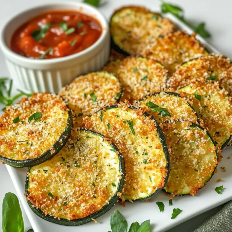 To make Air Fryer Parmesan Zucchini Chips, you need: - 2 medium zucchinis, thinly sliced - 1 cup grated Parmesan cheese - 1 cup breadcrumbs (panko for extra crunch) - 2 large eggs, beaten You can add these to boost the flavor: - 1 teaspoon garlic powder - 1 teaspoon onion powder - 1 teaspoon dried Italian herbs (oregano, basil, thyme) - Salt and pepper to taste Gather these tools for easy cooking: - Air fryer - Large mixing bowls - Whisk - Cooking spray - Cutting board and knife These ingredients and tools make the process simple. You will create tasty, crunchy chips in no time! Start by washing your zucchinis well. Remove both ends and slice them thinly. Aim for slices about 1/4 inch thick. Thin slices help them get crispy in the air fryer. Place the slices on paper towels to absorb extra moisture. This step is key for crunchiness. You can sprinkle salt on the slices to draw out more water. Let them sit for about 10 minutes, then pat dry. In a large bowl, mix the grated Parmesan cheese and breadcrumbs. I like to use panko for extra crunch. Add garlic powder, onion powder, and dried Italian herbs. Season with salt and pepper to taste. This mix gives the chips great flavor. In a separate bowl, beat the eggs until they are well combined. The eggs help the coating stick to the zucchini slices. Preheat your air fryer to 400°F (200°C). Take each zucchini slice and dip it in the egg mixture. Allow any excess egg to drip off. Then, coat the slice in the breadcrumb mix. Press gently to help the coating stick. Place the coated slices in a single layer in the air fryer basket. Do not overlap them. Lightly spray the tops with cooking spray for added crispiness. Cook the chips for 10-12 minutes, turning them halfway through. Look for a golden color and crispy texture. Once done, let them cool slightly before serving. To get the best crunch, slice your zucchini very thin. Aim for about 1/8 inch thick. Thin slices cook faster and become crispier. Use panko breadcrumbs instead of regular ones. They add extra crunch. Lightly spray the tops of the chips with cooking spray before air frying. This helps them brown evenly. Make sure to dry your zucchini before coating. I place my slices on a clean towel for a few minutes. This helps remove excess moisture. Also, do not overcrowd the air fryer basket. Lay the slices in a single layer, so they cook evenly. If they overlap, they will steam instead of crisp up. These chips taste great on their own. You can also pair them with dips like marinara or yogurt sauce. They make a fun snack or side dish. For a nice touch, serve them on a wooden board with fresh herbs for color. This makes your dish look even more inviting! {{image_2}} You can mix up the cheese for your zucchini chips. Try using mozzarella for a milder taste. Cheddar gives a sharp flavor that many love. Feta can add a tangy twist. Each cheese will change the taste. Feel free to experiment with your favorites! If you need a gluten-free option, swap out the breadcrumbs. Use gluten-free panko or ground almonds. You can also use crushed rice cereal for crunch. These options keep the chips crispy without gluten. Always check labels to make sure they fit your needs. Add more flavor to your zucchini chips by changing the spices. Paprika can add a smoky taste. Cayenne pepper gives a nice kick if you like heat. You can also try lemon zest for a fresh twist. Fresh herbs like rosemary or thyme can elevate the taste. Mix and match to find your favorite flavor combo! To store your leftover air fryer zucchini chips, let them cool first. Place them in an airtight container. If you stack them, add parchment paper between layers. This keeps them from getting soggy. Store the container in the fridge. They will stay fresh for up to three days. To reheat your leftover zucchini chips, the air fryer works best. Preheat the air fryer to 375°F (190°C). Place the chips in a single layer. Heat them for about 3 to 5 minutes. This helps regain their crispiness. You can also use an oven if you don't have an air fryer. Set it to 375°F (190°C) and bake for about 5 to 7 minutes. You can freeze zucchini chips for later use. First, let them cool completely. Then, place them in a single layer on a baking sheet. Freeze them for about 1 hour. Once frozen, transfer them to a freezer-safe bag. Remove as much air as possible. They can last up to three months in the freezer. To cook frozen chips, air fry them directly without thawing. Adjust the cooking time as needed. You can serve air fryer zucchini chips with many dips. Marinara sauce is a classic choice. You can also try ranch dressing or yogurt dip. These dips add flavor and make the chips even more fun to eat. For a fresh twist, pair them with a homemade herb dip. You can even add a sprinkle of fresh herbs on top for a nice touch. To make zucchini chips without breadcrumbs, you can use just cheese. Grate a firm cheese, like Parmesan. Dip the zucchini slices in egg, then coat them with the cheese. You can also use ground nuts or seeds. Almond flour works well too. Just remember to season well to keep the flavor strong. This method keeps the chips crispy and tasty! Yes, you can use other vegetables! Eggplant, sweet potatoes, and carrots all work great. Just slice them thinly like zucchini. Keep in mind that cooking times may vary. Adjust the air frying time to get them crispy. Each veggie gives a different taste, so have fun experimenting! In this blog post, we explored how to make crunchy air fryer zucchini chips. You learned about the main ingredients and optional seasonings. We discussed tips for crispiness and how to avoid soggy chips. Variations let you use different cheeses or veggies. I also shared storage tips to keep your chips fresh. Air fryer zucchini chips are a simple and tasty snack. Enjoy trying different flavors and serving them with your favorite dips. You’ll impress everyone with this healthy treat!