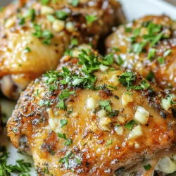 - 4 bone-in, skin-on chicken thighs - 4 cloves garlic, minced - 2 tablespoons olive oil - 1 teaspoon dried oregano - 1 teaspoon dried thyme - 1 teaspoon smoked paprika - Salt and pepper to taste The main ingredients are simple but full of flavor. Chicken thighs have rich taste and stay juicy. Garlic adds a strong aroma and depth. Olive oil helps the skin crisp up nicely. Oregano and thyme provide a classic herb taste. Smoked paprika gives a hint of smokiness that is hard to resist. - Fresh parsley - Additional seasoning options You can add fresh parsley for color and freshness. It makes the dish look pretty on the plate. Feel free to experiment with other spices too. You can try chili powder for heat or lemon zest for brightness. - Air fryer - Mixing bowl - Meat thermometer To make this dish, you need a few kitchen tools. An air fryer is the star here, giving you crispy skin without frying. A mixing bowl is great for combining the marinade. A meat thermometer ensures your chicken is cooked perfectly, reaching 165°F. Marinating the chicken thighs To start, I mix garlic, olive oil, oregano, thyme, smoked paprika, salt, and pepper in a bowl. This creates a tasty marinade. Next, I take the chicken thighs and pat them dry with paper towels. Drying helps the skin get crispy. Then, I rub the marinade all over the thighs, making sure it goes under the skin. This adds great flavor. I let them marinate for at least 30 minutes. If I have time, I let them sit overnight in the fridge for even more flavor. Drying the chicken for crispiness Drying is key to crispy skin. When the chicken is wet, it steams instead of browning. I always make sure to use a clean towel to remove moisture. This small step makes a big difference in texture. Preheating the air fryer I preheat my air fryer to 400°F (200°C) for about 5 minutes. Preheating ensures even cooking and helps the chicken cook faster. It also aids in getting that perfect crispy skin. Cooking times and temperature Once preheated, I place the chicken thighs in the basket, skin-side up. I make sure they are not touching for even cooking. I set the timer for 25-30 minutes. I check that the skin is golden brown and crispy. The chicken should reach an internal temperature of 165°F (75°C). This is important for safe eating. Resting the chicken After cooking, I remove the chicken from the air fryer and let it rest for 5 minutes. Resting helps the juices settle, making the chicken tender and juicy. Serving suggestions For the final touch, I sprinkle fresh chopped parsley on top. This adds a pop of color and extra flavor. I often serve these thighs with roasted vegetables or a fresh salad. The options are endless! To get crispy skin, start by drying the chicken thighs. Use paper towels to remove moisture. This simple step helps the skin crisp up nicely. Next, arrange the chicken in the air fryer basket. Place them skin-side up and leave space between each piece. This allows hot air to circulate and cook evenly. Marinating the chicken is key for great taste. Mix minced garlic, olive oil, and herbs in a bowl. Rub this marinade under the skin and all over the thighs. For extra flavor, let the chicken marinate for at least 30 minutes. You can even leave it overnight in the fridge. Try using different herbs like rosemary or basil to change the taste. Avoid common mistakes when cooking chicken. First, don’t skip the drying step. Moisture leads to soggy skin. Second, check the temperature. Use a meat thermometer to ensure the chicken hits 165°F. Lastly, avoid overcrowding the basket. This keeps the thighs crispy and cooked properly. {{image_2}} You can switch things up with flavor variations. Here are two tasty ideas: - Lemon herb chicken thighs: Add zest from one lemon to the marinade. This brightens the dish and adds a fresh taste. It pairs well with the herbs and garlic. - Spicy garlic chicken thighs: Mix in 1 to 2 teaspoons of crushed red pepper flakes. This gives the chicken a nice kick. Adjust the amount based on your heat preference. You can also try different cooking methods for the garlic herb chicken thighs: - Oven-baked garlic herb chicken: Preheat your oven to 400°F (200°C). Place the marinated chicken on a baking sheet. Bake for 35-40 minutes. Keep an eye on them until the skin is crispy and golden brown. - Grilled garlic herb chicken: Preheat your grill to medium-high heat. Grill the marinated chicken thighs for 7-10 minutes on each side. This adds a smoky flavor that complements the herbs well. You can adapt the recipe for different diets: - Gluten-free option: This recipe is naturally gluten-free. Just be sure to check all your ingredients. Some brands of spices may contain gluten, so read the labels. - Low-carb adaptations: The chicken thighs are low in carbs. Pair with a side of roasted veggies or a fresh salad for a full meal without the carbs. To store leftovers safely, let the chicken cool. Place it in an airtight container. This keeps the chicken fresh and prevents odors from other foods. Store in the fridge for up to three days. If you want to keep it longer, freezing is a great option. For best results, freeze cooked chicken within two hours of cooking. Wrap each piece tightly in plastic wrap. Then, place the wrapped chicken in a freezer bag. Remove as much air as possible. This helps avoid freezer burn. Properly stored, it can last up to three months. To reheat, the air fryer works well. Set it to 350°F (175°C) and heat for about 10-15 minutes. This keeps the skin crispy and the meat juicy. You can also use the oven. Preheat to 350°F and bake for 15-20 minutes. Always check the internal temperature. It should reach 165°F (75°C) before serving. Cook chicken thighs for 25 to 30 minutes in the air fryer. The skin should be golden brown and crispy. Always check that the internal temperature reaches 165°F (75°C). This ensures your chicken is safe to eat. Yes, you can use boneless chicken thighs. They will cook faster than bone-in thighs. Adjust the cooking time to about 20 to 25 minutes in the air fryer. Check the internal temperature to ensure doneness. Marinating chicken thighs is not required but highly recommended. It enhances the flavor and keeps the meat juicy. If you have time, let the chicken marinate for at least 30 minutes. For best results, marinate overnight in the fridge. Absolutely! Fresh herbs can add a vibrant taste. Use three times the amount of fresh herbs as dried ones. This will give your chicken a fresh and aromatic flavor. If you lack smoked paprika, regular paprika works too. It won’t have the same smoky flavor, but it will still taste great. You can also try adding a dash of liquid smoke for a similar effect. Yes, you can cook frozen chicken thighs. However, you need to increase the cooking time. Cook them for about 30 to 35 minutes. Make sure to check the internal temperature for safety. These chicken thighs pair well with roasted veggies, rice, or a fresh salad. You can also serve them with mashed potatoes or quinoa for a hearty meal. Use a meat thermometer to check the internal temperature. It should read 165°F (75°C) in the thickest part of the thigh. If you don't have a thermometer, cut into the chicken. The juices should run clear, not pink. This post covered all you need to cook tasty chicken thighs. We explored the main and optional ingredients that add flavor. You learned how to prepare, air fry, and serve your chicken. Tips for crispy skin and flavor tricks will boost your dish. I also shared storage tips to keep leftovers fresh. Consider trying variations to mix things up. Enjoy your cooking journey and make mealtime special!