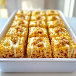 To make delicious Pumpkin Spice Rice Krispie Treats, you need simple ingredients. Here is the list: - 4 cups Rice Krispie cereal - 1 bag (10 oz) mini marshmallows - 3 tablespoons unsalted butter - 1 teaspoon pumpkin pie spice - 1/4 cup pumpkin puree - 1/2 teaspoon vanilla extract - Pinch of salt - 1/2 cup white chocolate chips (optional) - 1/4 cup crushed graham crackers (for topping) These ingredients come together to create a fun and cozy treat. The Rice Krispie cereal gives a nice crunch. The mini marshmallows melt into a sweet, gooey mix. Unsalted butter adds richness, while pumpkin puree and pumpkin pie spice bring that warm, fall flavor. A touch of vanilla adds depth, and the pinch of salt enhances all the flavors. If you want to make them even sweeter, add white chocolate chips. They give a nice creamy contrast. Crushed graham crackers on top add a fun texture and flavor. This mix of flavors makes these treats perfect for fall or any time you want a sweet snack. Start by using low heat. This is key to avoid burning. Melt 3 tablespoons of unsalted butter in a large saucepan. Once the butter is melted, add 10 ounces of mini marshmallows. Stir this mixture continuously. You want it to become smooth and creamy. This step is vital for a great texture. Next, add 1/4 cup of pumpkin puree and 1 teaspoon of pumpkin pie spice. Also, mix in 1/2 teaspoon of vanilla extract and a pinch of salt. Stir until everything is combined. Heating these ingredients through adds warmth to your treats. This makes the flavors pop and keeps the mixture smooth. Now, it’s time for the Rice Krispie cereal. Remove the saucepan from heat. Gently fold in 4 cups of Rice Krispie cereal. Use a spatula for even coating. If you want extra sweetness, mix in 1/2 cup of white chocolate chips. Be careful not to crush the cereal while mixing. Grab a 9x13-inch pan. Grease it well with butter or cooking spray. This step helps the treats come out easily later. Pour the cereal mixture into the pan. Use your spatula to press it down evenly. Make sure it’s packed tight for the best shape. For added fun, sprinkle 1/4 cup of crushed graham crackers on top. This gives a great crunch. You can also try other toppings like mini chocolate chips or nuts. Be creative and make it your own! Let the mixture cool at room temperature. This should take about 30 minutes. Once cool, cut the treats into squares. Use a sharp knife for clean edges. Enjoy your tasty Pumpkin Spice Rice Krispie Treats! To achieve the best texture, keep the marshmallow ratio in mind. Use one bag of mini marshmallows for this recipe. This amount will give you a chewy, yet soft treat. If you want a firmer texture, consider adding a bit more cereal. Be careful not to overcook the marshmallows. Melt them on low heat. When they are too hot, they can become too sticky and harden when cooled. Stir them until they are just melted and smooth. You can boost the flavor with more spices. Cinnamon or nutmeg can add warmth. A hint of allspice or ginger can give a nice twist too. Experiment and find what you like best! Consider adding mix-ins for extra crunch or sweetness. Chopped nuts, mini chocolate chips, or dried fruit can work well. Just be sure to keep the balance right, so the base stays strong and chewy. For a festive look, serve the treats on a colorful platter. You can also sprinkle some extra pumpkin pie spice on top. This adds a nice touch of color and flavor. Using decorative cupcake liners is a fun way to present your treats. This makes them easy to grab and adds a pop of color. If you're feeling creative, use different shapes for the liners to match the season. {{image_2}} You can make chocolate pumpkin spice treats by swapping white chocolate chips with chocolate chips. This change adds a rich, sweet flavor. The chocolate pairs well with pumpkin spice. You can also add a hint of espresso powder for depth. This small tweak can elevate your treats to a whole new level. For a nutty twist, add nuts or seeds to your mix. Chopped pecans, walnuts, or sunflower seeds work great. Start with about 1/2 cup of your chosen nuts. You may need to adjust the marshmallow amount slightly. Adding nuts gives your treats a nice crunch and boosts the flavor. To make vegan pumpkin spice treats, swap regular butter for coconut oil. Use vegan marshmallows to keep them dairy-free. For gluten-free treats, ensure your Rice Krispies are labeled gluten-free. You can still achieve a great taste and texture with these easy swaps. Enjoy the same cozy flavors while catering to dietary needs. To keep your Pumpkin Spice Rice Krispie Treats fresh, use an airtight container. This helps prevent them from drying out. You can stack the treats in layers, separating them with wax paper. This way, they won’t stick together. You can freeze these treats for later. First, cut them into squares. Wrap each square in plastic wrap or foil. Then, place them in a freezer-safe bag or container. To thaw, take them out and leave them at room temperature for about 30 minutes. This keeps their texture nice. These treats can stay fresh for up to a week at room temperature when stored correctly. Look for signs of spoilage, such as a hard texture or an off smell. If they feel too hard or crumbly, it’s time to toss them. Enjoy them while they are at their best! Yes, you can use regular marshmallows. They will take longer to melt. Use about 10-12 regular marshmallows for every cup of mini marshmallows. You may need to adjust the melting time to ensure they become smooth. Be careful not to burn the marshmallows while melting. Stir constantly to keep the mixture creamy. Yes, you can make these treats a day ahead. Just store them in an airtight container. They stay fresh for about two days at room temperature. If you want to keep them longer, you can freeze them. Thaw in the fridge overnight before serving. If your treats are too sticky, there are a few tricks. First, try adding a bit of extra Rice Krispie cereal. Mix it in gently until the texture improves. You can also dust your hands with powdered sugar when cutting the treats. This helps prevent sticking. Absolutely! You can try adding cinnamon or nutmeg for a warm spice mix. You can also swap pumpkin puree for apple sauce for a fruity twist. Chocolate chips or nuts can add extra flavor and crunch. Let your taste guide you in this fun experiment! You now have a complete guide to making delicious Pumpkin Spice Rice Krispie Treats. Start by gathering simple ingredients, then follow the steps for perfect results. Remember, the key is to mix and fold carefully to get the right texture. Experiment with flavors or toppings to make them your own. Store them well to keep them fresh. With these tips and tricks, you can impress friends and family. Enjoy your tasty treats and share the joy with others!