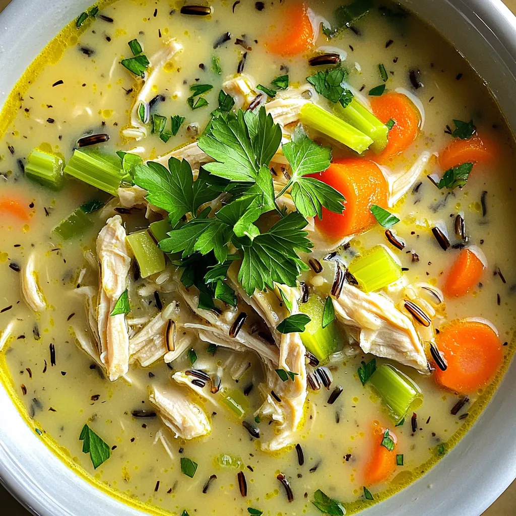 To make this soup, gather these main ingredients: - 1 pound boneless, skinless chicken breasts - 1 cup wild rice, rinsed - 4 cups low-sodium chicken broth - 1 cup carrots, diced - 1 cup celery, diced - 1 medium onion, chopped - 2 cloves garlic, minced - 1 teaspoon dried thyme - 1 teaspoon dried rosemary - 1 bay leaf - 1 cup heavy cream (or coconut milk for a dairy-free option) - Salt and pepper to taste - Fresh parsley, chopped (for garnish) These ingredients create a rich and hearty soup. The chicken gives protein, while the wild rice adds texture. The veggies bring color and taste. To make your soup even better, consider adding these optional ingredients: - 1 cup mushrooms, sliced - 1 teaspoon lemon juice for brightness - 1 tablespoon soy sauce for umami - A pinch of red pepper flakes for heat These extras can elevate your dish. Mushrooms add a nice earthiness. Lemon juice brightens the flavors. Soy sauce gives depth, and red pepper flakes add a kick. If you need to adjust for diets, here are some easy swaps: - For a dairy-free version, replace heavy cream with coconut milk. This keeps the soup rich and creamy. - To make it gluten-free, ensure your broth is labeled gluten-free. Wild rice is naturally gluten-free, so it’s a great base. These substitutions keep your soup delicious without sacrificing flavor. Enjoy your cooking! Start by gathering your ingredients. You need: - 1 pound boneless, skinless chicken breasts - 1 cup wild rice, rinsed - 4 cups low-sodium chicken broth - 1 cup carrots, diced - 1 cup celery, diced - 1 medium onion, chopped - 2 cloves garlic, minced - 1 teaspoon dried thyme - 1 teaspoon dried rosemary - 1 bay leaf - 1 cup heavy cream (or coconut milk for a dairy-free option) - Salt and pepper to taste - Fresh parsley, chopped (for garnish) First, rinse the wild rice. This step helps remove extra starch. Place the chicken breasts at the bottom of your slow cooker. Next, add the rinsed wild rice, diced carrots, celery, chopped onion, and minced garlic on top of the chicken. Now, sprinkle in the dried thyme, dried rosemary, and add the bay leaf. Pour in the chicken broth and stir the mix. Finally, season with salt and pepper to your liking. Set your slow cooker to either low or high. If you choose low, let the soup cook for 6-8 hours. This method gives flavors time to blend. If you're short on time, set it to high. In this case, cook for 3-4 hours. Regardless of the setting, the chicken should be fully cooked and easy to shred. Once the soup is done, carefully remove the chicken breasts. Use two forks to shred them into bite-sized pieces. Return the shredded chicken to the slow cooker. Next, stir in the heavy cream or coconut milk. This step adds a rich creaminess to the soup. Let the soup warm through for an extra 10-15 minutes. Before you serve, remember to take out the bay leaf. Adjust seasoning if needed. Serve hot, garnished with fresh parsley for a delightful touch. To make the best wild rice soup, start with good-quality chicken. Fresh, boneless, skinless chicken breasts add great taste. Rinse your wild rice well; this helps remove any dirt. Use low-sodium chicken broth for a healthier option. It lets the other flavors shine without being too salty. Chop the veggies in similar sizes. This helps them cook evenly. One mistake is not rinsing the wild rice. This can lead to a gritty texture. Another error is adding too much salt early on. Wait until the soup is cooked to taste. If you add the cream too soon, it can curdle. Always wait until the chicken is shredded and warmed through. Lastly, remember to remove the bay leaf before serving. For better flavor, try adding a squeeze of lemon juice. It brightens the soup and balances the creaminess. You can also add fresh herbs like thyme or parsley at the end. For texture, consider adding a handful of spinach or kale. They wilt nicely and add color. If you like a thicker soup, blend a cup of the soup and mix it back in. This gives a creamy, hearty feel. {{image_2}} You can make a tasty vegetarian version of this soup. Start by swapping the chicken for extra veggies. Use mushrooms, chickpeas, or lentils for protein. Instead of chicken broth, use vegetable broth. Replace heavy cream with coconut milk for creaminess. This keeps the soup rich and full of flavor, just like the original. If you want a different protein, try turkey or tofu. Turkey works well and keeps the soup hearty. If you prefer tofu, use firm or extra-firm. Cut it into cubes and add it in during the last hour of cooking. You can also use rotisserie chicken for a quick option. Just add it in after the rice is cooked. Mixing up the herbs and spices can change the soup’s taste. Try adding sage or dill for a fresh twist. You could also sprinkle in some paprika for warmth. If you like heat, a pinch of red pepper flakes adds a nice kick. Don’t be afraid to experiment and find your perfect flavor! After enjoying your slow cooker chicken and wild rice soup, store any leftovers in an airtight container. Let the soup cool to room temperature before sealing it. This helps keep the soup fresh. You can store it in the fridge for up to four days. Make sure to label the container with the date. This way, you’ll know when to use it. If you want to save some soup for later, freezing is a great option. Pour the cooled soup into freezer-safe containers, leaving some space at the top. This space allows the soup to expand as it freezes. You can freeze the soup for up to three months. When you are ready to eat, just thaw it in the fridge overnight. To reheat the soup, you can use a pot on the stove or the microwave. If using the stove, heat it over medium heat. Stir occasionally until it is hot throughout. If using the microwave, place it in a microwave-safe bowl. Heat in short bursts, stirring in between to ensure even warming. Always check the temperature before serving to ensure it’s hot and ready to enjoy! It takes about 6 to 8 hours on low heat. If you set it on high, it takes about 3 to 4 hours. The chicken should be tender and shred easily. This makes it perfect for soup. Yes, you can use brown rice. However, brown rice cooks faster than wild rice. You may need to adjust your cooking time. I recommend adding brown rice in the last hour of cooking. This way, it stays firm and does not get mushy. Coconut milk is a great dairy-free option. It gives the soup a nice, creamy texture. You can also use almond milk or cashew cream for a lighter version. These options still keep the soup rich and flavorful. Absolutely! You can make this soup a day in advance. Just store it in the fridge after it cools. When ready to eat, simply reheat it on the stove. The flavors will blend even more, making it taste great. This blog post covered how to make Slow Cooker Chicken & Wild Rice Soup. We explored the key ingredients, cooking steps, and added flavor tips. I shared variations for different diets and how to store leftovers. Remember, you can switch ingredients based on your taste, and always check for the best cooking times. Enjoy making this soup as a comforting meal anytime. It’s simple, tasty, and perfect for sharing.