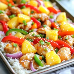 - 1 pound chicken breast, cut into bite-sized pieces - 2 cups bell peppers (red, yellow, and green), sliced - 1 cup red onion, sliced - 1 cup pineapple chunks (fresh or canned) - 3 tablespoons olive oil - 1 teaspoon garlic powder - 1 teaspoon ginger powder - Salt and pepper to taste - 1/4 cup honey - 1/4 cup apple cider vinegar - 2 tablespoons soy sauce (or tamari for gluten-free) - Cooked rice (white, brown, or cauliflower rice for a low-carb option) - Green onions, chopped (for garnish) - Sesame seeds (for garnish) The main ingredients are simple yet vibrant. The chicken gives protein, while the bell peppers add crunch and color. Red onions offer a sweet bite, and pineapple gives a juicy burst of flavor. For seasonings, olive oil helps everything cook evenly. Garlic and ginger powders bring warmth and depth. Honey adds sweetness, while apple cider vinegar gives a zing. Soy sauce ties all the flavors together. I like serving this dish over rice. It soaks up the sauce well and makes each bite satisfying. Green onions and sesame seeds on top provide a nice finish. They add color and a little crunch. Don’t hesitate to mix up the veggies. You can use broccoli or snap peas too. This recipe is all about bright flavors and fun colors! - Preheat the oven to 425°F (220°C). - Spread chicken pieces, bell peppers, red onion, and pineapple on the sheet pan. I find that starting with a hot oven helps cook the chicken and veggies just right. This heat locks in flavors and keeps things juicy. - Drizzle olive oil, sprinkle seasonings, and toss everything together. Using your hands is the best way to mix. Feel the ingredients combine as you coat them in oil and spices. This helps every bite burst with flavor. - Whisk together sauce ingredients, pour over the mixture, and bake for 20-25 minutes. - Stir halfway through baking for even cooking. The sauce adds a sweet and tangy touch. Stirring halfway makes sure everything cooks evenly. You want the chicken tender and the veggies crisp. - Prepare rice and serve over bowls with chicken and vegetable mix. - Garnish with green onions and sesame seeds. The rice is a perfect base for this dish. It soaks up the sauce nicely. Don’t forget the green onions and sesame seeds. They add color and crunch to each bowl! - Ensure even layering of ingredients on the sheet pan for optimal cooking. This helps everything cook at the same rate. - Use a meat thermometer to check that chicken reaches 165°F for safety. This step keeps your meal safe and tasty. - Use mismatched bowls for a colorful presentation. Different sizes and colors make your meal pop. - Arrange rice in a mound topped with chicken and veggies for visual appeal. This creates a beautiful and inviting dish. - Adjust sweetness by varying the amount of honey. More honey means a sweeter dish, while less gives it a tangier taste. - Experiment with different vegetables or add crushed red pepper for heat. This can change the whole flavor profile and make it your own. {{image_2}} You can switch the chicken for tofu to make a great vegetarian meal. Tofu soaks up flavors well, giving you a tasty dish. For a different twist, consider using shrimp or pork. Shrimp cooks fast and adds a nice touch, while pork gives a hearty flavor. Using fresh, seasonal veggies can really lift the dish. Zucchini and asparagus add bright colors and crunch. You can also swap in fruits like mango or peach for a sweet change. These fruits bring a fun twist to your bowls and balance the savory flavors. If you need to avoid gluten, choose gluten-free soy sauce or tamari. It works just as well in this recipe. For a low-carb option, try using cauliflower rice instead of regular rice. This swap keeps your meal light while still being filling. Store leftovers in an airtight container in the refrigerator for up to 3 days. This keeps your sweet and sour chicken fresh and tasty. When you’re ready to eat, just take it out and enjoy. Freeze portions in freezer-safe containers for up to one month. This is great for meal prep! Make sure to label the containers with the date. When you want a quick meal, you have a delicious option ready to go. Reheat in the oven for best texture, or microwave for quick serving. If you use the oven, set it to 350°F (175°C) and warm it for about 15 minutes. This way, the chicken stays juicy and the veggies keep their crunch. If you need it fast, the microwave works too. Just heat in 1-minute intervals until hot. You can prep the chicken and veggies ahead of time. Cut the chicken and slice the bell peppers and red onion. Store them in separate airtight containers in the fridge. You can also mix the sauce ingredients and keep them in a small jar. This way, when you're ready to cook, you just need to combine everything on the sheet pan. It saves time and helps you enjoy a quick meal. Yes, you can use frozen chicken or veggies. If you use frozen chicken, you should thaw it first. This helps it cook evenly. For frozen veggies, you may need to increase the cooking time by a few minutes. Just make sure everything is hot and cooked through before serving. Several side dishes go great with this meal. Here are some ideas: - A fresh green salad with a light vinaigrette. - Crunchy spring rolls for texture. - Steamed broccoli or snap peas for added color and nutrition. These sides will enhance your meal and add more flavors to your dining experience. This blog post covered everything you need for great sheet-pan sweet and sour chicken bowls. We discussed the key ingredients, step-by-step instructions, and helpful tips for cooking and presentation. You can also customize the recipe to suit your tastes. Whether you stick with chicken or try tofu, the dish is sure to please. Storing leftovers is easy too. Remember, cooking should be fun and rewarding. Enjoy making this meal with your favorite ingredients. Happy cooking!