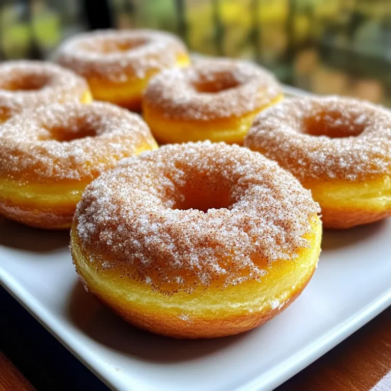 To make cinnamon sugar pumpkin donuts, you need the following basic ingredients: - 1 cup pumpkin puree - 1/3 cup almond milk (or any milk of choice) - 1/4 cup maple syrup - 1/4 cup melted coconut oil - 1 teaspoon vanilla extract - 1 1/2 cups all-purpose flour - 1 teaspoon baking powder - 1 teaspoon baking soda - 1 teaspoon ground cinnamon - 1/2 teaspoon ground nutmeg - 1/2 teaspoon salt You can swap almond milk for oat or soy milk if you prefer. The pumpkin puree is key. It gives the donuts moisture and flavor. For the cinnamon sugar coating, gather these ingredients: - 1/4 cup sugar - 2 teaspoons ground cinnamon To customize the sugar coating, try adding a pinch of nutmeg or even a dash of vanilla. You can also use brown sugar for a richer flavor. Mixing the sugar and cinnamon well is key to getting an even coating on your donuts. Preheating your air fryer is key. It helps cook the donuts evenly. Set your air fryer to 350°F (175°C). This temperature works perfectly for our donuts. While it preheats, you can mix your ingredients. Start by mixing your wet ingredients. In a bowl, add: - 1 cup pumpkin puree - 1/3 cup almond milk (or your choice of milk) - 1/4 cup maple syrup - 1/4 cup melted coconut oil - 1 teaspoon vanilla extract Whisk these together until smooth. In another bowl, sift together your dry ingredients: - 1 1/2 cups all-purpose flour - 1 teaspoon baking powder - 1 teaspoon baking soda - 1 teaspoon ground cinnamon - 1/2 teaspoon ground nutmeg - 1/2 teaspoon salt Now, add the dry mix to the wet mix slowly. Stir gently until it is just combined. Avoid overmixing to keep your donuts light and fluffy. Lightly grease your donut pan or use a silicone mold. Fill each cavity halfway with batter. This gives them room to rise. Cook the donuts in the preheated air fryer for about 8-10 minutes. To check if they are done, press gently. They should feel firm. A toothpick inserted in the center should come out clean. Once cooked, let the donuts cool for a few minutes. Prepare your cinnamon sugar coating by mixing: - 1/4 cup sugar - 2 teaspoons ground cinnamon While the donuts are still warm, toss them in the cinnamon sugar mix. Let them cool completely on a wire rack. Enjoy your delicious cinnamon sugar pumpkin donuts! To get great donuts, keep the batter smooth but thick. If the batter is too runny, your donuts will not hold their shape. Use room-temperature ingredients for the best mix. Cold ingredients can cause lumps and uneven baking. Every air fryer is a bit different. You may need to adjust the cooking time. Start with 8 minutes and check if they’re done. If not, add a minute or two. A silicone mold works great for donuts in the air fryer. It makes removing them easy and keeps them intact. Top your donuts with a drizzle of maple syrup or melted chocolate. You can also sprinkle chopped nuts for extra crunch. Pair these warm donuts with hot coffee or spiced chai for a cozy treat. Enjoy them fresh for the best taste! {{image_2}} You can change up the flavors in your cinnamon sugar pumpkin donuts. Try adding different purees, like sweet potato or applesauce. This gives a new twist while keeping the moist texture. You can also mix in spices like ginger or cloves for extra warmth. If you want a chocolatey treat, add cocoa powder to the batter. These small changes can make a big difference. If you need gluten-free donuts, swap all-purpose flour for a gluten-free blend. Make sure it has xanthan gum for the best texture. For a vegan option, use plant-based milk and replace the eggs with flaxseed meal mixed with water. This keeps the donuts soft and fluffy. You can also use agave syrup instead of maple syrup for a vegan sweetener. If you don't have an air fryer, you can bake these donuts in an oven. Preheat it to 350°F and cook for about 12-15 minutes. Check doneness with a toothpick. For stovetop frying, heat oil in a deep pan. Carefully drop the batter by spoonfuls, frying until golden brown. This method gives a crispy texture that many love. To keep your cinnamon sugar pumpkin donuts fresh, store them in an airtight container. This helps keep moisture in and prevents them from drying out. Place a paper towel in the container to absorb excess moisture. For best taste, eat them within three days. If you want to keep them longer, freezing is a great option. Wrap each donut in plastic wrap. Then place them in a freezer-safe bag or container. They can last for up to three months in the freezer. When you want one, just take it out and let it thaw at room temperature. When reheating donuts, I suggest using the air fryer again. This method keeps the outside crisp and the inside soft. Preheat your air fryer to 350°F (175°C). Place the donuts in the basket, leaving space between them. Reheat for about 3-5 minutes. Check them often to prevent burning. If you don’t have an air fryer, you can also use a microwave, but they may lose some of their crispness. For the microwave, heat for about 10-15 seconds. Enjoy your warm, tasty treats! Yes, you can use fresh pumpkin. Start by roasting a small pumpkin. Cut it in half, scoop out the seeds, and bake it at 350°F for about 45 minutes. Once soft, scoop out the flesh and blend it until smooth. Measure out one cup for your donuts. Fresh pumpkin adds a lovely texture, but ensure it's well pureed for even baking. To make fluffy donuts, measure your ingredients carefully. Use a kitchen scale if you can. Make sure your baking powder and baking soda are fresh. When mixing, combine wet and dry ingredients gently. Overmixing can lead to dense donuts. Stir until just combined. This keeps air in the batter, helping your donuts rise nicely. Yes, you can swap maple syrup for other sweeteners. Honey works well and adds a floral note. Agave syrup is another great option. Just remember, different sweeteners may change the flavor slightly. If you want a sugar-free option, try using a sugar substitute like monk fruit or erythritol. Adjust the amount based on sweetness levels you prefer. In this post, we covered how to make cinnamon sugar pumpkin donuts. We discussed required ingredients, tips for mixing, and how to prep your air fryer. Remember to customize your coating and explore variations based on your needs. With these easy steps and tips, you can enjoy delicious, homemade donuts. They are perfect for any season or occasion. Make them your own and share the joy with others. Happy baking!