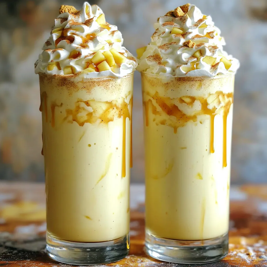 To make a tasty apple pie milkshake, gather these simple and fresh ingredients: - 2 cups vanilla ice cream - 1 cup milk - 1 medium apple, peeled, cored, and diced - 1 teaspoon ground cinnamon - 1/2 teaspoon nutmeg - 1/2 cup apple pie filling (store-bought or homemade) - 2 tablespoons caramel sauce (plus extra for drizzling) - Whipped cream for topping - Crushed graham crackers for garnish Each ingredient adds its own unique flavor to the drink. The vanilla ice cream gives it a creamy base. Milk helps blend everything smoothly. Fresh apples add crunch and freshness, while cinnamon and nutmeg give it that warm, cozy taste. Apple pie filling brings extra flavor and sweetness. Caramel sauce adds richness and a sweet touch. Whipped cream creates a delicious topping, and crushed graham crackers give a fun crunch, just like a real pie. Enjoy each sip of this delightful, creamy drink! First, you need to blend the ice cream and milk. Take 2 cups of vanilla ice cream and 1 cup of milk. Put them in a blender. Blend until it is smooth and creamy. You want a nice thick base for your milkshake. Next, let’s achieve the right consistency. You can add more milk if it’s too thick. If it’s too thin, add more ice cream. Keep blending until it feels just right. Now it's time to make it tasty! Add the diced apple and spices next. Use 1 medium apple, peeled, cored, and diced. Add 1 teaspoon of ground cinnamon and 1/2 teaspoon of nutmeg. Toss these into the blender. Blend again, but don’t overdo it! You want some small apple chunks for a nice texture. Then, mix in the apple pie filling and caramel. Use 1/2 cup of apple pie filling and 2 tablespoons of caramel sauce. Blend just enough to combine everything well. Now, let’s adjust the sweetness. Taste your milkshake. If you want it sweeter, add more caramel sauce. Blend it briefly to mix. Pour the milkshake into tall glasses, filling them about three-quarters full. Top each milkshake with whipped cream. Drizzle extra caramel sauce over the whipped cream. Lastly, sprinkle some crushed graham crackers on top for that delightful crunch. Enjoy your delicious apple pie milkshake! - Tips for choosing the best apples: Go for sweet apples like Fuji or Honeycrisp. These apples add great flavor and sweetness. Avoid tart apples, as they can make your shake less enjoyable. Picking fresh apples ensures the best taste. - Suggestions for blending techniques: Start with ice cream and milk. Blend until smooth. Then, add the diced apple and spices. Blend just enough to mix, but keep some apple chunks for texture. If you blend too long, you lose that delightful crunch. - Alternative toppings and flavors: You can use different toppings like chocolate chips or nuts. Try adding a sprinkle of nutmeg or ginger for a twist. For a fruitier taste, mix in some berries too. - Making it a smoothie version: Swap the ice cream for yogurt or frozen fruit. You can use almond milk for a lighter feel. This gives you a healthy option while keeping the apple pie flavor. - How to avoid a watery milkshake: Use less milk for a thicker shake. Blend the ice cream first to create a creamy base. If it’s too runny, add more ice cream until it’s thick enough. - Tips for maintaining apple chunks: Add diced apples at the end of blending. This keeps them intact. You want bites of apple in every sip, so don’t over-blend. {{image_2}} You can add a twist by using chocolate syrup. This will give a rich flavor. Mix in two tablespoons of syrup when blending. You might also change the ice cream flavor. Try chocolate or caramel ice cream for a fun take. For an adult version, consider adding bourbon. Just one ounce will boost the flavor. Mix it in with the other ingredients. This creates a warm, comforting drink. Adjust the amount based on your taste. If you want a vegan option, use dairy-free ice cream. Almond or coconut ice cream works great. For the milk, choose almond or oat milk. You can also swap caramel sauce with maple syrup for sweetness. This keeps the flavor rich and creamy. Yes, you can store leftovers. Keep the milkshake in an airtight container. This helps maintain its flavor and texture. It will last in the fridge for up to two days. However, the milkshake may separate over time. Give it a good stir before serving again. You should not refreeze this milkshake. Once it has been thawed, it may lose its creamy texture. If you want to enjoy it cold later, just blend it again. To ensure quality when reheating, use low heat. Heat gently to avoid melting the ingredients too fast. You can make components ahead of time. Prepare the apple pie filling and store it in the fridge. Dice the apples and keep them in an airtight bag. For a quick treat, freeze the milkshake base without toppings. This way, you can blend it fresh when you want to enjoy it. If you want a different base, try these options: - Non-dairy alternatives: You can use coconut, almond, or cashew ice cream. They add great flavor and keep it creamy. - Other flavor suggestions: Consider using cinnamon ice cream for a spicy kick or caramel ice cream for added sweetness. Yes, you can use fresh apple pie filling. Here are some points to think about: - Differences between fresh and canned fillers: Fresh filling has a brighter flavor and more texture. Canned filling is sweet and easy to use but may lack freshness. - How to make your own: Cook peeled and diced apples with sugar, cinnamon, and a bit of lemon juice. Cook until soft, then cool. To get a thicker milkshake, follow these tips: - Tips for achieving the desired thickness: Use less milk or add more ice cream. Blend less to keep it thick. - Ingredient adjustments for consistency: Adding a frozen banana or more apple chunks can help thicken your milkshake while keeping it tasty. We talked about how to make a delicious apple pie milkshake. We covered the key ingredients you need, like vanilla ice cream, fresh apples, and spices. I shared easy steps for blending and mixing flavors. You also learned tips for perfecting the texture and exciting variations. Remember, whether you choose traditional or vegan options, this treat is fun to create. Enjoy making milkshakes that suit your taste!