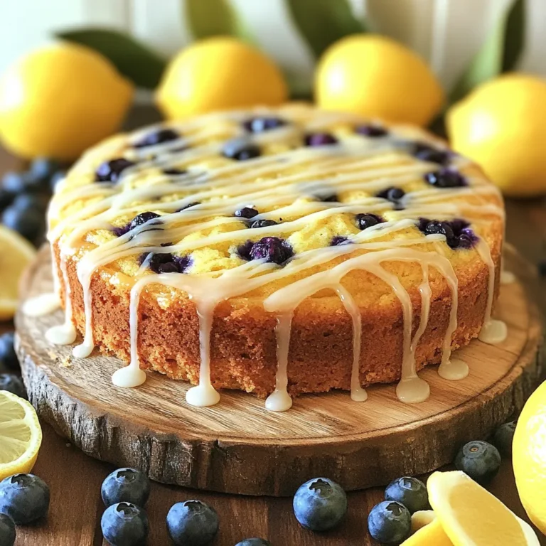 - 1 ½ cups all-purpose flour - 1 teaspoon baking powder - ½ teaspoon baking soda - ¼ teaspoon salt - ½ cup unsalted butter, softened - ¾ cup granulated sugar - 2 large eggs - 1 teaspoon vanilla extract - 1 tablespoon lemon zest - 2 tablespoons lemon juice - ½ cup sour cream - 1 cup fresh blueberries (or frozen, thawed) - ¼ cup powdered sugar (for glaze) I use both cups and teaspoons for measuring. This keeps it simple. For larger amounts, I use tablespoons. It helps when I want to divide or multiply recipes. - All-purpose flour: This flour works well for cakes. It gives the cake a nice texture. - Baking powder and baking soda: These help the cake rise and stay light. They are key for a fluffy result. - Unsalted butter: I prefer unsalted butter. It lets me control the salt in the cake. - Granulated sugar: This sweetens the cake. It also helps with browning the top. - Eggs: They add moisture and help bind all the ingredients. - Vanilla extract: Vanilla adds a warm flavor. It pairs well with lemon. - Lemon zest: This adds a strong lemon flavor. It makes the cake bright and fresh. - Lemon juice: It adds tanginess and moisture to the batter. - Sour cream: This makes the cake tender and adds a slight tang. - Fresh blueberries: These are sweet and juicy. They burst with flavor in the cake. If you use frozen, thaw them first. - Powdered sugar: This is for the glaze. It adds sweetness and a nice finish. With these ingredients, you create a cake that is full of flavor and joy. Each one plays a role in making this lemon blueberry coffee cake a treat worth sharing. First, gather all your ingredients. You need all-purpose flour, baking powder, baking soda, salt, butter, sugar, eggs, vanilla extract, lemon zest, lemon juice, sour cream, and blueberries. Next, preheat your oven to 350°F (175°C). Grease a 9-inch round cake pan or use parchment paper. This helps with easy removal later. In a medium bowl, whisk together the flour, baking powder, baking soda, and salt. Set this bowl aside for now. In a large bowl, cream the softened butter and sugar for about 2-3 minutes. You want it to be light and fluffy. Add the eggs one at a time, mixing well after each. Then, stir in the vanilla, lemon zest, and lemon juice. Now, it’s time to mix the dry and wet ingredients. Alternate adding the dry mix and sour cream to the butter mix. Start and end with the flour mix. Just mix until combined. Gently fold in the blueberries with a spatula. Be careful not to break them. Pour the batter into your prepared cake pan. Smooth the top with a spatula. Bake for 30-35 minutes. To check if it’s done, insert a toothpick into the center. If it comes out clean, the cake is ready. After baking, let the cake cool in the pan for about 10 minutes. Then, transfer it to a wire rack to cool completely. While it cools, make the glaze. In a small bowl, mix powdered sugar with a splash of lemon juice. Adjust the amount of juice until you reach your desired glaze thickness. Once the cake is cool, drizzle the glaze over the top. Enjoy your Lemon Blueberry Coffee Cake! To make the best lemon blueberry coffee cake, follow these simple tips: - Preheat your oven: Always preheat your oven to 350°F (175°C). This helps your cake rise evenly. - Use room temperature ingredients: Make sure your butter and eggs are at room temperature. This gives the batter a nice texture. - Do not overmix: When adding the dry ingredients, mix just until combined. Overmixing can make your cake tough. - Check for doneness: Insert a toothpick in the center. If it comes out clean, your cake is ready. Blueberries can sink during baking, but you can stop this: - Coat with flour: Toss the blueberries in a bit of flour before adding them to the batter. This helps them stay suspended. - Fold gently: When mixing in the blueberries, use a spatula and fold gently. This keeps the berries intact. - Drop them in: Instead of mixing, drop the blueberries into the batter once it’s in the pan. This keeps them near the top. For a great glaze, follow these tips: - Mixing the glaze: Combine powdered sugar with a splash of lemon juice. Stir until smooth and thick. - Timing is key: Glaze your cake once it’s completely cool. This ensures the glaze sets nicely. - Drizzle technique: Use a spoon or a small bowl to drizzle the glaze. This gives a beautiful presentation and even coverage. {{image_2}} You can add nuts or other fruits to make the cake your own. Chopped walnuts or pecans give a nice crunch. They also add healthy fats and protein. You can try using raspberries or blackberries instead of blueberries. Each fruit brings its own flavor. Mix and match to find your favorite combo! The glaze can change the cake's taste and look. Instead of a lemon glaze, use a simple vanilla glaze. Just mix powdered sugar with milk and a splash of vanilla. For a fruity twist, try a berry glaze. Blend any berry with powdered sugar to create a colorful topping. Glazes add fun and flavor to your cake! If you need a gluten-free cake, it's easy to switch. Use a gluten-free all-purpose flour instead of regular flour. Make sure it has a good blend of starches. This way, your cake will still rise and taste great. You might need to adjust the baking time slightly. Keep an eye on it as it bakes! To keep your Lemon Blueberry Coffee Cake fresh, store it in an airtight container. This helps keep the moisture locked in. Place the cake at room temperature if you plan to eat it within two days. If you want it to last longer, move it to the fridge. It can stay fresh for about a week in the fridge. If you want to save some for later, freezing is a great choice. First, let the cake cool completely. Then, wrap it tightly in plastic wrap. After that, place it in a freezer bag or container. This way, it can last up to three months in the freezer. When you are ready to enjoy it, just thaw it overnight in the fridge. To reheat your Lemon Blueberry Coffee Cake, preheat your oven to 350°F (175°C). Place the cake on a baking sheet and cover it with foil. Heat it for about 10-15 minutes. This helps keep the cake moist. You can also use a microwave for quick reheating. Just heat a slice for 15-20 seconds. Enjoy your warm slice with a fresh drizzle of glaze! Yes, you can use frozen blueberries. Just make sure to thaw them first. Drain any excess liquid to avoid a soggy cake. Using frozen blueberries works well. They still add great flavor and color. Serve it warm or at room temperature. You can slice it and enjoy it plain. For a treat, top it with whipped cream or a scoop of ice cream. A drizzle of extra glaze adds a nice touch too. The coffee cake lasts about 3 to 4 days at room temperature. Store it in an airtight container to keep it fresh. If you want it to last longer, freeze it. It can stay in the freezer for up to 3 months. You’ve learned about the key ingredients, detailed instructions, and helpful tips for making Lemon Blueberry Coffee Cake. We also explored tasty variations to personalize your cake. Remember, the right storage methods keep your cake fresh longer. Follow these steps, and you’ll bake a wonderful coffee cake every time. Enjoy sharing this delicious dessert with friends and family. Happy baking!