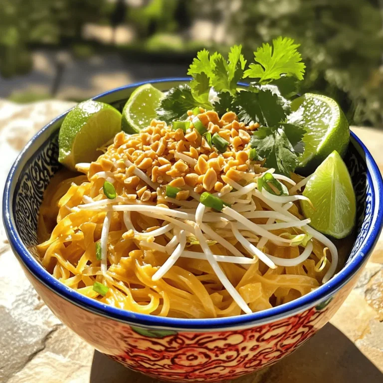 To make a great Pad Thai, you need some key ingredients. Here’s a list that you’ll need: - 8 oz rice noodles - 2 tablespoons vegetable oil - 2 cloves garlic, minced - 1 cup chicken breast, thinly sliced (or tofu for vegetarian option) - 2 eggs, beaten - 1 cup bean sprouts - 1/2 cup green onions, chopped - 1/4 cup roasted peanuts, crushed - 2 tablespoons soy sauce - 1 tablespoon fish sauce (or a splash of soy sauce for vegetarian) - 1 tablespoon tamarind paste - Fresh cilantro and lime wedges for garnish These ingredients come together to create a delicious meal that is quick and easy. The rice noodles give you that perfect chewy texture. The chicken or tofu adds protein and flavor. Garlic adds a lovely aroma, while the bean sprouts and green onions give it a fresh crunch. If you have dietary preferences, don’t worry! You can easily switch out some ingredients: - Protein: Use tofu or shrimp instead of chicken. - Sauces: For a vegetarian version, skip the fish sauce. Use more soy sauce. - Noodles: If you want gluten-free, try rice noodles or zucchini noodles. These swaps help you enjoy Pad Thai no matter your diet. You still get all the great flavors while meeting your needs. Toppings can take your Pad Thai to the next level. Here are some tasty options: - Crushed peanuts for extra crunch - Fresh cilantro for a burst of freshness - Lime wedges for a zesty kick - Chili flakes for a spicy touch These toppings add flavor and make your dish look fantastic. A little crunch, some freshness, and a splash of lime make all the difference. Enjoy your Pad Thai with these fun additions! To start, bring a large pot of water to a boil. Once the water is bubbling, add 8 oz of rice noodles. Cook them for about 3-4 minutes until they are al dente. Al dente means they should be firm but not hard. Drain the noodles and set them aside. This step is key for a great texture in Pad Thai. Now, grab a large skillet or wok and heat 2 tablespoons of vegetable oil over medium-high heat. Add 2 minced garlic cloves. Sauté the garlic for about 30 seconds until it smells great. Next, add 1 cup of thinly sliced chicken breast or tofu if you prefer. Cook the protein for 4-5 minutes until it is done. Once cooked, push the meat to one side of the pan. This makes space for the next step. Pour 2 beaten eggs into the clear side of the skillet. Scramble the eggs until they are fully cooked, then mix them with the chicken. After that, add the drained noodles to the skillet. Pour in 2 tablespoons of soy sauce, 1 tablespoon of fish sauce, and 1 tablespoon of tamarind paste. Toss everything well so the noodles soak up the flavors. Finally, fold in 1 cup of bean sprouts and 1/2 cup of chopped green onions. Cook for an extra 2 minutes until the veggies are slightly wilted. Serve your Pad Thai on a plate and top it with 1/4 cup of crushed peanuts, fresh cilantro, and lime wedges. Enjoy your quick and tasty meal! To save time, gather all your ingredients first. Chop the garlic and green onions before you start. Soak the rice noodles in hot water while you prepare the other items. This cuts down on cooking time. Use a large skillet to cook everything in one go. This makes clean-up easier too. Use fresh ingredients for the best taste. Fresh garlic adds great flavor. Choose good-quality soy sauce and fish sauce for depth. Tamarind paste is key for that classic tang. Taste as you cook to adjust flavors. If it seems bland, add more soy or fish sauce. Don’t overcook the noodles; they should be al dente. If they get mushy, your dish won’t be as good. Avoid using too much oil; it can make your dish greasy. Be careful with the tamarind paste; a little goes a long way. Lastly, don’t forget to garnish! Fresh cilantro and lime make it pop. {{image_2}} You can easily make Pad Thai vegetarian or vegan. Simply swap chicken for tofu. Tofu gives a great texture and absorbs flavors well. Use soy sauce instead of fish sauce. This change keeps the umami taste while making it plant-based. You can also add more veggies like bell peppers or zucchini for extra nutrients. While chicken is classic, you can use shrimp, beef, or pork. Each protein adds a unique taste. If you want a gluten-free option, use rice noodles made from 100% rice. You can also try wider rice noodles or even zucchini noodles for a low-carb twist. Add-ins can make your Pad Thai pop! Try adding crushed peanuts, which give a nice crunch. You can also sprinkle sesame seeds for a nutty flavor. Fresh herbs like basil or mint can brighten the dish. For some heat, toss in sliced jalapeños or chili flakes. These extras make each bite exciting! To store leftover Pad Thai, let it cool down first. Once cooled, place it in an airtight container. This helps keep it fresh. You can store it in the fridge for up to three days. Make sure to label it with the date. This way, you won't forget about it! When you reheat Pad Thai, you want to keep it tasty. The best method is to use a skillet. Heat the skillet on medium heat. Add a splash of water or oil to keep it moist. Stir the Pad Thai often to warm it evenly. This should take about 5 to 7 minutes. If you use a microwave, cover it with a damp paper towel. This helps prevent it from drying out. You can freeze Pad Thai for later use! First, cool it completely. Then, place it in a freezer-safe container or bag. Remove as much air as possible. This helps prevent freezer burn. Label the container with the date. You can freeze it for up to three months. To eat, thaw it in the fridge overnight, then reheat it as mentioned above. Enjoy your quick and tasty meal anytime! It takes about 10 minutes to prep and 10 minutes to cook. So, you can enjoy a hot plate of Pad Thai in just 20 minutes. This quick meal is perfect for busy days. Yes, you can skip the fish sauce. Use extra soy sauce instead. This still gives you nice flavor. If you want a little more depth, add some salt or a splash of vinegar. If you don’t have tamarind paste, mix lime juice with brown sugar. This combo brings a sweet and tangy taste similar to tamarind. You can also use lemon juice as a backup option. Absolutely! Add chili flakes or fresh sliced chili to your Pad Thai. You can also use sriracha or chili sauce for more heat. Start with a little, then adjust to your taste. Check the package for cooking time, usually around 3-4 minutes. The noodles should be soft but still firm, or al dente. Drain them quickly and rinse under cold water to stop cooking. In this post, we explored how to make the perfect Pad Thai, from choosing the right ingredients to cooking methods. I shared tips for dietary needs and offered ways to enhance flavor with toppings. We also looked at variations, storage tips, and common questions. Making authentic Pad Thai can be easy and fun. With practice, you can create a dish that pleases everyone. Now, gather your ingredients and get cooking! Enjoy your Pad Thai adventure!