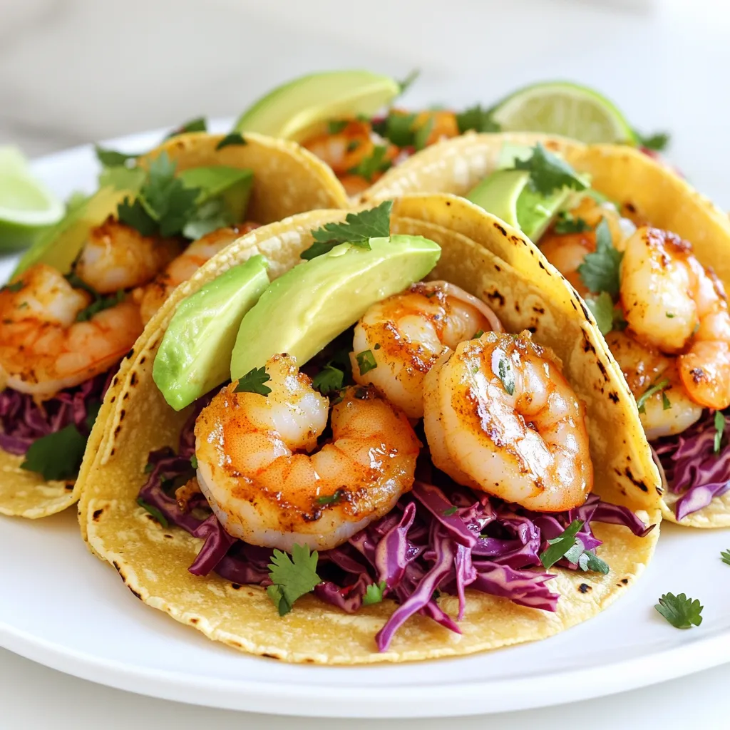 To make chili garlic shrimp tacos, you need fresh ingredients. Here’s what you’ll need: - 1 pound large shrimp, peeled and deveined - 2 tablespoons olive oil - 3 cloves garlic, minced - 8 small corn tortillas These ingredients create the base of your tacos. The shrimp is the star, providing a juicy and tender bite. The right spices add flavor to the shrimp. For this recipe, gather: - 1 teaspoon chili powder - ½ teaspoon smoked paprika - ½ teaspoon salt - ½ teaspoon black pepper - Juice of 1 lime These spices bring warmth and depth to the shrimp. The lime juice brightens the dish and balances the flavors. Toppings make these tacos crunchy and fresh. You’ll want: - 1 cup shredded red cabbage - ½ avocado, sliced - Fresh cilantro for garnish - Lime wedges for serving The red cabbage adds color and crunch. Avocado brings creaminess, while cilantro adds a burst of freshness. Don’t forget lime wedges for that zesty kick! Start by gathering all your ingredients. You will need one pound of large shrimp. Make sure they are peeled and deveined. In a medium bowl, mix the shrimp with two tablespoons of olive oil. Then, add three cloves of minced garlic. Next, sprinkle in one teaspoon of chili powder, half a teaspoon of smoked paprika, half a teaspoon of salt, and half a teaspoon of black pepper. Squeeze the juice of one lime into the bowl. Toss everything together until the shrimp are well coated. This step is key for great flavor. Now, heat a non-stick skillet over medium-high heat. Once the pan is hot, add the shrimp in a single layer. Cook the shrimp for about two to three minutes on each side. You will know they are done when they turn pink and opaque. Make sure not to overcrowd the pan. If needed, cook the shrimp in batches. This helps them cook evenly and absorb all that flavor from the spices. While the shrimp cook, warm eight small corn tortillas. You can do this in a separate pan or microwave. Just heat them until they are soft and pliable. Once the shrimp are ready, it’s time to build your tacos. Place a few shrimp on each tortilla. Top them with one cup of shredded red cabbage and slices of half an avocado. For the final touch, garnish with fresh cilantro. Serve the tacos with lime wedges on the side for extra zest. Enjoy your quick and flavorful meal! To save time, prep your ingredients first. Have everything ready before you start cooking. This way, you can focus on cooking the shrimp quickly. Use a non-stick skillet to prevent sticking and make cleanup easier. You can also warm the tortillas in the microwave. Just wrap them in a damp paper towel and heat for about 30 seconds. Perfectly cooked shrimp should be pink and opaque. Start with large shrimp, as they cook evenly. Don’t overcrowd the pan; cook in batches if needed. Cook shrimp for about 2-3 minutes on each side. If you see them curling tightly, they are overcooked. Always use fresh shrimp for the best flavor. Make your tacos look great with a few simple tricks. Use a colorful platter to serve your tacos. Place lime wedges and extra cilantro around the tacos for a pop of color. Stack the tacos slightly, so they look inviting. For a finishing touch, sprinkle some extra chili powder on top for color and flavor. {{image_2}} To make your tacos spicier, add more chili powder. You can also use jalapeños. Slice fresh jalapeños and layer them on your tacos. For extra kick, try hot sauce. A few drops will make a big difference. If you want a vegetarian option, replace the shrimp with mushrooms. Portobello or shiitake mushrooms work well. They have a meaty texture and absorb flavors nicely. You can follow the same steps for cooking. Season them with olive oil, garlic, and spices for a tasty twist. You can mix up the toppings to suit your taste. Try diced tomatoes or corn for freshness. Feta cheese or crumbled queso can add creaminess. For a crunch, add sliced radishes. You could also use a drizzle of yogurt or a spicy aioli for added flavor. To store leftover tacos, keep the shrimp and toppings separate. Place the shrimp in a container and seal it tightly. You can store the shrimp in the fridge for up to two days. Wrap the tortillas in foil or wax paper. This helps prevent them from drying out. For the toppings, like cabbage and avocado, use airtight containers. This keeps them fresh and crisp. To reheat the shrimp, place them in a skillet over medium heat. Cook for about two minutes until they are warm. You can also microwave them. Use a microwave-safe plate and heat for 30 seconds. Check and stir, then heat more if needed. For tortillas, warm them in a dry skillet or microwave. This makes them soft again. Meal prep makes this recipe easy. Cook the shrimp and store them in advance. You can also chop the cabbage and slice the avocado ahead of time. Keep them in separate containers in the fridge. When you're ready to eat, just warm the shrimp and tortillas. Assemble your tacos in minutes and enjoy a quick meal! Yes, you can prep some parts in advance. Cook the shrimp and store them in the fridge for up to two days. Warm them before serving. You can also slice the avocado and cabbage ahead of time. Keep them in airtight containers to stay fresh. I recommend using large shrimp, peeled and deveined. They cook fast and have great flavor. Fresh shrimp are best, but you can use frozen ones too. Just thaw them before cooking. Look for shrimp that are firm and have a nice sheen. To prevent tearing, warm the tortillas before using them. You can heat them in a pan or microwave. Wrap them in a clean cloth to keep them warm and soft. This helps them bend without breaking. Use small corn tortillas for better handling. You can create tasty chili garlic shrimp tacos with simple ingredients and clear steps. We covered the main ingredients, spices, and perfect toppings. I shared easy methods to cook shrimp and assemble your tacos. You learned time-saving tips and how to make them look great on a plate. Variations like spicy and vegetarian options let you customize your tacos. Lastly, I shared storage and reheating advice for leftovers. Enjoy making these tacos any time and share them with friends!