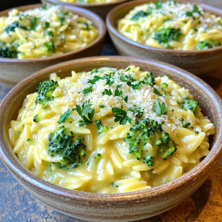 - 1 cup orzo pasta - 2 cups vegetable broth - 1 cup broccoli florets - 1 tablespoon olive oil - 1 small onion, finely chopped - 2 cloves garlic, minced - 1 cup heavy cream - 1 cup grated Parmesan cheese - Salt and pepper to taste - 1 teaspoon lemon zest - 1 tablespoon fresh parsley, chopped (for garnish) You can swap orzo pasta for rice or quinoa. This keeps the dish gluten-free. For a vegan option, use cashew cream or coconut cream instead of heavy cream. Nutritional yeast can replace Parmesan cheese for a cheesy flavor without dairy. If you can't find broccoli, try using spinach or peas. They both add nice color and taste. - Get your pot ready: Use a large pot for even cooking. A heavy-bottomed pot works best. - Chopping and prepping vegetables: Finely chop the onion. Mince the garlic. Cut the broccoli into small florets. This makes sure everything cooks evenly. - Sautéing onions and garlic: Heat olive oil in the pot over medium heat. Add the chopped onion. Stir and cook until it is soft, about 3-4 minutes. Then add the minced garlic and cook for 1 minute. This brings out the flavors. - Toasting the orzo pasta: Add the orzo pasta to the pot. Stir it for 2-3 minutes. This toasts the pasta and adds a nice nutty taste. - Boiling and simmering: Pour in the vegetable broth. Add the broccoli florets, salt, and pepper. Bring it all to a boil. Once boiling, lower the heat, cover, and let it simmer for 10-12 minutes. The orzo should be tender, and most of the liquid should be absorbed. - Adding cream and cheese: Stir in the heavy cream, grated Parmesan cheese, and lemon zest. Mix until the cheese melts and the sauce is creamy. - Adjusting seasoning: Taste the dish and add more salt and pepper if needed. Adjusting the seasoning is key for perfect flavor. To make your creamy orzo truly delightful, focus on a few key techniques. - The best techniques for creaminess: Start with high-quality heavy cream and good Parmesan cheese. Both bring rich flavors and a nice texture. Stir in the cream slowly after the orzo cooks. This helps make it super creamy without clumping. - How to prevent overcooking orzo: Keep an eye on the orzo as it cooks. Since it cooks quickly, check it a couple of minutes before the time is up. You want it al dente, which means it should have a slight bite. If you cook it too long, it can get mushy. Once your creamy orzo is ready, it's time to think about how to serve it. - Ideal accompaniments and side dishes: This dish pairs well with a fresh salad or roasted vegetables. You can also serve it alongside grilled chicken or fish for a balanced meal. - Garnishing ideas for a presentable dish: For a nice touch, sprinkle some chopped parsley on top before serving. A little extra Parmesan cheese adds flavor and makes it look fancy. You can also add some lemon zest on top for a pop of color and fresh taste. {{image_2}} You can boost the protein in creamy broccoli Parmesan orzo easily. Consider adding cooked chicken, shrimp, or tofu. Each option brings its own flavor and texture. For chicken, try grilled or rotisserie. Shrimp adds a nice seafood touch. Tofu is a great choice for a vegetarian meal. For a quick fix, use pre-cooked proteins. This way, you save time and keep the meal simple. While broccoli shines in this dish, many other vegetables work well too. You can add spinach, peas, or bell peppers for extra color and nutrition. Seasonal veggies like zucchini or asparagus can also make this dish fresh and vibrant. Feel free to experiment with whatever you have on hand. Mixing in different vegetables keeps things exciting. To elevate the flavor, add spices and herbs. A pinch of red pepper flakes can give it a nice kick. Fresh herbs like basil or thyme add a lovely aroma. You can also switch up the cheese. Instead of Parmesan, try mozzarella or goat cheese for a unique twist. Each cheese brings its own character, enriching the creamy sauce and making the dish even more delicious. To keep your creamy broccoli Parmesan orzo fresh, let it cool first. Place the orzo in a shallow dish. This helps it cool quickly and evenly. Once cooled, cover the dish tightly with plastic wrap or a lid. You can also use airtight containers for best results. Store it in the fridge for up to three days. If you want to keep it longer, freeze it. Use freezer-safe containers or bags. Make sure to remove as much air as possible to prevent freezer burn. When you are ready to enjoy your leftovers, the best way to reheat orzo is on the stove. Add a splash of water or broth to help keep it moist. Heat it over low to medium heat. Stir often to make sure it warms evenly. If you prefer the microwave, use a microwave-safe bowl. Cover it with a damp paper towel to keep the moisture in. Heat it in short bursts, stirring in between. To maintain creaminess, avoid overheating. Add a bit more cream or cheese if needed to revive its rich texture. To keep orzo firm, follow a few simple steps. First, cook it until just al dente. This means it should still have a slight bite. Next, stir it often while it cooks. This helps it cook evenly. Lastly, don't let it sit in the pot after cooking. Drain it right away if not using immediately. Yes, you can use frozen broccoli. It saves time and is convenient. Just add it to the pot when you add the broth. Frozen broccoli cooks faster, so check for tenderness after a few minutes. Drain any excess water before adding cream and cheese. If you need a substitute for Parmesan, try Pecorino Romano for a similar taste. Grated nutritional yeast is a great vegan option. It adds a cheesy flavor without dairy. Lastly, you can use any hard cheese you like, such as aged Gouda or Grana Padano. Absolutely! Use plant-based cream and nutritional yeast instead of Parmesan. Make sure your vegetable broth is vegan as well. This way, you keep the creamy texture and rich flavor while meeting your dietary needs. You can store leftovers in an airtight container in the fridge for up to three days. Make sure to let it cool before placing it in the fridge. For longer storage, freeze it for up to three months. Just remember to thaw it in the fridge before reheating. To reheat, place the orzo in a pot over low heat. Add a splash of vegetable broth or cream to help it regain its creaminess. Stir often until heated through. You can also microwave it, but add moisture to keep it from drying out. Yes, feel free to add other vegetables! Spinach, peas, or bell peppers work great. Just chop them into small pieces. Add them at the same time you add the broccoli for even cooking. This way, you can customize the dish to your taste. This dish pairs well with a simple salad or grilled chicken. You can also serve it with crusty bread for a heartier meal. A light vinaigrette on the salad balances the creaminess of the orzo nicely. Enjoy experimenting with side dishes! This post shared how to make creamy orzo pasta with easy steps and helpful tips. We learned about simple ingredients and tasty substitutes for different diets. You now know how to perfect the dish, add proteins, and store leftovers. Remember, cooking is fun and a chance to be creative. With these methods, you can impress your friends and family. Enjoy making this dish and exploring all its variations!