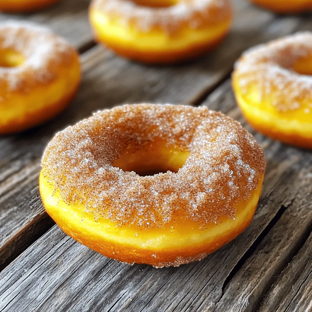 To make these tasty donuts, gather the following main ingredients: - 1 cup pumpkin puree (canned or fresh) - 1/2 cup granulated sugar - 1/4 cup brown sugar, packed - 1/2 cup vegetable oil - 2 large eggs - 1 teaspoon vanilla extract - 2 cups all-purpose flour - 2 teaspoons baking powder - 1/2 teaspoon baking soda - 1 teaspoon ground cinnamon - 1/2 teaspoon ground nutmeg - 1/4 teaspoon ground ginger - 1/4 teaspoon salt These ingredients make the base of your donuts. The pumpkin puree adds moisture and flavor. The sugars give sweetness, while the spices bring warmth. You can change up the flavor or texture with these optional ingredients: - Chocolate chips - Chopped nuts (like pecans or walnuts) - Dried fruits (like cranberries or raisins) Feel free to mix in any of these for a twist. They can make your donuts even more delicious. You will need some tools to make the process smooth: - Donut pan - Mixing bowls - Whisk - Piping bag or ziplock bag (for filling the pan) - Toothpick (for checking doneness) - Wire rack (for cooling) These tools ensure you create the perfect donuts. The donut pan shapes them just right, while the wire rack helps cool them evenly. Start by preheating your oven to 350°F (175°C). This step ensures even baking. Grease a donut pan with non-stick spray to help the donuts release easily. In a large bowl, mix 1 cup of pumpkin puree, 1/2 cup of granulated sugar, and 1/4 cup of brown sugar. Add 1/2 cup of vegetable oil, 2 large eggs, and 1 teaspoon of vanilla extract. Whisk until smooth. In another bowl, sift together 2 cups of all-purpose flour, 2 teaspoons of baking powder, 1/2 teaspoon of baking soda, and spices: 1 teaspoon of ground cinnamon, 1/2 teaspoon of ground nutmeg, 1/4 teaspoon of ground ginger, and 1/4 teaspoon of salt. Gradually add the dry mix to the wet mix. Stir gently until just combined. Be careful not to overmix. Next, fill each cavity of the donut pan about 3/4 full with the batter. You can use a piping bag or a ziplock bag with one corner snipped off for easy filling. Bake the donuts for 15 to 18 minutes. They are done when a toothpick comes out clean from the center. Once baked, let the donuts cool in the pan for about 5 minutes. Carefully transfer them to a wire rack to cool completely. This cooling time helps them set nicely. While your donuts cool, prepare the cinnamon sugar coating. In a shallow bowl, mix 1/2 cup of granulated sugar with 1 tablespoon of ground cinnamon. Once the donuts are fully cool, roll each one in the cinnamon sugar mixture. Make sure they are fully coated for that sweet and spicy touch. Serve them fresh, or store in an airtight container for up to three days. Enjoy your delicious fall treat! To get soft and fluffy donuts, you must mix carefully. Combine the wet and dry ingredients until just combined. Overmixing can lead to tough donuts. Use fresh pumpkin puree for a moist texture. If you use canned pumpkin, drain excess liquid. Make sure your oven is preheated to 350°F. This ensures even baking. One common mistake is not greasing the pan well. Make sure to use non-stick spray or oil. Another mistake is skipping the cooling step. Allow the donuts to cool for five minutes in the pan. This helps them hold their shape better. Also, don’t rush the coating process. Roll the donuts in cinnamon sugar only when they are fully cool. You can make these donuts even more special. Add chocolate chips or nuts to the batter for a fun twist. Try using maple extract instead of vanilla for a unique taste. For a spicier flavor, add more cinnamon or even a pinch of cloves. You can also top the donuts with a glaze made from powdered sugar and milk. This gives a sweet finish that pairs well with the pumpkin flavor. {{image_2}} You can add chocolate chips to the batter for a tasty twist. Use about 1 cup of semi-sweet chocolate chips. Fold them in gently before filling your donut pan. The chocolate melts and mixes well with the pumpkin flavor. These donuts become rich and sweet, perfect for chocolate lovers. To make maple glazed pumpkin donuts, skip the cinnamon sugar. Instead, mix 1 cup of powdered sugar with 2 tablespoons of maple syrup. Add a splash of milk to make it smooth. Once the donuts cool, dip the tops into the glaze. This gives a sweet, sticky finish that pairs well with pumpkin. For a gluten-free option, replace all-purpose flour with a gluten-free blend. Check that your blend includes xanthan gum for the best texture. The rest of the recipe stays the same. These donuts will still taste great and be safe for those avoiding gluten. Enjoy the autumn flavors without worry! To keep your cinnamon sugar pumpkin donuts fresh, store them in an airtight container. A container helps to lock in moisture and flavor. Place parchment paper between layers to prevent sticking. Make sure the donuts are completely cool before storing them. This step stops sogginess. These delightful donuts last for up to 3 days when stored properly. After that, they may lose their flavor and texture. If you want to keep them longer, consider freezing. Just wrap each donut tightly in plastic wrap before placing them in a freezer bag. To enjoy your donuts warm, reheat them in the microwave. Heat for about 10-15 seconds. This warms them without drying out the donuts. You can also use an oven. Preheat it to 350°F (175°C), and heat for about 5 minutes. Enjoy your fresh, warm treat! Yes, you can use fresh pumpkin. Just cook it until soft, then mash it. You need the same amount, one cup. Fresh pumpkin may have a lighter flavor. But, it will still taste great in the donuts. To make these donuts healthier, you can swap some ingredients. Use whole wheat flour instead of all-purpose flour. This adds fiber and nutrients. You can also reduce the sugar. Try using half the amount of granulated sugar in the batter. Consider adding applesauce for moisture. You can find pre-made donuts at many bakeries. Some grocery stores may also carry them in the fall. Check local farmer's markets too. They often have fresh, seasonal treats. If you can't find them, consider making your own. It’s fun and very rewarding! Making cinnamon sugar pumpkin donuts is fun and easy. We covered key ingredients, tools, and step-by-step instructions to help you bake perfect donuts. I shared tips for texture and common mistakes to avoid. You can also try fun variations like chocolate chip or gluten-free donuts. Store them well to keep them fresh for longer. Enjoy your baking adventures, and don’t hesitate to experiment! Your taste buds will love the results, and you'll impress everyone with your delicious treats.