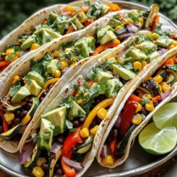 - 1 medium zucchini, diced - 1 red bell pepper, chopped - 1 yellow bell pepper, chopped - 1 red onion, sliced - 1 cup corn (fresh, frozen or canned) - 1 can black beans, drained and rinsed - 2 tablespoons olive oil - 2 teaspoons chipotle powder - 1 teaspoon cumin - 1 teaspoon smoked paprika - Salt and pepper to taste - 8 small corn tortillas - 1 avocado, sliced - Fresh cilantro, chopped (for garnish) - Lime wedges (for serving) Each ingredient plays an important role. The veggies add texture and flavor. Black beans give protein. Corn brings sweetness. The spices are what make these tacos shine. Chipotle powder adds heat and smokiness. Cumin gives a warm, earthy taste. Smoked paprika adds depth and a slight sweetness. Salt and pepper enhance all these flavors. Garnishes can take your tacos to the next level. Sliced avocado adds creaminess. Fresh cilantro gives a burst of flavor. Lime wedges add a zesty kick. You can mix and match these to suit your taste. Start by gathering all your veggies. You need one medium zucchini, one red bell pepper, one yellow bell pepper, and one red onion. Dice the zucchini and chop the bell peppers. Slice the onion into thin pieces. Now, grab a large bowl. Add the diced zucchini, chopped peppers, sliced onion, one cup of corn, and one can of black beans. Draining and rinsing the black beans is important to remove extra salt. Next, drizzle two tablespoons of olive oil over the mixed veggies. Add two teaspoons of chipotle powder, one teaspoon of cumin, and one teaspoon of smoked paprika. Don't forget to sprinkle some salt and pepper. Toss everything well until all the veggies get coated with the oil and spices. Preheat your oven to 425°F (220°C). Line a large baking sheet with parchment paper. Spread the veggie mixture evenly across the sheet in a single layer. Make sure not to overcrowd the pan. This helps the veggies roast better. Now, roast them in the oven for about 20 to 25 minutes. Halfway through, take them out and stir the veggies. This ensures even cooking. You want them tender and slightly charred for that smoky flavor. While the veggies are roasting, warm your corn tortillas. You can do this on a pan or right over the flame until they are soft and flexible. Once the veggies are ready, take them out of the oven. Now it’s time to assemble the tacos! Place a generous scoop of the roasted veggie mix on each tortilla. Top them with sliced avocado for creaminess. Garnish with fresh cilantro for a burst of flavor. Serve with lime wedges on the side for a zesty kick. Enjoy your vibrant Chipotle Veggie Tacos! To get the best flavor and texture from your veggies, follow these tips: - Cut your veggies into similar sizes. This helps them cook evenly. - Use parchment paper on your baking sheet. It prevents sticking and makes cleanup easy. - Don't crowd the pan. Give veggies space to roast properly. This allows them to get that nice, charred look. - Stir halfway through roasting. This ensures all sides get crispy and brown. Warming corn tortillas is simple. Here’s how: - Heat a dry skillet over medium heat. - Place one tortilla in the hot skillet. - Cook for about 30 seconds on each side. You want them warm and soft. - For a smoky flavor, warm them directly over a flame for a few seconds. Just be careful not to burn them! Make your taco night special with these presentation tips: - Arrange tacos on a large platter. This invites guests to dig in. - Add lime wedges around the tacos. They look bright and fresh. - Include a small bowl of chopped cilantro. This lets everyone customize their tacos. - Serve with colorful sides, like a salsa or a green salad. It adds color and variety to your meal. {{image_2}} You can swap out any vegetable in this recipe. Try using eggplant or mushrooms for a different taste. Sweet potatoes add a nice sweetness. Carrots and broccoli work well too. Just remember to cut them small to help them cook evenly. If you want to add protein, try chickpeas or tofu. They soak up flavors well. For meat lovers, grilled chicken or shrimp are great choices. Just cook them separately and add them to the tacos when you assemble. You can make your tacos as spicy or mild as you like. For a mild taste, skip the chipotle powder. You can use smoked paprika instead. If you like spice, add jalapeños or a dash of hot sauce. Adjust the heat to fit your taste buds. To store leftover tacos, let them cool down first. Place the veggie mix in an airtight container. Keep the tortillas separate to prevent them from getting soggy. You can store them in the fridge for up to three days. If you want to keep them longer, it’s best to freeze the veggie mixture. To reheat the veggie mixture, use a skillet over medium heat. Stir until heated through, which takes about five minutes. You can also microwave it for 1-2 minutes in a microwave-safe bowl. For tortillas, warm them in a skillet for about 30 seconds on each side. This will keep them soft and tasty. To freeze the veggie mixture, first let it cool completely. Transfer it to a freezer-safe bag or container. Make sure to remove as much air as possible. The veggie mix can be frozen for up to three months. When you’re ready to use it, thaw it in the fridge overnight before reheating. Yes, you can make this recipe gluten-free. The key is to use corn tortillas. These are naturally gluten-free and perfect for your tacos. Always check the packaging to ensure no gluten is present. To boost protein in your vegan tacos, consider adding ingredients like quinoa or tofu. You can also use chickpeas or lentils. These options mix well with the veggies and add a nice texture. If you do not have chipotle powder, you can use smoked paprika. It gives a nice smoky flavor. You can also mix paprika with cayenne pepper for some heat. Adjust the amount to fit your taste. You learned about the key ingredients and spices for tasty tacos. I shared steps to prepare vegetables, roast them well, and assemble your dish. Tips helped with roasting, warming tortillas, and presenting your tacos. You explored variations with different veggies, proteins, and spice levels. Lastly, I covered storage and reheating options to keep your meal fresh. Now, get creative and make tacos your way! Enjoy the process and share your delicious results.