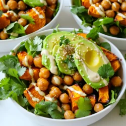 - 2 medium sweet potatoes, peeled and diced - 1 can (15 oz) chickpeas, rinsed and drained - 2 tablespoons olive oil Sweet potatoes bring a sweet flavor and vibrant color. They are rich in vitamins and minerals. Chickpeas add protein and fiber, making this bowl filling. Olive oil helps roast the veggies and adds healthy fats. - 1 teaspoon smoked paprika - 1 teaspoon ground cumin - 1 teaspoon garlic powder - Salt and pepper to taste - 1/4 cup tahini - 2 tablespoons lemon juice - 1 tablespoon maple syrup (optional) Smoked paprika adds a warm, smoky taste. Ground cumin brings a nutty flavor to the dish. Garlic powder enhances the overall flavor. The tahini dressing combines creamy and tangy notes. Maple syrup, if you choose, adds a touch of sweetness. - 1 avocado, sliced - Sesame seeds - Fresh cilantro for garnish Avocado offers creaminess and healthy fats. Sesame seeds add a nice crunch and nutty flavor. Fresh cilantro gives a pop of color and brightness to the dish. These garnishes elevate the bowl, both in taste and presentation. - Preheat the Oven: Set your oven to 400°F (200°C). This heat will roast the veggies perfectly. - Prepare the Veggies: In a large bowl, add the diced sweet potatoes and chickpeas. Drizzle with olive oil. Sprinkle smoked paprika, cumin, garlic powder, salt, and pepper. Toss everything until well-coated. - Spread and Roast: Spread the sweet potato and chickpea mix evenly on a parchment-lined sheet pan. Keep them in a single layer for even roasting. Roast for 25-30 minutes, or until the sweet potatoes are tender and lightly browned. - Stirring Halfway Through: Halfway through roasting, stir the mix. This ensures even cooking and crispiness. - Combine Ingredients: While the veggies roast, make the dressing. In a small bowl, whisk tahini, lemon juice, and maple syrup if you want some sweetness. Add warm water to reach the desired consistency. - Adjust Consistency and Seasoning: Taste the dressing. Add salt to enhance the flavors. Adjust water if it’s too thick. - Layering Ingredients: Once roasted, take the sweet potatoes and chickpeas from the oven. In bowls, layer mixed greens first. Then add the roasted sweet potato and chickpea mix on top. - Adding Toppings: Slice the avocado and place it on each bowl. Drizzle the tahini dressing over the top. Finish with sesame seeds and fresh cilantro for a pop of flavor. Achieving Tender Sweet Potatoes To get soft and sweet potatoes, cut them into even pieces. This helps them cook at the same rate. Toss them in olive oil and seasonings. Make sure they are in a single layer on the pan. Roasting at 400°F (200°C) for 25 to 30 minutes gives great results. Stir them halfway through to ensure even cooking. Tips for Crispy Chickpeas For crispy chickpeas, dry them with a towel before cooking. This helps them get crunchy. Toss them in olive oil and spices. Spread them out on the pan with the sweet potatoes. The high heat will make them golden and crispy. Keep an eye on them to avoid burning. Adjusting Flavors You can change the tahini dressing to match your taste. If you like it tangy, add more lemon juice. For sweetness, add more maple syrup. If it's too thick, mix in warm water a little at a time. Taste as you go to get it just right. Making it Vegan-Friendly This recipe is vegan-friendly with the tahini dressing. It has no animal products. You can also swap out the maple syrup for agave if desired. Both options are great for sweetening your dressing. Color Arrangement Use vibrant bowls to showcase the colors of your ingredients. Layer the greens, sweet potatoes, and chickpeas in sections. This makes the dish look inviting. Sprinkle sesame seeds and cilantro on top for added color. Bowl Choices Choose wide, shallow bowls for serving. This allows you to display the layers beautifully. You can also use clear bowls to show off the colors of the food. The right bowl can make your dish even more appealing. {{image_2}} Different Types of Greens You can swap mixed greens for different leafy options. Try spinach, kale, or arugula. Each green adds a unique taste and texture. For a milder flavor, use baby spinach. If you want a heartier bite, kale is perfect. Arugula adds a peppery kick. Other Roasted Vegetables Feel free to change up the roasted veggies. Instead of sweet potatoes, use butternut squash or carrots. Both add sweetness and color. You can also add bell peppers or zucchini for more crunch. Just keep in mind that cooking times may vary slightly. Adding Nuts or Seeds For extra texture and flavor, consider adding nuts or seeds. Toasted almonds or walnuts provide a nice crunch. Pumpkin seeds or sunflower seeds also work well. They enhance the dish and add healthy fats. Just sprinkle them over the top before serving. Spicy Elements If you like heat, add a spicy element to your bowl. You can mix in some red pepper flakes or chopped jalapeños. A drizzle of sriracha or hot sauce can also spice things up. Adjust the amount to fit your taste. Pairing with Grains To make your Buddha bowl more filling, pair it with grains. Quinoa or brown rice are great options. They add fiber and protein. Cook them separately and layer them at the base of your bowl before adding the veggies. Making it a Meal Prep Option These bowls are perfect for meal prep. You can roast a big batch of sweet potatoes and chickpeas. Store them in the fridge for easy assembly during the week. Just keep the dressing separate until you're ready to eat. This way, everything stays fresh and tasty. - Storing Leftovers: Place leftover Buddha bowls in an airtight container. Keep them in the fridge for up to four days. Make sure the bowl is cool before sealing it. - Best Practices for Freshness: Store the tahini dressing separately. This keeps the greens crisp and prevents sogginess. Layer the ingredients in the container, with the greens at the bottom. - How to Freeze Components: You can freeze the roasted sweet potatoes and chickpeas. Let them cool first, then place them in a freezer-safe bag. Remove as much air as possible to avoid freezer burn. - Reheating Instructions: To reheat, let the mixture thaw in the fridge overnight. Heat in the oven at 350°F (175°C) for about 15 minutes. You can also microwave them for a quick option. Just be careful not to overheat, as it can make them mushy. Yes, you can make this recipe ahead of time. Meal prep is a great way to save time. You can roast the sweet potatoes and chickpeas and store them in the fridge. Heat them up when you are ready to eat. The tahini dressing can also be made ahead. Just keep it in a jar in the fridge. Absolutely! If you do not have chickpeas, try using black beans or lentils. Both options provide protein and flavor. You could also use cubed tofu for a different texture. Just remember to season them well for the best taste. Buddha bowls are great on their own, but you can add more sides. Try serving with quinoa or brown rice for extra fullness. A side of roasted veggies or a fresh salad pairs nicely too. You could also offer some crusty bread or pita for dipping. This recipe is both gluten-free and vegan. The ingredients are safe for most diets. Just check the tahini to ensure it meets your needs. You can easily swap out ingredients to fit other dietary needs like nut-free or low-carb. This blog post guides you through creating a vibrant Buddha bowl. We covered ingredients like sweet potatoes, chickpeas, and tahini dressing, ensuring they complement each other. I shared steps for roasting veggies and making the dressing, plus tips for perfect results. You can customize flavors and presentation to suit your taste. Remember, experimenting with ingredients can lead to new favorites. Don’t hesitate to make it your own! Always store leftovers properly to enjoy later. Dive into your cooking adventure and savor every bite!