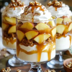 To make your Caramel Apple Cheesecake Trifles, gather these simple items: - 2 medium apples, peeled and diced - 1 teaspoon cinnamon - 2 tablespoons brown sugar - 1 cup heavy whipping cream - 8 oz cream cheese, softened - 1 cup powdered sugar - 1 teaspoon vanilla extract - 1 cup caramel sauce (store-bought or homemade) - 1 cup graham cracker crumbs - 1/4 cup chopped walnuts (optional) You can swap ingredients based on what you have at home. - Use any apple type you like, such as Granny Smith or Fuji. - If you lack heavy cream, use whipped topping for a lighter option. - Cream cheese can be replaced with mascarpone for a richer taste. - For a nut-free version, leave out the walnuts. - If you prefer less sugar, use a sugar substitute in the cheesecake filling. Feel free to mix it up to suit your taste or dietary needs. - Try adding a pinch of nutmeg for extra spice. - You can layer in different fruits, like pears or berries, for a twist. - Use chocolate cookie crumbs instead of graham crackers for a new flavor. - Consider adding a splash of maple syrup to the caramel for depth. - For a seasonal flair, add pumpkin spice in the fall. These choices let you personalize your trifles while keeping them delicious! To start, take your diced apples. In a medium skillet, add the apples, cinnamon, and brown sugar. Turn the heat to medium. Cook the mixture for about 5 to 7 minutes. Stir it occasionally. You want the apples to become soft and caramelized. Once they are ready, remove the skillet from the heat. Let the apples cool down. This step adds a sweet and warm flavor to your trifles. Next, grab a large mixing bowl. Add your softened cream cheese to the bowl. Use an electric mixer to beat the cream cheese until it is smooth. Gradually add in the powdered sugar. Don’t rush this step; mix until everything combines nicely. Now, add the vanilla extract and mix it in. In a separate bowl, whip the heavy cream until you see soft peaks. Carefully fold this whipped cream into the cream cheese mixture. This makes your cheesecake light and fluffy. Now it’s time to put everything together. Grab individual serving glasses or a large trifle bowl. Start by adding a layer of graham cracker crumbs at the bottom. Then, spoon in a layer of the cheesecake filling. Next, add a layer of caramelized apples on top. Drizzle some caramel sauce over the apples. Repeat these layers until the glasses are full. Finish with a dollop of cheesecake filling and an extra drizzle of caramel. Once assembled, place the trifles in the refrigerator for at least 1 hour. This cooling time helps the flavors blend. Enjoy your delicious caramel apple cheesecake trifles! To get a smooth cheesecake texture, start with soft cream cheese. Let it sit out for about 30 minutes. This helps it mix better. Use an electric mixer to beat the cream cheese until it is creamy. Gradually add the powdered sugar and vanilla. This step ensures it blends well. Then, gently fold in the whipped cream. This keeps the mix light and fluffy. Avoid over-mixing; you want a creamy texture, not a dense one. For rich caramel flavor, use good quality caramel sauce. You can use store-bought or make your own. If you make it, cook sugar slowly until it melts and turns golden. Add a pinch of sea salt to enhance the flavor. If you want a deeper taste, try adding a splash of vanilla extract. Drizzle this caramel in layers between the cheesecake and apples. This adds a sweet surprise in every bite. When serving trifles, the way they look matters. Use clear glasses to show off the layers. Start with graham cracker crumbs at the bottom. This adds a nice crunch and looks great. Layer the cheesecake filling and caramelized apples carefully. Use a piping bag for the final layer of cheesecake filling. This gives a clean and professional look. Finish with a drizzle of caramel and sprinkle walnuts on top. This not only adds flavor but also makes your trifles pop visually. {{image_2}} You can switch out apples for other fruits. Think of pears or peaches. Both add a nice touch. You can also try berries for a fresh twist. Each fruit gives a unique flavor and texture. Just remember to adjust sugar based on the fruit's sweetness. If you need a gluten-free treat, use gluten-free graham crackers. They work just as well in the crunch layer. You can also use crushed nuts or oats for a different base. Both options keep the trifle tasty and satisfying. Want to boost the taste? Try adding a splash of lemon juice to the apples. It brightens the flavor. You can also mix in a bit of almond extract with the cheesecake filling. This gives a subtle, nutty flavor that pairs well with caramel. For a fun twist, sprinkle some chocolate chips between layers. This adds richness and makes the trifles even more delightful. To store leftover trifles, cover them tightly with plastic wrap. You want to keep the air out to prevent drying. If you have a large trifle bowl, use a lid if it fits. Otherwise, individual cups can easily be covered. Place them in the fridge. They will stay fresh for a couple of days. While trifles are best fresh, you can freeze some parts. For freezing, store the caramelized apples and cheesecake filling in separate containers. Use airtight containers to prevent freezer burn. Graham cracker crumbs can also be stored in a sealed bag. Avoid freezing the assembled trifles. They may become soggy when thawed. Leftover trifles last up to 3 days in the fridge. After that, they may lose flavor and texture. Serve them cold for the best taste. If you want to impress guests, add fresh toppings before serving. This keeps the look fresh and fun. Enjoy your trifles as a delightful treat anytime! Yes, you can make these trifles ahead of time. Prepare them and store them in the fridge. They taste great after chilling for a few hours. Making them the day before is even better. This allows the flavors to mix well. Just add walnuts and caramel sauce just before serving for the best taste. For this recipe, I recommend using crisp apples. Granny Smith or Honeycrisp apples work well. They offer a nice balance of sweet and tart. This helps the apple flavor shine through the rich cheesecake. Avoid soft apples, as they can turn mushy when cooked. To make this recipe healthier, use low-fat cream cheese. You can also substitute Greek yogurt for some of the cream cheese. This adds protein and cuts calories. For sweetness, try using less brown sugar or a natural sweetener. You can also skip the caramel or use a homemade version with less sugar. In this post, we explored how to create delicious caramel apple cheesecake trifles. We covered the key ingredients, substitutions, and variations to make the dish your own. I shared step-by-step instructions for caramelizing apples, preparing cheesecake filling, and assembling trifles. You learned tips for the perfect texture and stunning presentation. We also discussed storage tips and answered common questions. Now, you have all the tools to impress your friends and family with these tasty treats. Enjoy making your trifles!
