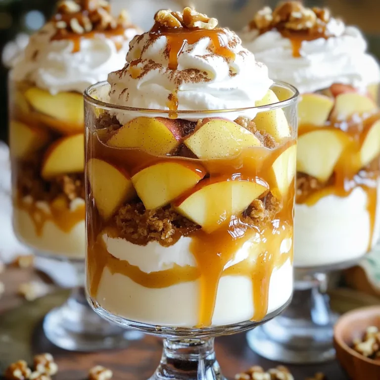 To make your Caramel Apple Cheesecake Trifles, gather these simple items: - 2 medium apples, peeled and diced - 1 teaspoon cinnamon - 2 tablespoons brown sugar - 1 cup heavy whipping cream - 8 oz cream cheese, softened - 1 cup powdered sugar - 1 teaspoon vanilla extract - 1 cup caramel sauce (store-bought or homemade) - 1 cup graham cracker crumbs - 1/4 cup chopped walnuts (optional) You can swap ingredients based on what you have at home. - Use any apple type you like, such as Granny Smith or Fuji. - If you lack heavy cream, use whipped topping for a lighter option. - Cream cheese can be replaced with mascarpone for a richer taste. - For a nut-free version, leave out the walnuts. - If you prefer less sugar, use a sugar substitute in the cheesecake filling. Feel free to mix it up to suit your taste or dietary needs. - Try adding a pinch of nutmeg for extra spice. - You can layer in different fruits, like pears or berries, for a twist. - Use chocolate cookie crumbs instead of graham crackers for a new flavor. - Consider adding a splash of maple syrup to the caramel for depth. - For a seasonal flair, add pumpkin spice in the fall. These choices let you personalize your trifles while keeping them delicious! To start, take your diced apples. In a medium skillet, add the apples, cinnamon, and brown sugar. Turn the heat to medium. Cook the mixture for about 5 to 7 minutes. Stir it occasionally. You want the apples to become soft and caramelized. Once they are ready, remove the skillet from the heat. Let the apples cool down. This step adds a sweet and warm flavor to your trifles. Next, grab a large mixing bowl. Add your softened cream cheese to the bowl. Use an electric mixer to beat the cream cheese until it is smooth. Gradually add in the powdered sugar. Don’t rush this step; mix until everything combines nicely. Now, add the vanilla extract and mix it in. In a separate bowl, whip the heavy cream until you see soft peaks. Carefully fold this whipped cream into the cream cheese mixture. This makes your cheesecake light and fluffy. Now it’s time to put everything together. Grab individual serving glasses or a large trifle bowl. Start by adding a layer of graham cracker crumbs at the bottom. Then, spoon in a layer of the cheesecake filling. Next, add a layer of caramelized apples on top. Drizzle some caramel sauce over the apples. Repeat these layers until the glasses are full. Finish with a dollop of cheesecake filling and an extra drizzle of caramel. Once assembled, place the trifles in the refrigerator for at least 1 hour. This cooling time helps the flavors blend. Enjoy your delicious caramel apple cheesecake trifles! To get a smooth cheesecake texture, start with soft cream cheese. Let it sit out for about 30 minutes. This helps it mix better. Use an electric mixer to beat the cream cheese until it is creamy. Gradually add the powdered sugar and vanilla. This step ensures it blends well. Then, gently fold in the whipped cream. This keeps the mix light and fluffy. Avoid over-mixing; you want a creamy texture, not a dense one. For rich caramel flavor, use good quality caramel sauce. You can use store-bought or make your own. If you make it, cook sugar slowly until it melts and turns golden. Add a pinch of sea salt to enhance the flavor. If you want a deeper taste, try adding a splash of vanilla extract. Drizzle this caramel in layers between the cheesecake and apples. This adds a sweet surprise in every bite. When serving trifles, the way they look matters. Use clear glasses to show off the layers. Start with graham cracker crumbs at the bottom. This adds a nice crunch and looks great. Layer the cheesecake filling and caramelized apples carefully. Use a piping bag for the final layer of cheesecake filling. This gives a clean and professional look. Finish with a drizzle of caramel and sprinkle walnuts on top. This not only adds flavor but also makes your trifles pop visually. {{image_2}} You can switch out apples for other fruits. Think of pears or peaches. Both add a nice touch. You can also try berries for a fresh twist. Each fruit gives a unique flavor and texture. Just remember to adjust sugar based on the fruit's sweetness. If you need a gluten-free treat, use gluten-free graham crackers. They work just as well in the crunch layer. You can also use crushed nuts or oats for a different base. Both options keep the trifle tasty and satisfying. Want to boost the taste? Try adding a splash of lemon juice to the apples. It brightens the flavor. You can also mix in a bit of almond extract with the cheesecake filling. This gives a subtle, nutty flavor that pairs well with caramel. For a fun twist, sprinkle some chocolate chips between layers. This adds richness and makes the trifles even more delightful. To store leftover trifles, cover them tightly with plastic wrap. You want to keep the air out to prevent drying. If you have a large trifle bowl, use a lid if it fits. Otherwise, individual cups can easily be covered. Place them in the fridge. They will stay fresh for a couple of days. While trifles are best fresh, you can freeze some parts. For freezing, store the caramelized apples and cheesecake filling in separate containers. Use airtight containers to prevent freezer burn. Graham cracker crumbs can also be stored in a sealed bag. Avoid freezing the assembled trifles. They may become soggy when thawed. Leftover trifles last up to 3 days in the fridge. After that, they may lose flavor and texture. Serve them cold for the best taste. If you want to impress guests, add fresh toppings before serving. This keeps the look fresh and fun. Enjoy your trifles as a delightful treat anytime! Yes, you can make these trifles ahead of time. Prepare them and store them in the fridge. They taste great after chilling for a few hours. Making them the day before is even better. This allows the flavors to mix well. Just add walnuts and caramel sauce just before serving for the best taste. For this recipe, I recommend using crisp apples. Granny Smith or Honeycrisp apples work well. They offer a nice balance of sweet and tart. This helps the apple flavor shine through the rich cheesecake. Avoid soft apples, as they can turn mushy when cooked. To make this recipe healthier, use low-fat cream cheese. You can also substitute Greek yogurt for some of the cream cheese. This adds protein and cuts calories. For sweetness, try using less brown sugar or a natural sweetener. You can also skip the caramel or use a homemade version with less sugar. In this post, we explored how to create delicious caramel apple cheesecake trifles. We covered the key ingredients, substitutions, and variations to make the dish your own. I shared step-by-step instructions for caramelizing apples, preparing cheesecake filling, and assembling trifles. You learned tips for the perfect texture and stunning presentation. We also discussed storage tips and answered common questions. Now, you have all the tools to impress your friends and family with these tasty treats. Enjoy making your trifles!