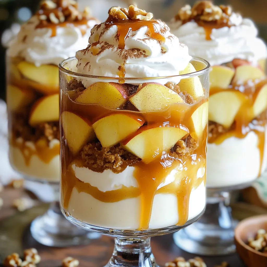 To make your Caramel Apple Cheesecake Trifles, gather these simple items: - 2 medium apples, peeled and diced - 1 teaspoon cinnamon - 2 tablespoons brown sugar - 1 cup heavy whipping cream - 8 oz cream cheese, softened - 1 cup powdered sugar - 1 teaspoon vanilla extract - 1 cup caramel sauce (store-bought or homemade) - 1 cup graham cracker crumbs - 1/4 cup chopped walnuts (optional) You can swap ingredients based on what you have at home. - Use any apple type you like, such as Granny Smith or Fuji. - If you lack heavy cream, use whipped topping for a lighter option. - Cream cheese can be replaced with mascarpone for a richer taste. - For a nut-free version, leave out the walnuts. - If you prefer less sugar, use a sugar substitute in the cheesecake filling. Feel free to mix it up to suit your taste or dietary needs. - Try adding a pinch of nutmeg for extra spice. - You can layer in different fruits, like pears or berries, for a twist. - Use chocolate cookie crumbs instead of graham crackers for a new flavor. - Consider adding a splash of maple syrup to the caramel for depth. - For a seasonal flair, add pumpkin spice in the fall. These choices let you personalize your trifles while keeping them delicious! To start, take your diced apples. In a medium skillet, add the apples, cinnamon, and brown sugar. Turn the heat to medium. Cook the mixture for about 5 to 7 minutes. Stir it occasionally. You want the apples to become soft and caramelized. Once they are ready, remove the skillet from the heat. Let the apples cool down. This step adds a sweet and warm flavor to your trifles. Next, grab a large mixing bowl. Add your softened cream cheese to the bowl. Use an electric mixer to beat the cream cheese until it is smooth. Gradually add in the powdered sugar. Don’t rush this step; mix until everything combines nicely. Now, add the vanilla extract and mix it in. In a separate bowl, whip the heavy cream until you see soft peaks. Carefully fold this whipped cream into the cream cheese mixture. This makes your cheesecake light and fluffy. Now it’s time to put everything together. Grab individual serving glasses or a large trifle bowl. Start by adding a layer of graham cracker crumbs at the bottom. Then, spoon in a layer of the cheesecake filling. Next, add a layer of caramelized apples on top. Drizzle some caramel sauce over the apples. Repeat these layers until the glasses are full. Finish with a dollop of cheesecake filling and an extra drizzle of caramel. Once assembled, place the trifles in the refrigerator for at least 1 hour. This cooling time helps the flavors blend. Enjoy your delicious caramel apple cheesecake trifles! To get a smooth cheesecake texture, start with soft cream cheese. Let it sit out for about 30 minutes. This helps it mix better. Use an electric mixer to beat the cream cheese until it is creamy. Gradually add the powdered sugar and vanilla. This step ensures it blends well. Then, gently fold in the whipped cream. This keeps the mix light and fluffy. Avoid over-mixing; you want a creamy texture, not a dense one. For rich caramel flavor, use good quality caramel sauce. You can use store-bought or make your own. If you make it, cook sugar slowly until it melts and turns golden. Add a pinch of sea salt to enhance the flavor. If you want a deeper taste, try adding a splash of vanilla extract. Drizzle this caramel in layers between the cheesecake and apples. This adds a sweet surprise in every bite. When serving trifles, the way they look matters. Use clear glasses to show off the layers. Start with graham cracker crumbs at the bottom. This adds a nice crunch and looks great. Layer the cheesecake filling and caramelized apples carefully. Use a piping bag for the final layer of cheesecake filling. This gives a clean and professional look. Finish with a drizzle of caramel and sprinkle walnuts on top. This not only adds flavor but also makes your trifles pop visually. {{image_2}} You can switch out apples for other fruits. Think of pears or peaches. Both add a nice touch. You can also try berries for a fresh twist. Each fruit gives a unique flavor and texture. Just remember to adjust sugar based on the fruit's sweetness. If you need a gluten-free treat, use gluten-free graham crackers. They work just as well in the crunch layer. You can also use crushed nuts or oats for a different base. Both options keep the trifle tasty and satisfying. Want to boost the taste? Try adding a splash of lemon juice to the apples. It brightens the flavor. You can also mix in a bit of almond extract with the cheesecake filling. This gives a subtle, nutty flavor that pairs well with caramel. For a fun twist, sprinkle some chocolate chips between layers. This adds richness and makes the trifles even more delightful. To store leftover trifles, cover them tightly with plastic wrap. You want to keep the air out to prevent drying. If you have a large trifle bowl, use a lid if it fits. Otherwise, individual cups can easily be covered. Place them in the fridge. They will stay fresh for a couple of days. While trifles are best fresh, you can freeze some parts. For freezing, store the caramelized apples and cheesecake filling in separate containers. Use airtight containers to prevent freezer burn. Graham cracker crumbs can also be stored in a sealed bag. Avoid freezing the assembled trifles. They may become soggy when thawed. Leftover trifles last up to 3 days in the fridge. After that, they may lose flavor and texture. Serve them cold for the best taste. If you want to impress guests, add fresh toppings before serving. This keeps the look fresh and fun. Enjoy your trifles as a delightful treat anytime! Yes, you can make these trifles ahead of time. Prepare them and store them in the fridge. They taste great after chilling for a few hours. Making them the day before is even better. This allows the flavors to mix well. Just add walnuts and caramel sauce just before serving for the best taste. For this recipe, I recommend using crisp apples. Granny Smith or Honeycrisp apples work well. They offer a nice balance of sweet and tart. This helps the apple flavor shine through the rich cheesecake. Avoid soft apples, as they can turn mushy when cooked. To make this recipe healthier, use low-fat cream cheese. You can also substitute Greek yogurt for some of the cream cheese. This adds protein and cuts calories. For sweetness, try using less brown sugar or a natural sweetener. You can also skip the caramel or use a homemade version with less sugar. In this post, we explored how to create delicious caramel apple cheesecake trifles. We covered the key ingredients, substitutions, and variations to make the dish your own. I shared step-by-step instructions for caramelizing apples, preparing cheesecake filling, and assembling trifles. You learned tips for the perfect texture and stunning presentation. We also discussed storage tips and answered common questions. Now, you have all the tools to impress your friends and family with these tasty treats. Enjoy making your trifles!