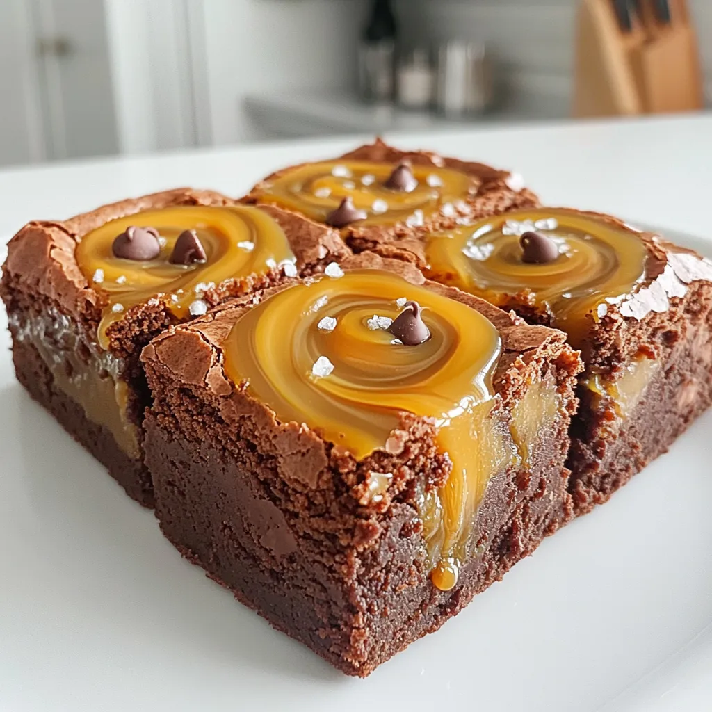 To make these delicious caramel swirl fudge brownies, gather these key ingredients: - 1 cup (226g) unsalted butter, melted - 2 cups (400g) granulated sugar - 4 large eggs - 1 teaspoon vanilla extract - 1 cup (130g) all-purpose flour - 1 cup (100g) unsweetened cocoa powder - 1/2 teaspoon salt - 1/2 teaspoon baking powder - 1 cup (175g) chocolate chips - 1/2 cup (120ml) caramel sauce These ingredients create a rich and fudgy brownie base. The caramel adds a sweet swirl that makes each bite special. You can enhance your brownies with these fun add-ins: - Chopped nuts, like walnuts or pecans - Different types of chocolate chips, such as white or dark chocolate - Sea salt for a salty-sweet contrast - Sprinkles for a colorful touch These add-ins let you customize your brownies to fit your taste. If you need to swap some items, here are some easy substitutions: - Use coconut oil instead of butter for a dairy-free option. - Replace granulated sugar with brown sugar for a deeper flavor. - Use almond flour instead of all-purpose flour for a gluten-free option. - Try maple syrup instead of caramel sauce for a unique twist. These substitutions help you adapt the recipe to fit different diets while keeping the taste great. Start by preheating your oven to 350°F (175°C). Grease a 9x13 inch baking pan with butter. You can also use parchment paper. If you use parchment, leave some hanging over the sides. This helps you lift the brownies out later. In a large bowl, mix the melted butter and granulated sugar. Whisk them together until they blend well. Then, add the eggs one by one. Make sure to whisk well after each egg. Finally, stir in the vanilla extract for a touch of flavor. In a separate bowl, whisk together the flour, cocoa powder, salt, and baking powder. Mix them well to ensure even distribution. Gradually add this dry mix to the wet ingredients. Stir gently until just combined. Be careful not to overmix. Pour half of the brownie batter into the greased pan. Spread it out evenly. Next, drizzle half of the caramel sauce over this layer. Use a knife or skewer to gently swirl the caramel into the batter. This creates a beautiful marbled effect. Now, pour the rest of the brownie batter on top. Smooth it out evenly. Drizzle the remaining caramel sauce on top and swirl it in again. Bake in the oven for 25 to 30 minutes. Check with a toothpick; it should have moist crumbs but not wet batter. Let the brownies cool for at least 10 minutes in the pan. Then, lift them out using the parchment paper and cool completely on a wire rack. Once cooled, cut them into squares and enjoy! To get that rich, fudgy texture, use melted butter. This helps create a dense brownie. Mixing the sugar with melted butter is key. It gives the brownies their shine. Use a good quality cocoa powder for a deeper taste. Don't overmix the batter; stir until just combined. This keeps your brownies moist and fudgy. Making homemade caramel sauce is simple and fun. You only need sugar, water, and cream. Start by heating sugar and water in a pot. Stir until the sugar dissolves. Let it boil without stirring. Once it turns golden brown, remove it from heat. Carefully stir in warm cream. Be cautious; it may bubble. Let it cool before using. This sauce adds a rich flavor to your brownies. Presentation can elevate your brownies. Serve them on a nice plate. Drizzle extra caramel sauce on top for flair. A sprinkle of sea salt adds contrast and taste. You can even add a scoop of vanilla ice cream on the side. Fresh berries can add color and freshness. These touches make your brownies look and taste gourmet! {{image_2}} You can add nuts or different chocolates to your brownies. Chopped walnuts or pecans bring a nice crunch. They also add a rich flavor. Use about 1 cup of nuts. You can mix in white chocolate or milk chocolate chips too. This adds more sweetness and fun. Adjust the caramel swirl to match the added flavors. Switching up the sauce or extract can change the taste. Instead of caramel, try chocolate or peanut butter sauce. Each option gives a new twist. You can also use almond or hazelnut extract. Just use 1 teaspoon as a substitute for vanilla. This small change can make a big impact on flavor. Making gluten-free brownies is easy. Use almond flour or gluten-free flour instead of all-purpose flour. For a vegan version, swap the eggs for flax eggs. Mix 1 tablespoon of ground flaxseed with 2.5 tablespoons of water for each egg. You can use dairy-free butter and chocolate chips too. These swaps help everyone enjoy your brownies. To keep your caramel swirl fudge brownies fresh, store them in an airtight container. Place a piece of parchment paper between layers to avoid sticking. You can also cover them with plastic wrap. This helps retain moisture and keeps them soft. If you want to save some for later, freezing is a great option. Allow the brownies to cool completely first. Then, wrap them tightly in plastic wrap. Place the wrapped brownies in a freezer bag. They can last up to three months in the freezer. To enjoy, thaw them in the fridge overnight. These brownies stay fresh for about four to five days at room temperature. Keep them in a cool, dry place. If you refrigerate them, they can last up to a week. Just remember, the colder they get, the more the texture changes. For the best taste, enjoy them when they are fresh! Yes, you can. Dark chocolate or semi-sweet chocolate works great. Adjust the amount based on your taste. For a sweeter brownie, try milk chocolate. You can even mix chocolates for depth of flavor. To fix dry brownies, add a little moisture. You can sprinkle water or milk on top. Cover the brownies with foil to help keep moisture in while they warm up. If you know ahead of time, reduce baking time slightly. You have a few options. Use 1/4 cup of unsweetened applesauce for each egg. Mashed bananas can also work. If you want to use flaxseed, mix one tablespoon with three tablespoons of water for each egg. Check the brownies with a toothpick. Insert it into the center. If it comes out with a few moist crumbs, they are ready. If it’s wet with batter, they need more time. Remember, they will continue to cook as they cool. This blog post covered key steps to make delicious brownies. We explored essential ingredients, optional add-ins, and substitutions. Then, I provided a clear guide on prepping and baking. Tips helped achieve a fudgy texture, and I shared ways to present your treats. Finally, we discussed storage tips and answered common questions. Brownie making is fun and creative. You can always personalize your treats. Enjoy baking and sharing your tasty results!