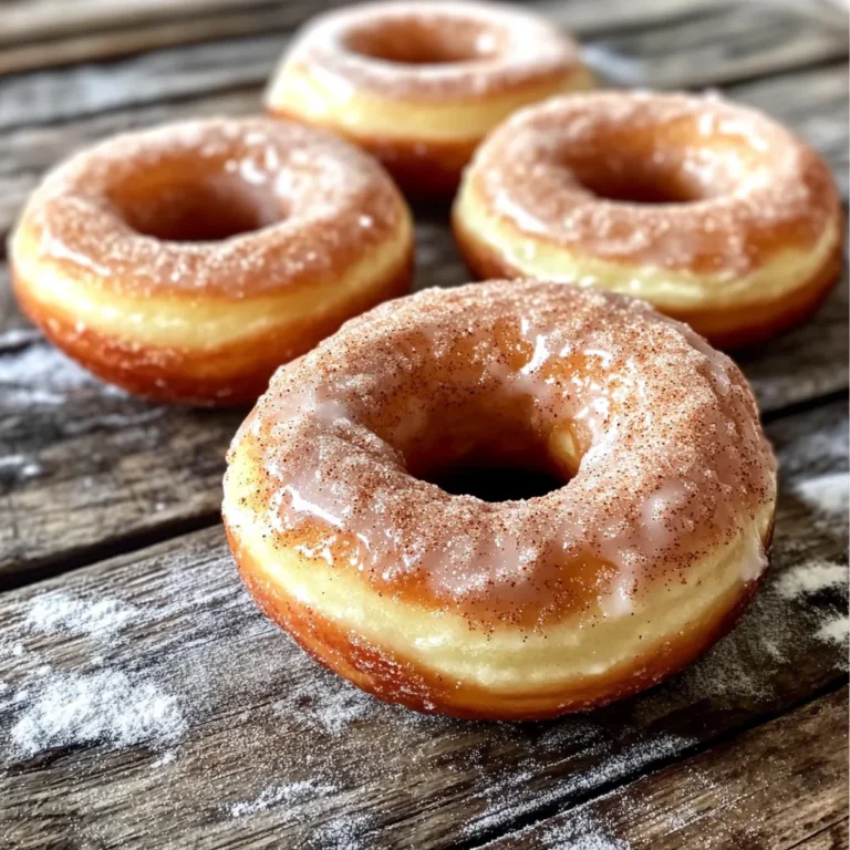 - 2 cups all-purpose flour - 1 cup granulated sugar - 2 teaspoons baking powder - 1/2 teaspoon baking soda - 1 teaspoon ground cinnamon - 1/2 teaspoon salt These dry ingredients form the base of your donuts. The flour gives structure, while the sugar adds sweetness. Baking powder and baking soda help them rise. Cinnamon adds that warm, cozy flavor, and salt balances it all out. - 1/2 cup milk (whole or almond) - 1/4 cup unsalted butter, melted - 2 large eggs - 1 teaspoon vanilla extract The wet ingredients bring moisture and richness. Milk makes the donuts soft. Butter adds a nice flavor. Eggs help bind everything together, while vanilla gives a sweet note that pairs well with cinnamon. - 1/4 cup granulated sugar (for coating) - 1 tablespoon ground cinnamon (for coating) This mixture creates that classic cinnamon sugar topping. It adds a sweet crunch and makes your donuts look and taste amazing. Tossing the warm donuts in this mix gives them a lovely finish that you can’t resist. First, set your oven to 350°F (175°C). This is the best temperature for baking. While the oven heats, prepare your donut pan. Use cooking spray or oil to grease each cavity. This helps the donuts come out easily. In a large bowl, add the flour, sugar, baking powder, baking soda, cinnamon, and salt. Use a whisk to mix everything together. Make sure it is well combined. This step is key for a good donut texture. Grab another bowl for the wet mix. Add the milk, melted butter, eggs, and vanilla extract. Stir until it’s smooth. This mix will add moisture and flavor to your donuts. Now, pour the wet mix into the dry mix. Stir gently until just combined. The batter should be thick and a bit lumpy. Don’t overmix; this can make your donuts tough. Use a piping bag or a cookie scoop to fill the donut pan. Fill each cavity about 3/4 full with batter. Put the donut pan in the preheated oven. Bake for 10-12 minutes. You want them to be lightly golden. Stick a toothpick in the center. If it comes out clean, they’re done. Let the donuts cool in the pan for 5 minutes. After that, transfer them to a wire rack to cool completely. While the donuts cool, make the cinnamon sugar. In a small bowl, combine 1/4 cup of sugar and 1 tablespoon of cinnamon. Once the donuts are warm, toss each one in the cinnamon sugar mix. Make sure they're fully coated. This gives them a sweet, crunchy outside. Enjoy your fresh donuts! To get the best texture, follow these steps. First, do not overmix the batter. Mix until just combined. This keeps the donuts light and fluffy. Second, make sure your oven is fully preheated. A hot oven helps the donuts rise well. Lastly, check for doneness with a toothpick. It should come out clean from the center. Many home bakers make a few common mistakes. One big mistake is not measuring the flour correctly. Use a spoon to scoop it into the measuring cup, then level it off. Another mistake is baking too long. Keep an eye on the timer. Lastly, avoid opening the oven door too often. This lets heat escape and can ruin your bake. Coating donuts in cinnamon sugar is key for flavor. While the donuts are still warm, toss them in the mix. This helps the sugar stick well. Make sure to coat every side evenly. For a thicker layer, double coat them by dipping again. This makes each bite sweet and delicious. {{image_2}} You can easily change the flavor of these donuts. For a chocolate twist, add 1/2 cup of cocoa powder to your dry mix. This will give your donuts a rich chocolate taste. If you want vanilla donuts, simply add 1 tablespoon of vanilla extract instead of 1 teaspoon. You can even use both flavors together for a fun mix! Want to make these donuts gluten-free? Swap the all-purpose flour for a gluten-free flour blend. Many brands work well without changing the taste. Just make sure your baking powder is also gluten-free. This way, everyone can enjoy these tasty treats! Toppings can make your donuts even more special. Try adding sprinkles on top after coating them with cinnamon sugar. For a simple glaze, mix 1 cup of powdered sugar with 2 tablespoons of milk. Drizzle this on top for a sweet finish. You can also add nuts or coconut for extra crunch. The options are endless, so get creative! To keep your donuts fresh, place them in an airtight container. This helps keep moisture in and prevents them from drying out. If you have extra donuts, store them at room temperature for up to two days. If you want to keep them longer, consider freezing. Freezing donuts is easy and a great way to extend their shelf life. First, let the donuts cool completely. Then, wrap each donut in plastic wrap or foil. Place the wrapped donuts in a freezer bag or container. They can last up to three months in the freezer. When you want one, just take it out and let it thaw. To enjoy your donuts warm, reheating is key. You can use the microwave for about 10-15 seconds. For a crispier texture, pop them in the oven at 350°F (175°C) for about 5 minutes. This will bring back their delightful warmth and make them taste fresh again. Yes, you can make these donuts ahead of time. Bake them and let them cool completely. Then, store them in an airtight container. They will stay fresh for about three days at room temperature. If you want to keep them longer, freeze them. Just wrap each donut tightly in plastic wrap. Thaw at room temperature when ready to eat. You can replace eggs with several options. One common choice is unsweetened applesauce. Use 1/4 cup of applesauce for each egg. Another option is mashed banana; use the same amount. You can also try a flax egg. Mix 1 tablespoon of ground flaxseed with 2.5 tablespoons of water. Let it sit for about five minutes to thicken. Check the donuts after 10 minutes in the oven. Insert a toothpick into the center of a donut. If it comes out clean, the donuts are done. They should also be light golden brown on the top. If they look too pale, give them a few more minutes. Yes, you can use alternative sweeteners for the coating. Options like stevia or erythritol work well. You can mix them with cinnamon just like with regular sugar. The taste may differ slightly, but they will still add a nice flavor to your donuts. You now have a complete guide to making delicious donuts. We covered dry and wet ingredients, the steps to bake, and ways to coat your treats. Plus, you learned tips for perfect texture and common mistakes to avoid. Don’t forget the fun variations like chocolate and gluten-free options. Store your extras properly, and enjoy them later. Baking donuts can be easy and fun, bringing joy to your kitchen. Now, it's time to bake your first batch and share them with friends!