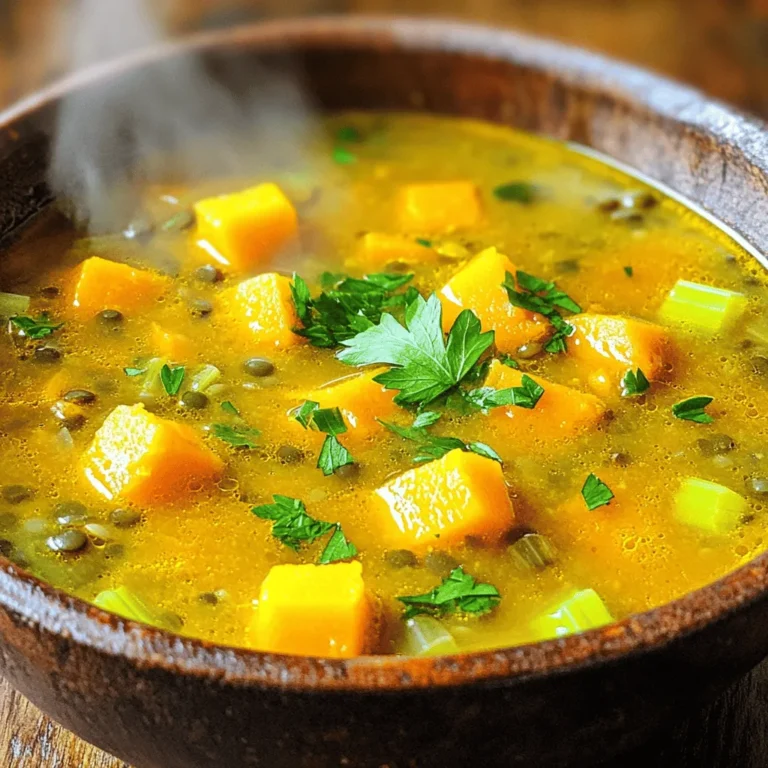 - 1 medium butternut squash, peeled and diced - 1 cup green or brown lentils, rinsed - 1 medium onion, diced - 2 cloves garlic, minced - 2 carrots, diced - 2 celery stalks, diced - 1 teaspoon ground cumin - 1 teaspoon ground coriander - 1/2 teaspoon smoked paprika - 1/4 teaspoon cayenne pepper (optional for spice) - 6 cups vegetable broth - 2 tablespoons olive oil - Salt and pepper to taste - Fresh parsley or cilantro for garnish When preparing this soup, fresh ingredients really matter. Start with a medium butternut squash. Peel it and dice it into even pieces. This ensures even cooking. Next, grab some lentils. Rinse one cup of green or brown lentils. This helps remove any dirt or debris. Now, let’s add some flavor. Dice one medium onion and mince two garlic cloves. These add depth to the soup. Next, chop two carrots and two celery stalks. These vegetables provide sweetness and crunch. For spices, you’ll need ground cumin and ground coriander. Each needs one teaspoon. Add half a teaspoon of smoked paprika for a warm flavor. If you like spice, add a quarter teaspoon of cayenne pepper. You will also need six cups of vegetable broth. This forms the base of your soup. For cooking, use two tablespoons of olive oil. Lastly, don’t forget salt and pepper for seasoning. For a finishing touch, garnish your soup with fresh parsley or cilantro. This adds a pop of color and freshness. With these ingredients, you can create a hearty and comforting meal that warms the soul. - Preparing the butternut squash: First, peel the butternut squash. Cut it in half, scoop out the seeds, and dice it into small cubes. This will help it cook quickly and blend well with the lentils. - Rinsing and prepping lentils: Measure out one cup of lentils. Place them in a fine mesh strainer and rinse them under cool water. This step helps remove dust and debris. - Chopping vegetables: Dice one medium onion, two carrots, and two celery stalks. Mince two cloves of garlic. Each of these adds great flavor to the soup. - Sautéing the onion and garlic: In a large pot, heat two tablespoons of olive oil over medium heat. Add the diced onion and cook until it turns translucent, which takes about five minutes. Then, stir in the minced garlic. Cook for an additional minute until fragrant. - Adding vegetables and spices: Next, add the diced carrots, diced celery, and the prepared butternut squash to the pot. Stir everything together well. Then, add one teaspoon of ground cumin, one teaspoon of ground coriander, half a teaspoon of smoked paprika, and a quarter teaspoon of cayenne pepper if you like a little heat. Mix well to coat the veggies and lentils with the spices. - Incorporating broth and simmering soup: Pour in six cups of vegetable broth and bring the mixture to a boil. Once boiling, reduce the heat to a simmer. Cover the pot and cook for about 30 to 35 minutes, or until the butternut squash and lentils are tender. - Adjusting seasoning: Taste the soup and add salt and pepper as needed. This step is key to enhancing the soup’s flavor. - Blending for creaminess (optional): If you want a creamier texture, use an immersion blender to puree a portion of the soup. This gives it a smooth, rich feel. - Serving suggestions: Serve the soup hot, garnished with fresh parsley or cilantro. This adds a lovely pop of color and freshness. Enjoy your hearty and comforting meal! - Choosing the right butternut squash: Look for a squash that feels heavy for its size. The skin should be smooth and beige. Avoid any with soft spots or blemishes. A fresh squash adds great flavor and texture to your soup. - Adjusting spice levels: Start with the spices listed in the recipe. Then, taste as it cooks. If you like it spicier, add more cayenne pepper. For a milder soup, skip the cayenne altogether. You can always add more spice later, but it's hard to take it out. - Using fresh herbs for garnish: Fresh parsley or cilantro adds color and brightness. Sprinkle it on right before serving. This small step makes the soup look more inviting and adds a burst of flavor. - Best methods for sautéing: Use medium heat for sautéing the onion and garlic. This helps release their flavors without burning them. Stir often to keep them from sticking to the pot. - Achieving desired soup consistency: If you want a creamier soup, use an immersion blender to puree a portion of it. Blend just enough to keep some texture. This gives a nice balance between creamy and chunky. - Storage tips for leftovers: Let the soup cool before storing. Use an airtight container to keep it fresh. It lasts about a week in the fridge. You can also freeze it in portions for easy meals later. Just thaw and reheat! {{image_2}} You can switch up the legumes in this soup. Use black beans, chickpeas, or kidney beans for a new twist. Each legume brings a different taste and texture. If you want a milder flavor, try using split peas instead of lentils. For vegetables, you can swap in sweet potatoes or parsnips. These will add a nice sweetness. Zucchini or bell peppers work well too. Just remember to adjust the cooking time based on the veggies you choose. If you need dairy-free or gluten-free options, don't worry! This soup is great as is. Use vegetable broth that is gluten-free. To keep it creamy without dairy, add coconut milk. This adds a lovely flavor and smooth texture. Want your soup to be creamier? Adding coconut milk gives it a rich taste. Just stir it in during the last few minutes of cooking. This makes it velvety and smooth. You can also play with spices. Try adding curry powder for a warm kick. Or, mix in some fresh herbs like thyme or basil. These will brighten up the flavors. For extra texture, top your soup with croutons or nuts. Pumpkin seeds or sunflower seeds add a nice crunch. Fresh herbs like cilantro or parsley also make a great topping. They add color and a burst of flavor. To keep your butternut squash lentil soup fresh, place it in an airtight container. Make sure it cools down before sealing the lid. Store it in the fridge if you plan to eat it in the next few days. It will stay good for about 3 to 5 days. If you want to keep it longer, freezing is a great option. Pour the soup into freezer-safe bags or containers. Leave some space at the top, as the soup will expand when frozen. You can freeze it for up to three months. When it comes to reheating, you have two good options: the microwave or the stovetop. If you use the microwave, place the soup in a bowl and cover it loosely. Heat it in short bursts, stirring in between to make sure it heats evenly. If you prefer the stovetop, pour the soup into a pot. Heat it on low and stir often to warm it up without burning. To avoid separation of ingredients, stir the soup well before serving. If it seems thick, add a bit of vegetable broth or water to reach your desired consistency. Enjoy your soup warm! Can you make this soup in a slow cooker? Yes, you can. Just add all the ingredients to the slow cooker. Cook on low for 6-8 hours or on high for 3-4 hours. The flavors will blend well and taste great. What can I serve with butternut squash lentil soup? This soup pairs well with crusty bread, a fresh salad, or a cheese platter. You can also enjoy it with a dollop of yogurt or sour cream for creaminess. How long does homemade soup last? Homemade soup lasts about 3-4 days in the fridge. Store it in an airtight container. If you want it to last longer, freeze it. Is butternut squash lentil soup healthy? Yes, it is healthy! This soup is packed with fiber, protein, and vitamins. Butternut squash offers beta-carotene, while lentils add protein and iron. It's a nourishing choice for any meal. This blog post covered how to make a tasty butternut squash lentil soup. We explored key ingredients, like butternut squash, lentils, and spices. I shared step-by-step instructions for preparation and cooking. Lastly, we discussed storage tips and answered common questions. This soup is not just delicious; it’s also healthy and versatile. Feel free to adjust flavors and ingredients to match your taste. Enjoy your cooking, and savor every bowl!