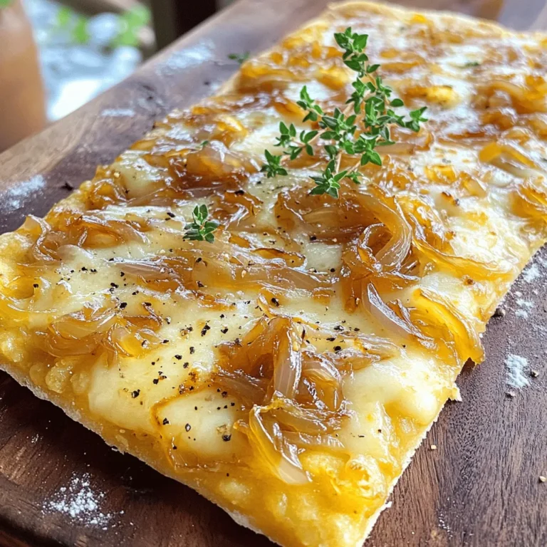 Here’s what you need for the Caramelized Onion & Gruyère Flatbread: - Warm water (1 cup) - Sugar (2 teaspoons) - Active dry yeast (2 teaspoons) - All-purpose flour (3 cups) - Salt (1 teaspoon) - Olive oil (2 tablespoons + extra for caramelizing onions) - Onions (2 large, thinly sliced) - Balsamic vinegar (1 tablespoon) - Gruyère cheese (1 cup, grated) - Fresh thyme leaves (for garnish) - Salt and pepper (to taste) Each ingredient plays a key role in making this flatbread delicious. The warm water activates the yeast, which helps the dough rise. Sugar feeds the yeast, giving it energy to work its magic. The flour provides the base, while salt enhances flavor. Olive oil keeps the dough moist and adds richness. Onions bring sweetness when caramelized, and the balsamic vinegar gives a tangy touch. Gruyère cheese melts beautifully and adds a nutty flavor. Finally, fresh thyme elevates the dish with its fragrant notes. This combination makes for a flatbread that is both simple and gourmet. Enjoy gathering these fresh ingredients for your cooking adventure! - Combine 1 cup of warm water and 2 teaspoons of sugar in a bowl. - Stir in 2 teaspoons of active dry yeast. Let it sit for 10 minutes until frothy. - In a large bowl, mix 3 cups of all-purpose flour and 1 teaspoon of salt. - Create a well in the center and pour in the yeast mixture and 2 tablespoons of olive oil. - Mix until a shaggy dough forms. - Knead the dough on a floured surface for 5-7 minutes until smooth and elastic. - Heat 2 tablespoons of olive oil in a skillet over medium heat. - Add 2 large, thinly sliced onions. Sauté for 15-20 minutes, stirring often, until golden brown. - Stir in 1 tablespoon of balsamic vinegar, salt, and pepper to taste. - Cook for another 2-3 minutes, then remove from heat. - Preheat your oven to 475°F (245°C). - Punch down the dough and divide it in half. - Roll out each half into rectangles about 1/4 inch thick. - Place the rolled dough on a baking sheet lined with parchment paper. - Evenly spread the caramelized onions over the dough. - Sprinkle 1 cup of grated Gruyère cheese on top. - Place the flatbreads in the oven. - Bake for 10-12 minutes until edges are golden and the cheese is bubbly. To make great caramelized onions, focus on the cooking time and heat. Use medium heat for even cooking. Stir the onions every few minutes. This helps them cook without burning. Aim for a cooking time of 15-20 minutes. You want them golden brown and sweet. Choosing the right onions is key. I recommend yellow onions for their balance of sweetness and flavor. You can also try red onions for a milder taste. Whichever you choose, thinly slice them for even cooking. For the perfect dough texture, mix the flour and yeast mixture well. Knead the dough until it feels smooth and elastic. It should not be too sticky or dry. If it is sticky, add a little more flour. If it's too dry, add a splash of warm water. Common dough issues include stickiness or crumbling. A sticky dough means you need more flour. A crumbling dough indicates you need to mix or knead more. Always check the dough's feel during preparation. Pair your flatbread with dips like hummus or tzatziki. They add creaminess that contrasts nicely with the flatbread. A fresh salad with greens and vinaigrette complements the rich flavors too. For beverages, a light white wine or sparkling water works well. Their refreshing taste balances the richness of the cheese and onions. Enjoy your flatbread with these tasty sides for a perfect meal. {{image_2}} You can switch Gruyère for other cheeses. Mozzarella melts well and adds creaminess. Feta gives a nice salty kick. You can even mix cheeses for a unique taste. Try cheddar for a sharper flavor. Each cheese will change the flatbread's profile. Feel free to add your favorite toppings. Spinach, mushrooms, or bell peppers work great. Meats like prosciutto or chicken can enhance the dish. Fresh herbs like basil or oregano add freshness. You can also create seasonal variations. In fall, add roasted squash or in spring, use fresh asparagus. If you need a gluten-free flatbread, simply swap the flour. Use gluten-free all-purpose flour instead. This will change the texture slightly. You may need to adjust the water amount for the right dough feel. Follow the same steps, and you'll have a tasty gluten-free option. To keep your flatbread fresh, place it in an airtight container. Store it in the fridge for up to three days. You can also wrap it in plastic wrap for better protection. For longer storage, freeze your flatbread. Wrap each piece in foil, then place them in a freezer bag. This helps keep them safe from freezer burn. They can stay frozen for up to three months. When you want to enjoy your flatbread again, the oven is best. Preheat it to 350°F (175°C). Place the flatbread on a baking sheet. Heat for about 10 minutes or until warm. If you want to avoid sogginess, don’t cover it with foil. You can also reheat it in a skillet. Just warm it over medium heat for a few minutes on each side. This gives it a nice crispiness. Yes, you can make the dough ahead. After you knead it, place it in a greased bowl. Cover it and put it in the fridge. It will slow down the rising. You can keep it in the fridge for up to 24 hours. When you are ready, let it sit at room temperature for 30 minutes before using it. You can serve many sides with this flatbread. A fresh green salad works well. Try a simple arugula salad with lemon juice. You can also serve it with a warm soup, like tomato basil. For a fun twist, pair it with a charcuterie board. Cheese, meats, and fruits will complement the flatbread. Caramelized onions look golden brown and soft. They should have a sweet smell. When you taste them, they should be sweet and rich. If they are still sharp or crunchy, they need more time. Stir them often to avoid burning. Patience is key; it takes about 15-20 minutes to get them just right. Yes, you can use pre-made flatbread for convenience. Store-bought options save time and effort. However, they may not have the same fresh taste. If you choose this, look for high-quality brands. You can still add your caramelized onions and cheese. Just bake them until the cheese melts and is bubbly. You learned how to make a delicious caramelized onion and Gruyère flatbread. We covered each step, from the dough to the toppings. Remember, the key is in the onions' caramelization and the right cheese choice. Feel free to experiment with different toppings or cheeses. This dish is great for sharing or as a cozy meal at home. Enjoy your baking adventure and savor your tasty creation!
