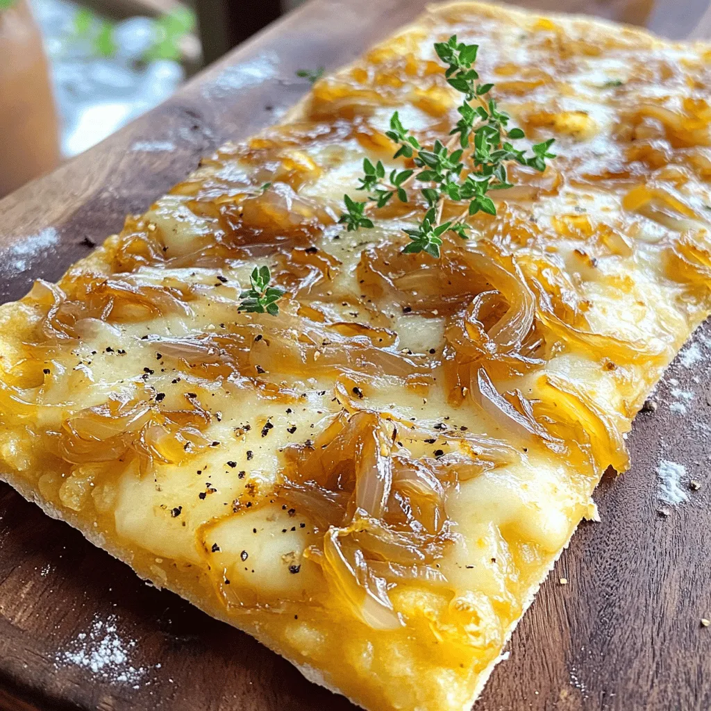 Here’s what you need for the Caramelized Onion & Gruyère Flatbread: - Warm water (1 cup) - Sugar (2 teaspoons) - Active dry yeast (2 teaspoons) - All-purpose flour (3 cups) - Salt (1 teaspoon) - Olive oil (2 tablespoons + extra for caramelizing onions) - Onions (2 large, thinly sliced) - Balsamic vinegar (1 tablespoon) - Gruyère cheese (1 cup, grated) - Fresh thyme leaves (for garnish) - Salt and pepper (to taste) Each ingredient plays a key role in making this flatbread delicious. The warm water activates the yeast, which helps the dough rise. Sugar feeds the yeast, giving it energy to work its magic. The flour provides the base, while salt enhances flavor. Olive oil keeps the dough moist and adds richness. Onions bring sweetness when caramelized, and the balsamic vinegar gives a tangy touch. Gruyère cheese melts beautifully and adds a nutty flavor. Finally, fresh thyme elevates the dish with its fragrant notes. This combination makes for a flatbread that is both simple and gourmet. Enjoy gathering these fresh ingredients for your cooking adventure! - Combine 1 cup of warm water and 2 teaspoons of sugar in a bowl. - Stir in 2 teaspoons of active dry yeast. Let it sit for 10 minutes until frothy. - In a large bowl, mix 3 cups of all-purpose flour and 1 teaspoon of salt. - Create a well in the center and pour in the yeast mixture and 2 tablespoons of olive oil. - Mix until a shaggy dough forms. - Knead the dough on a floured surface for 5-7 minutes until smooth and elastic. - Heat 2 tablespoons of olive oil in a skillet over medium heat. - Add 2 large, thinly sliced onions. Sauté for 15-20 minutes, stirring often, until golden brown. - Stir in 1 tablespoon of balsamic vinegar, salt, and pepper to taste. - Cook for another 2-3 minutes, then remove from heat. - Preheat your oven to 475°F (245°C). - Punch down the dough and divide it in half. - Roll out each half into rectangles about 1/4 inch thick. - Place the rolled dough on a baking sheet lined with parchment paper. - Evenly spread the caramelized onions over the dough. - Sprinkle 1 cup of grated Gruyère cheese on top. - Place the flatbreads in the oven. - Bake for 10-12 minutes until edges are golden and the cheese is bubbly. To make great caramelized onions, focus on the cooking time and heat. Use medium heat for even cooking. Stir the onions every few minutes. This helps them cook without burning. Aim for a cooking time of 15-20 minutes. You want them golden brown and sweet. Choosing the right onions is key. I recommend yellow onions for their balance of sweetness and flavor. You can also try red onions for a milder taste. Whichever you choose, thinly slice them for even cooking. For the perfect dough texture, mix the flour and yeast mixture well. Knead the dough until it feels smooth and elastic. It should not be too sticky or dry. If it is sticky, add a little more flour. If it's too dry, add a splash of warm water. Common dough issues include stickiness or crumbling. A sticky dough means you need more flour. A crumbling dough indicates you need to mix or knead more. Always check the dough's feel during preparation. Pair your flatbread with dips like hummus or tzatziki. They add creaminess that contrasts nicely with the flatbread. A fresh salad with greens and vinaigrette complements the rich flavors too. For beverages, a light white wine or sparkling water works well. Their refreshing taste balances the richness of the cheese and onions. Enjoy your flatbread with these tasty sides for a perfect meal. {{image_2}} You can switch Gruyère for other cheeses. Mozzarella melts well and adds creaminess. Feta gives a nice salty kick. You can even mix cheeses for a unique taste. Try cheddar for a sharper flavor. Each cheese will change the flatbread's profile. Feel free to add your favorite toppings. Spinach, mushrooms, or bell peppers work great. Meats like prosciutto or chicken can enhance the dish. Fresh herbs like basil or oregano add freshness. You can also create seasonal variations. In fall, add roasted squash or in spring, use fresh asparagus. If you need a gluten-free flatbread, simply swap the flour. Use gluten-free all-purpose flour instead. This will change the texture slightly. You may need to adjust the water amount for the right dough feel. Follow the same steps, and you'll have a tasty gluten-free option. To keep your flatbread fresh, place it in an airtight container. Store it in the fridge for up to three days. You can also wrap it in plastic wrap for better protection. For longer storage, freeze your flatbread. Wrap each piece in foil, then place them in a freezer bag. This helps keep them safe from freezer burn. They can stay frozen for up to three months. When you want to enjoy your flatbread again, the oven is best. Preheat it to 350°F (175°C). Place the flatbread on a baking sheet. Heat for about 10 minutes or until warm. If you want to avoid sogginess, don’t cover it with foil. You can also reheat it in a skillet. Just warm it over medium heat for a few minutes on each side. This gives it a nice crispiness. Yes, you can make the dough ahead. After you knead it, place it in a greased bowl. Cover it and put it in the fridge. It will slow down the rising. You can keep it in the fridge for up to 24 hours. When you are ready, let it sit at room temperature for 30 minutes before using it. You can serve many sides with this flatbread. A fresh green salad works well. Try a simple arugula salad with lemon juice. You can also serve it with a warm soup, like tomato basil. For a fun twist, pair it with a charcuterie board. Cheese, meats, and fruits will complement the flatbread. Caramelized onions look golden brown and soft. They should have a sweet smell. When you taste them, they should be sweet and rich. If they are still sharp or crunchy, they need more time. Stir them often to avoid burning. Patience is key; it takes about 15-20 minutes to get them just right. Yes, you can use pre-made flatbread for convenience. Store-bought options save time and effort. However, they may not have the same fresh taste. If you choose this, look for high-quality brands. You can still add your caramelized onions and cheese. Just bake them until the cheese melts and is bubbly. You learned how to make a delicious caramelized onion and Gruyère flatbread. We covered each step, from the dough to the toppings. Remember, the key is in the onions' caramelization and the right cheese choice. Feel free to experiment with different toppings or cheeses. This dish is great for sharing or as a cozy meal at home. Enjoy your baking adventure and savor your tasty creation!