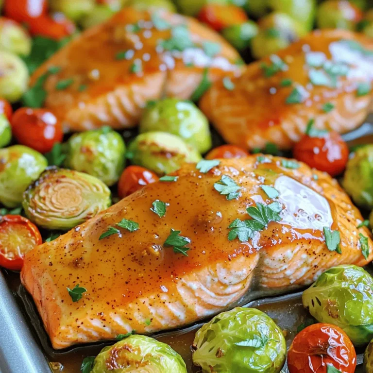 To make Sheet Pan Maple Dijon Salmon, gather these key ingredients: - 4 salmon fillets (about 6 oz each) - 1/4 cup pure maple syrup - 2 tablespoons Dijon mustard - 2 tablespoons olive oil - 1 tablespoon apple cider vinegar - 2 cloves garlic, minced - Salt and pepper to taste - 1 pound Brussels sprouts, trimmed and halved - 1 cup cherry tomatoes, halved - 1 teaspoon smoked paprika - Fresh parsley, chopped for garnish Choosing the best ingredients makes a big difference. I always pick fresh salmon fillets. Look for firm, bright-colored fillets. The skin should also be shiny and not slimy. For the maple syrup, go for pure syrup, not the fake stuff. It has better flavor and quality. Fresh Brussels sprouts and ripe cherry tomatoes enhance the dish's taste. Always check for firmness and bright colors when buying these vegetables. You can easily swap some ingredients if needed. If you don’t have Dijon mustard, use whole grain mustard for a similar taste. Maple syrup can be replaced with honey, but the flavor will change a bit. Olive oil can be swapped with melted butter for a richer taste. If you can't find Brussels sprouts, try green beans or asparagus instead. For cherry tomatoes, you can use diced bell peppers to add color and crunch. To start, gather all your ingredients. This keeps your kitchen tidy and ready. You need four salmon fillets, Brussels sprouts, and cherry tomatoes. Also, get maple syrup, Dijon mustard, olive oil, apple cider vinegar, garlic, salt, and pepper. Chop the garlic finely. Trim and halve the Brussels sprouts. Halve the cherry tomatoes. In a small bowl, mix the marinade. Whisk together 1/4 cup of maple syrup, 2 tablespoons of Dijon mustard, and 2 tablespoons of olive oil. Add 1 tablespoon of apple cider vinegar and the minced garlic. Season with salt and pepper. Mix until it is smooth. This marinade brings a sweet and tangy flavor to the salmon. Line a sheet pan with parchment paper for easy cleanup. Place the salmon fillets on the pan and brush them with the marinade. Save some marinade for later. Then, add the Brussels sprouts and cherry tomatoes to the same pan. Drizzle with olive oil and sprinkle with smoked paprika, salt, and pepper. Toss the vegetables gently to coat them with the oil and spices. Now it’s time to bake! Preheat your oven to 400°F (200°C). Roast the salmon and veggies in the oven for 15-20 minutes. The salmon should flake easily with a fork when done. Halfway through, brush the salmon with the reserved marinade for more flavor. Once everything is cooked, sprinkle chopped parsley on top before serving. Enjoy your meal! To cook salmon just right, start with fresh fillets. You want them to be bright in color. A good rule is to bake at 400°F for 15 to 20 minutes. The salmon should flake easily with a fork when done. If you want to make sure it’s cooked, use a meat thermometer. The internal temp should reach 145°F. Always keep an eye on it to avoid drying out. Marinades bring out the best in salmon. The mix of maple syrup and Dijon mustard is key here. This sweet and tangy blend gives salmon a tasty boost. Let the salmon soak in the marinade for at least 15 minutes. This allows the flavors to soak in. You can brush more marinade on halfway through baking for extra flavor. Don’t be shy about seasoning your veggies too! Using a sheet pan makes cooking easy and fun. Spread out your veggies evenly for even cooking. Make sure they are not crowded; this helps them roast well. Always line your pan with parchment paper for easy cleanup. For best results, cut your veggies into similar sizes. This helps them cook at the same rate. Enjoy the simplicity and let your oven do the work! {{image_2}} You can change the veggies in this dish. Try using asparagus or green beans. Broccoli or zucchini would also work well. These vegetables roast nicely and soak up the flavors. You can mix and match to suit your tastes. Just remember to cut them into similar sizes for even cooking. If you want a sweeter dish, add more maple syrup. You can start with an extra tablespoon. For more tartness, add a bit more apple cider vinegar. This will balance the flavors well. Taste the marinade before you use it. Adjust it to your liking for the perfect mix. Want to spice things up? Add some red pepper flakes for heat. You can also try ground cumin for a warm flavor. A pinch of dried thyme or rosemary will add a nice herbal touch. Mix in any spices you love. This will make your meal more unique and tasty. After your meal, let the salmon cool to room temp. Place leftovers in an airtight container. Store them in the fridge for up to three days. This keeps the salmon and veggies fresh. If you plan to eat them later, store them separately. This helps keep the salmon from getting soggy. To reheat, use the oven for best results. Preheat your oven to 350°F (175°C). Place the salmon and veggies on a baking sheet. Heat for about 10-15 minutes, until warm. You can also use the microwave. Heat in short bursts of 30 seconds. Check often to avoid overcooking. You can freeze this dish too. Wrap the salmon and veggies tightly in plastic wrap. Then place them in a freezer-safe bag. This helps prevent freezer burn. They will keep for about three months. When you're ready to eat, thaw them overnight in the fridge. Reheat as mentioned above for the best taste. Yes, you can use frozen salmon. Just make sure to thaw it first. To thaw, place the salmon in the fridge overnight or submerge it in cold water for about an hour. Once thawed, follow the same steps as you would with fresh salmon. Just remember to check the cooking time. Thicker fillets may need a few extra minutes in the oven. Sheet Pan Maple Dijon Salmon pairs well with many sides. Here are some great options: - Quinoa or rice for a filling base. - A fresh green salad with light dressing. - Garlic bread for a tasty addition. - Roasted or steamed vegetables for extra color. These sides bring balance and make your meal more complete. To check if your salmon is done, look for the following: - The salmon should be opaque and flake easily with a fork. - The internal temperature should reach 145°F (63°C). - If you see white albumin on the surface, it's a sign of doneness. Using these tips, you'll serve perfect salmon every time. This guide covers all you need for Sheet Pan Maple Dijon Salmon. We explored the best ingredients, prepping steps, and cooking tips. I shared ways to enhance flavor and various ideas for serving. Remember, you can store leftovers and freeze extra meals too. Enjoying healthy meals can be easy and tasty. With these tips, you'll create a dish everyone loves. Try it out and make it your own!