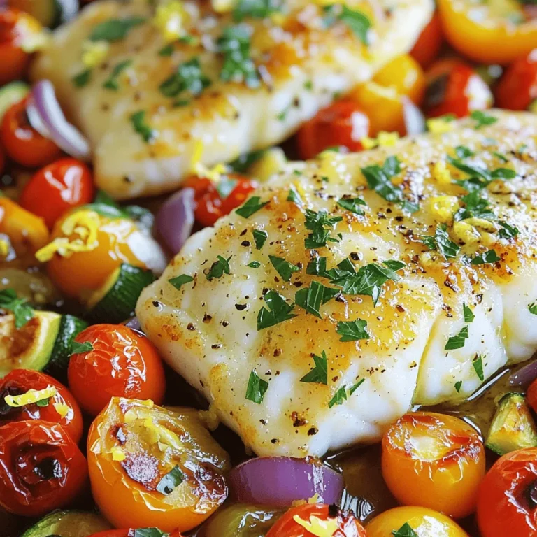 - 4 cod fillets (about 6 ounces each) - 1 cup cherry tomatoes, halved - 1 bell pepper (any color), chopped - 1 zucchini, sliced - 1 red onion, cut into wedges - 1 lemon (juiced and zested) - 4 cloves garlic, minced - 1 teaspoon dried oregano - 1 teaspoon smoked paprika - 2 tablespoons olive oil - Salt and black pepper to taste First, mix the marinade. In a small bowl, combine lemon juice, lemon zest, minced garlic, dried oregano, smoked paprika, olive oil, salt, and black pepper. Stir until well blended. Next, it is time to marinate the cod. Place the cod fillets in a large resealable bag or a shallow dish. Pour half of your marinade over the fish. Let it sit for about 15-20 minutes. This step makes the cod tasty and juicy. While the cod marinates, prepare the fresh vegetables. In a separate bowl, toss together the cherry tomatoes, bell pepper, zucchini, and red onion with the remaining marinade. Make sure each vegetable is coated well in the tasty mixture. Now, it's time to get ready for baking. Line a baking sheet with parchment paper. This makes cleanup easy. Arrange the marinated vegetables on one side of the baking sheet. Remove the cod from the marinade and place the fillets on the opposite side. To cook the cod perfectly, set your oven to 400°F (200°C). Bake for about 15-20 minutes. The cod should flake easily with a fork when done. Want to enhance the flavor? Try adding fresh herbs like thyme or dill. A squeeze of lemon juice before serving can add brightness. Using parchment paper is a game-changer. It prevents sticking and makes for easy cleanup. Just lift it off the sheet, and you're done! You can switch up your veggies based on what you have. Broccoli, asparagus, or carrots work well too. Just cut them into similar sizes so they cook evenly. Seasonal veggies like squash or green beans can add fun flavors. You can also try sweet potatoes for a hearty twist. If you want to change the fish, use salmon or tilapia instead of cod. Both have great flavor and cook similarly. For a non-fish option, chicken breast or shrimp can be good choices. Just adjust the cooking time to ensure they are done. You can add more herbs to make this dish your own. Fresh dill or thyme can brighten up the flavors. A pinch of red pepper flakes can add some heat. For a citrus kick, try adding lime juice or zest. Don't be afraid to mix and match based on your taste. To keep your lemon garlic cod and veggies fresh, place leftovers in an airtight container. Make sure to store them in the fridge within two hours of cooking. This helps prevent bacteria growth. The dish will stay good for up to three days. Try to separate the cod from the veggies if possible. This will keep both from getting soggy. Reheating your leftovers is easy! The best method is to use an oven. Preheat the oven to 350°F (175°C). Place the cod and veggies on a baking sheet. Heat for about 10-15 minutes or until warm. This keeps the fish flaky and the veggies crisp. You can also use a microwave. Just heat in short bursts of 30 seconds. Check often to avoid overcooking. You can freeze leftovers if you want to save them for later. First, let the dish cool completely. Then, pack it in a freezer-safe container. It is best to freeze the cod and veggies together. They will keep for up to three months. When you are ready to eat, thaw them overnight in the fridge. Reheat as mentioned above for the best results. {{image_2}} Bake cod fillets for about 15-20 minutes at 400°F. The fish should be opaque and flake easily with a fork. The exact time can vary based on the thickness of the fillets. Thinner pieces will cook faster, while thicker ones may need a bit more time. Keep an eye on them to avoid overcooking. Yes, you can use frozen cod. Just make sure to thaw it first. You can do this overnight in the fridge or quickly in cold water. After thawing, pat the cod dry before marinating. This helps the marinade stick better and enhances flavor. Be aware that frozen fish may need a minute or two extra in the oven. Cod goes great with many veggies. Here are some good options: - Cherry tomatoes - Bell peppers - Zucchini - Red onions - Asparagus - Broccoli These vegetables roast well and add color and taste to your dish. You can mix and match based on what you have on hand. Just make sure they are cut into similar sizes for even cooking. In this blog post, we explored how to make delicious cod with fresh vegetables. You learned about the key ingredients, from cod fillets to lemon marinade. We also covered steps for marinating and baking, along with cooking tips and storage advice. Remember, experimenting with different veggies and proteins can add variety to your meal. I encourage you to try new flavors and enjoy the cooking process. Healthy eating can be simple and fun!