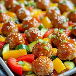 - 1 pound ground turkey - 1/2 cup breadcrumbs - 1/4 cup finely chopped green onions - 1/4 cup grated carrot - 2 cloves garlic, minced - 1 large egg - 1 tablespoon soy sauce - 1 tablespoon sweet chili sauce (plus extra for drizzling) - 1 teaspoon ginger, grated - 1/2 teaspoon salt - 1/2 teaspoon black pepper - 1 bell pepper (any color), diced - 1 zucchini, diced - 1 tablespoon olive oil In this recipe, the main ingredients make the meatballs soft and tasty. Ground turkey is lean and has great flavor. Breadcrumbs help bind the meatballs, making them hold their shape. Green onions add a fresh, mild bite. Grated carrot gives sweetness and moisture, while garlic adds depth. The egg acts as a binder, keeping everything together. For the extra zing, we use soy sauce and sweet chili sauce. This combo gives the meatballs a sweet and salty taste. Ginger brings warmth and a hint of spice to the mix. Salt and black pepper add just the right kick. Don’t forget the veggies! Bell peppers and zucchini not only taste great but also add color. Olive oil helps the veggies roast nicely, making them tender and flavorful. This dish is not just about meatballs; it’s a complete meal on one pan! - Preheat Oven and Prepare Sheet Pan First, preheat your oven to 400°F (200°C). Line a sheet pan with parchment paper. This makes cleanup easy. - Combine Ingredients in a Bowl In a large bowl, mix these ingredients: - 1 pound ground turkey - 1/2 cup breadcrumbs - 1/4 cup finely chopped green onions - 1/4 cup grated carrot - 2 cloves garlic, minced - 1 large egg - 1 tablespoon soy sauce - 1 tablespoon sweet chili sauce - 1 teaspoon grated ginger - 1/2 teaspoon salt - 1/2 teaspoon black pepper Stir until everything is just combined. - Forming the Meatballs Now, shape the mixture into meatballs. Make them about 1.5 inches wide. Place them on one side of the sheet pan. - Tossing Vegetables with Oil and Seasoning In another bowl, add these veggies: - 1 bell pepper, diced - 1 zucchini, diced Drizzle them with 1 tablespoon olive oil. Add a pinch of salt and pepper. Toss well. - Arranging Ingredients on the Pan Spread the seasoned veggies on the other side of the sheet pan. Keep them separate from the meatballs. - Baking Time and Temperature Bake everything in your preheated oven for 20-25 minutes. Meatballs should reach 165°F (75°C). The veggies will be tender and look caramelized. - Drizzling Additional Sauce For extra flavor, drizzle more sweet chili sauce over the meatballs and veggies. Return them to the oven for another 2-3 minutes. Enjoy the aroma! - Tips for Juicy Meatballs To keep meatballs juicy, use ground turkey with some fat. Mix ingredients gently to avoid tough meatballs. Make them about 1.5 inches wide for even cooking. - Flavor Enhancements Add more green onions or fresh herbs for extra taste. You can mix in some grated cheese too. A splash of extra sweet chili sauce can boost the flavor as well. - Ensuring Even Cooking Space meatballs and veggies apart on the pan. This helps hot air flow around them. Turn the pan halfway through baking for even heat. - Adjusting Cooking Times Check meatballs at 20 minutes. If not done, bake a little longer. Always use a meat thermometer. They should reach 165°F (75°C). - Garnishing Suggestions Top with extra green onions and sesame seeds for a fresh look. Drizzle more sweet chili sauce for color and taste. - Serving Recommendations Serve on a large platter for a beautiful display. Pair with rice or noodles for a full meal. Enjoy the tasty flavors of your creation! {{image_2}} You can switch up the meat for your meatballs. Ground chicken works well and stays moist. You can also use ground beef if you want a richer flavor. For a lighter option, try ground turkey, which I use in this recipe. If you want a meat-free choice, make vegetarian meatballs. Use cooked lentils or chickpeas as the base. Add breadcrumbs, spices, and some grated veggies for texture. These options make the dish fun and tasty for everyone. While sweet chili sauce is fantastic, you can try other sauces. Teriyaki sauce adds a sweet and savory twist. BBQ sauce gives a smoky flavor that is also great. For a spicy kick, use sriracha mixed with honey for a sweet and hot mix. You can even blend sauces for unique flavors. Mix sweet chili with a touch of soy sauce for a twist. This way, you can keep the dish exciting every time you make it. Feel free to add seasonal vegetables to your sheet pan. Broccoli or asparagus works well, adding crunch and color. Carrots or snap peas can also bring a sweet taste to the dish. Other veggies like mushrooms or eggplant are great choices too. They soak up the meatball flavors, making each bite delightful. Pairing different veggies keeps the meal colorful and nutritious. - Refrigeration Tips: Place leftover meatballs and veggies in an airtight container. Use a shallow dish to cool them quickly. Store in the fridge for up to three days. - Freezing Guidelines: For longer storage, freeze meatballs and veggies separately. Use freezer-safe bags or containers. They can last up to three months in the freezer. - Best Methods for Reheating: The oven is best for reheating. Preheat to 350°F (175°C). Place meatballs on a baking sheet for 10-15 minutes. You can also use a microwave for quick reheating. - Maintaining Flavor and Texture: Add a splash of water when microwaving to keep moisture. Cover with a damp paper towel to prevent drying out. - How Long They Last in the Fridge: Meatballs and veggies last about three days in the fridge. Check for freshness before eating. - Signs of Spoilage: If you see mold or notice an off smell, discard them. Always trust your senses when it comes to food safety. Yes, you can make the meatballs ahead of time. This saves time during busy days. Here’s how: - Preparation: Mix the ingredients as usual. Form the meatballs. - Storage: Place uncooked meatballs on a tray. Cover them with plastic wrap. - Refrigeration: Store in the fridge for up to 24 hours. - Freezing: For longer storage, freeze the meatballs on the tray. Once frozen, transfer to a bag. They can last up to three months. When you’re ready to cook, just bake from frozen. Add a few extra minutes to the cooking time. These meatballs pair well with many sides. Here are some tasty options: - Rice: Steamed white or brown rice complements the meatballs. - Noodles: Try tossed noodles for an easy meal. - Salad: A fresh green salad adds crunch and color. - Vegetables: Serve with extra roasted veggies for balance. You can also drizzle extra sweet chili sauce over the sides for flavor. To check if your meatballs are done, use a meat thermometer. They should reach an internal temperature of 165°F (75°C). Here’s how to check: - Insert the thermometer: Place it in the center of a meatball. - Read the temperature: Ensure it hits the safe mark. If you don't have a thermometer, cut a meatball in half. The inside should not be pink, and juices should run clear. In this post, we covered how to make tasty sheet-pan sweet chili turkey meatballs. You learned about key ingredients, including ground turkey, breadcrumbs, and fresh vegetables. We discussed step-by-step instructions to create juicy meatballs and share helpful tips for cooking and presentation. Various options for flavors and sides were also provided. Now, you have the tools to get creative in the kitchen. Remember, cooking is fun. Experiment with different meats, vegetables, and sauces. Enjoy your cooking journey!