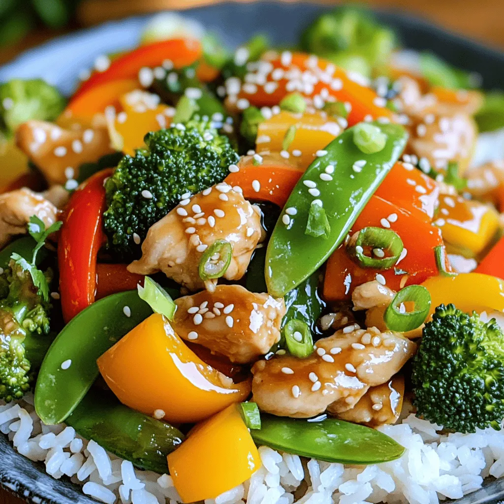 - 1 pound boneless, skinless chicken thighs, sliced into bite-sized pieces - 2 cups mixed vegetables (bell peppers, broccoli, snap peas, and carrot slices) - 4 tablespoons teriyaki sauce The chicken thighs give this dish a juicy and rich flavor. I love using mixed vegetables. They add color and crunch to the stir fry. Choose fresh, crisp veggies for the best taste. - 2 tablespoons soy sauce - 2 tablespoons sesame oil - 1 tablespoon fresh ginger, minced - 2 cloves garlic, minced Soy sauce adds a salty depth. Sesame oil brings a nutty aroma. Fresh ginger and garlic elevate the overall flavor, making each bite burst with taste. - 1 tablespoon cornstarch (optional, for thickening) - 2 tablespoons water (if using cornstarch) - Cooked jasmine rice, for serving - Sesame seeds and chopped green onions for garnish If you like a thicker sauce, cornstarch works well. Adding water helps mix the cornstarch easily. Serving over jasmine rice makes this dish filling. Garnishes like sesame seeds and green onions add a nice touch. How to slice chicken thighs Start by taking your boneless, skinless chicken thighs. Lay them flat on a cutting board. Use a sharp knife to slice them into bite-sized pieces. Aim for uniform sizes, so they cook evenly. Preparing mixed vegetables Grab your mixed vegetables. You can use bell peppers, broccoli, snap peas, and carrot slices. Wash them well. Cut any larger pieces into smaller ones. This helps them cook quickly and stay crisp in the stir fry. Sautéing ginger and garlic Heat 1 tablespoon of sesame oil in a large skillet or wok over medium-high heat. Add the minced ginger and garlic. Sauté them for about 30 seconds. You want them fragrant but not burnt. Cooking chicken until golden brown Now, increase the heat to high. Add the sliced chicken thighs to the skillet. Cook for about 5-7 minutes, stirring often. You want the chicken to turn golden brown and be fully cooked. Adding vegetables to the skillet Next, add your prepared mixed vegetables to the skillet. Cook them for 3-4 minutes. Stir gently so they become tender but still crisp. This keeps the veggies vibrant and delicious. Mixing teriyaki sauce, soy sauce, and cornstarch In a small bowl, mix 4 tablespoons of teriyaki sauce, 2 tablespoons of soy sauce, and 1 tablespoon of cornstarch. If you want a thicker sauce, add 2 tablespoons of water. Stir well until everything is combined. Pouring sauce over the stir fry and thickening it Pour the sauce over your chicken and veggies in the skillet. Stir to coat everything evenly. Cook for another 2-3 minutes. This allows the sauce to thicken slightly, making your stir fry rich and tasty. High heat is key for stir frying. It cooks the food fast and keeps it crisp. When you stir fry, use a large skillet or wok. This gives everything room to move. You want each piece to touch the hot surface. To cook chicken perfectly, cut it into bite-sized pieces. This helps it cook evenly. Heat the oil until it's hot and shimmering. Add ginger and garlic first to build flavor. Then, add the chicken. Cook it for about 5-7 minutes. Stir often until it’s golden brown and cooked through. You can boost the flavors with extra spices. Try adding red pepper flakes for heat. A dash of sesame seeds adds crunch. Feel free to experiment with other sauces, too. If you want a thicker sauce, use cornstarch. Mix it with water before adding it to the stir fry. This helps the sauce coat the chicken and veggies nicely. Preparation is key for a quick meal. Chop your chicken and vegetables ahead of time. This makes cooking faster and easier. You can also use frozen mixed vegetables. They are just as tasty and save time. Just toss them in when you add the chicken. This way, dinner is ready in no time! {{image_2}} You can swap chicken thighs for other proteins. Tofu works well for a vegetarian option. Shrimp can also be a tasty choice. For veggies, mix it up! Use zucchini, asparagus, or mushrooms. Choose what you like best. Making your own teriyaki sauce is easy. Just mix soy sauce, sugar, and mirin. Adjust the sweetness to your taste. For gluten-free options, use tamari instead of soy sauce. It gives a nice flavor without the gluten. Pair your stir fry with jasmine rice for a classic touch. Brown rice adds a nutty flavor. You can also serve it in a wrap, using lettuce leaves or tortillas. This makes for a fun meal on the go. Another option is to serve it in a bowl with extra toppings like avocado or nuts. Enjoy your meal! To store your teriyaki chicken veggie stir fry, let it cool first. Place it in an airtight container. This keeps the flavors fresh and prevents drying. You can keep it in the fridge for up to three days. After that, it may lose its taste and texture. If you want to save it for later, freezing works well. Transfer the cooled stir fry to a freezer-safe bag or container. Remove as much air as possible to avoid freezer burn. You can freeze it for up to three months. When you’re ready to eat, thaw it overnight in the fridge. To reheat, use the stovetop or microwave. For reheating, the stovetop is best. Heat a little oil in a pan over medium heat. Add the stir fry and cook until hot, stirring often. If you use a microwave, place it in a bowl and cover it with a lid or wrap. Heat in short bursts, stirring in between to keep it even. This will help maintain the dish’s flavor and texture. Teriyaki sauce has a few key ingredients. It includes soy sauce, sugar, and mirin. It gives a sweet and salty flavor. This sauce coats the chicken and veggies in the stir fry. You can also add garlic and ginger for extra flavor. Yes, you can easily make this recipe vegetarian. Swap the chicken for tofu or tempeh. Use the same cooking steps for the veggies. You can also try adding more vegetables, like mushrooms or zucchini. This keeps the dish colorful and tasty. To reduce saltiness, use less soy sauce. You can also use low-sodium soy sauce. Adding more vegetables helps balance the flavor too. Another trick is to increase the amount of teriyaki sauce. This can add sweetness without adding salt. This stir fry pairs well with jasmine rice. You can also serve it with brown rice or quinoa. For a lighter meal, try it with a side salad. Adding sesame seeds and green onions on top makes the dish look nice. This blog post shared a simple recipe for Teriyaki Chicken Veggie Stir Fry. We covered key ingredients like chicken thighs, mixed vegetables, and teriyaki sauce. I showed you how to prep, cook, and thicken the sauce while offering tips for flavor and time-saving. You learned about ingredient variations and storage best practices. In conclusion, this dish is flexible and easy to make. Enjoy creating your stir fry, and feel free to experiment with flavors!