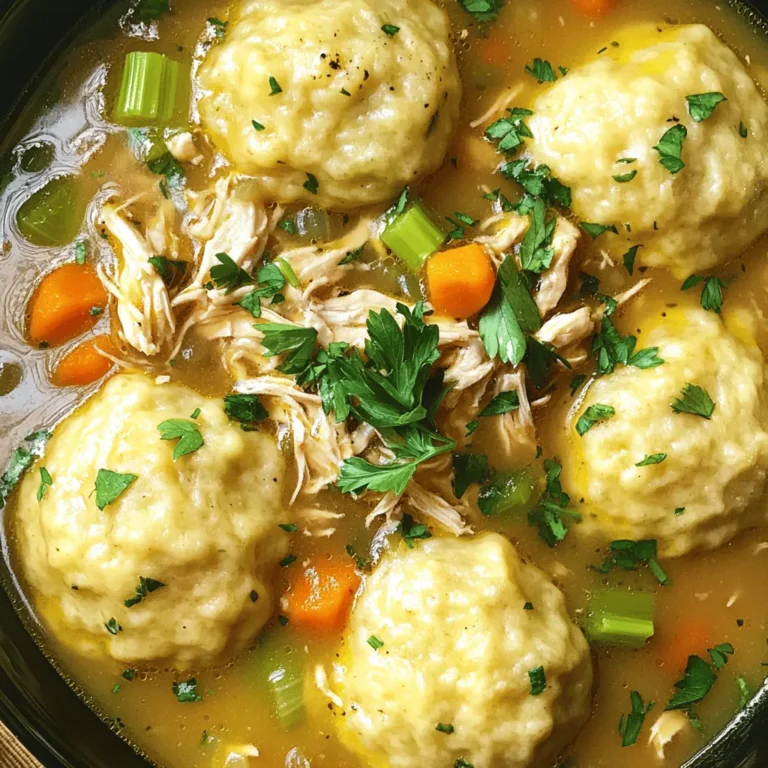 - 4 chicken thighs, skinless and boneless - 1 cup carrots, diced - 1 cup celery, diced - 1 onion, chopped - 3 cloves garlic, minced - 4 cups chicken broth For this dish, I always choose chicken thighs. They stay moist and tender. Next, I add a mix of vegetables. Diced carrots, celery, chopped onion, and minced garlic bring great flavor. The chicken broth ties it all together, giving it a rich base. - 1 teaspoon thyme - 1 teaspoon rosemary - 1 teaspoon paprika - 2 cups frozen peas - 1 can (biscuits) refrigerated biscuit dough I like to add thyme, rosemary, and paprika for warmth. These herbs enhance the chicken's flavor. Frozen peas add a pop of color and sweetness. The biscuit dough becomes fluffy dumplings, soaking up all the tasty broth. - Salt and pepper to taste - Fresh parsley for garnish At the end, I season with salt and pepper. This step ensures the dish tastes just right. I also sprinkle fresh parsley on top for a nice finish. It adds a bright touch and a bit of freshness. Layering the Chicken and Vegetables Start by placing the skinless, boneless chicken thighs at the bottom of your slow cooker. This helps them cook evenly. Next, season the chicken with salt, pepper, thyme, rosemary, and paprika. Then, add your diced carrots, celery, chopped onion, and minced garlic right on top. This layering keeps the flavors locked in. Adding Chicken Broth Pour in the chicken broth. Ensure it covers all the ingredients. This broth adds depth to the dish and keeps the chicken moist. Make sure the vegetables are fully submerged for the best flavor. Cooking Times for Low and High Settings Cover the slow cooker with the lid. If you cook on low, set it for 6 to 7 hours. For high, set it for 3 to 4 hours. The chicken should be fully cooked and tender when done. Shredding Chicken and Adding Peas After cooking, carefully remove the chicken thighs. Use two forks to shred them into bite-sized pieces. Return the shredded chicken to the slow cooker. Next, stir in the frozen peas. Allow them to cook for an additional 10 minutes, adding a pop of color and sweetness. Cutting and Adding Biscuit Dough While the chicken and peas cook, take your refrigerated biscuit dough. Cut each biscuit into quarters. Carefully drop these pieces onto the top of the mixture in the slow cooker. Space them evenly for even cooking. Cooking Dumplings in the Slow Cooker Cover the slow cooker again. Cook the dumplings on high for 30 minutes. They should become fluffy and fully cooked. Taste and adjust the seasoning if needed, then garnish with fresh parsley before serving. Enjoy this warm, comforting dish! To get the best taste in your chicken and dumplings, season well. Use thyme, rosemary, and paprika for a rich flavor. Adjust these herbs based on your taste. You can add more thyme for a stronger herb taste. Also, try a splash of lemon juice for brightness. For tender chicken, layer the chicken thighs at the bottom. This keeps them moist as they cook. Use low heat for a longer time, about 6-7 hours. This method lets flavors blend and keeps the chicken juicy. To make fluffy dumplings, do not overwork the dough. Cut the biscuit dough into quarters and drop them gently onto the stew. Space them out so they cook evenly. Avoid dense dumplings by not pressing them down into the broth. Let them float on top. Cook them on high for 30 minutes for the best rise. If they feel too thick, check the time and add a splash of broth if needed. If your chicken is not tender, it may need more time. Cook on low for an extra hour. Check if the chicken shreds easily. For overcooked dumplings, you can fix them by adding a little broth. Stir gently to moisten them. If they are too hard, add a bit more liquid and cover for a few minutes. This can help soften them. {{image_2}} You can change the chicken thighs for chicken breasts. Breasts are leaner and cook faster. This swap will give you a lighter dish while keeping it tasty. You can also add different vegetables. Potatoes bring a nice creaminess. Corn adds sweetness and crunch. Feel free to mix and match veggies based on what you have in your kitchen. If you want to cut back on salt, try low-sodium chicken broth. It keeps the dish flavorful without the extra sodium. For a gluten-free meal, use gluten-free biscuit dough. Many brands offer this, and it works well in the slow cooker. Adding herbs can really boost the taste. Fresh parsley or dill can add a bright note. You can also try adding a pinch of red pepper flakes for a hint of heat. For a creamier dish, mix in some heavy cream or sour cream at the end. This will make the broth rich and smooth, perfect for cold days. After enjoying your slow cooker chicken and dumplings, you can store leftovers in the fridge. Place the dish in a container with a tight lid. Glass or plastic containers work well. Make sure to cool the dish before sealing it. This helps avoid moisture buildup. To freeze chicken and dumplings, let the dish cool completely. Then, use freezer-safe bags or containers. Remove as much air as possible to prevent freezer burn. When you're ready to eat, thaw in the fridge overnight. Reheat gently on the stove or in the microwave. Stir occasionally for even heating. In the fridge, your chicken and dumplings last about 3 to 4 days. If frozen, they can stay fresh for up to 3 months. Always check for signs of spoilage before eating. Look for off smells, color changes, or mold. If you notice any, it’s best to toss the dish. Yes, you can use frozen chicken in the slow cooker. However, it is best to follow some safety tips. First, ensure the chicken is fully cooked to a safe temperature of 165°F. Cooking frozen chicken may take longer than fresh chicken. Here are some quick tips: - Place frozen chicken at the bottom of the slow cooker. - Cook on high for 4-5 hours or low for 8-9 hours. - Always check the chicken's internal temperature before serving. Making dumplings from scratch is easy and fun. Here’s a simple recipe for fluffy dumplings: - Ingredients: - 2 cups all-purpose flour - 1 tablespoon baking powder - 1 teaspoon salt - 1 cup milk - 1/4 cup melted butter - Instructions: 1. In a bowl, mix flour, baking powder, and salt. 2. Stir in the milk and melted butter until combined. 3. Drop spoonfuls of the dough onto the chicken mixture in the slow cooker. 4. Cook as directed in the main recipe. Yes, you can prepare this recipe in advance. Here are some helpful tips for meal prep: - Chop the vegetables: Dice the carrots, celery, and onion a day before. Store them in the fridge. - Season the chicken: You can season and freeze the chicken thighs ahead of time. Just thaw them before cooking. - Make the dumplings: Prepare the dumpling dough ahead and store it in the fridge until ready to use. This way, you can enjoy a warm, hearty meal with less fuss! Slow cooker chicken and dumplings blend tender chicken, fresh veggies, and fluffy dumplings. You learned how to layer ingredients and set your cooker for great results. Use herbs and spices for full flavor. Remember to store leftovers properly for later meals. These tips make cooking easy and fun. Fill your kitchen with tasty aromas. Enjoy the warmth of this dish with loved ones!