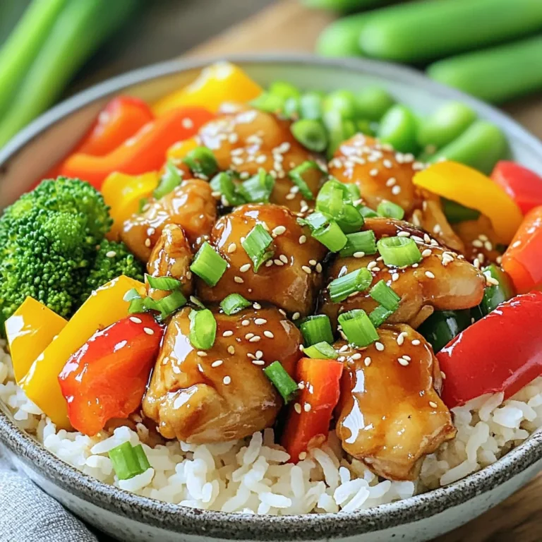 - 1 pound boneless, skinless chicken thighs, cut into bite-sized pieces - 1 cup bell peppers (red, yellow, and green), sliced - 2 cups cooked jasmine rice - 1/4 cup teriyaki sauce (store-bought or homemade) - 1 tablespoon sesame oil - 2 green onions, chopped (for garnish) - 1 teaspoon sesame seeds (for garnish) - Steamed broccoli or snap peas for added veggies - Salt and pepper to taste Gather these ingredients before you start cooking. The chicken thighs give a juicy bite, while the bell peppers add color and crunch. Cooked jasmine rice serves as a perfect base for this dish. Don't forget the teriyaki sauce; it brings the flavors together. Sesame oil adds a nice touch. For extra flavor, consider adding green onions and sesame seeds as garnishes. If you want more green, steamed broccoli or snap peas are great options. This dish is quick and simple, making it perfect for any busy night. First, heat 1 tablespoon of sesame oil in a large skillet over medium-high heat. This oil gives the chicken a nice nutty flavor. Add 1 pound of boneless, skinless chicken thighs, cut into bite-sized pieces. Season them with salt and pepper to taste. Cook the chicken for about 5-7 minutes, stirring often. You want it to be golden brown and cooked through. Make sure not to overcook it, as this will make the chicken dry. Next, stir-fry 1 cup of sliced bell peppers in the same skillet. You can use red, yellow, and green bell peppers for a colorful mix. Cook them for about 3-4 minutes until they are tender yet crisp. If you want more veggies, add steamed broccoli or snap peas for extra nutrition and crunch. This step brings freshness to your dish. Now, pour 1/4 cup of teriyaki sauce over the chicken and peppers. Toss everything together to make sure it coats evenly. Cook for another 2-3 minutes, allowing the sauce to thicken slightly. To serve, place a scoop of cooked jasmine rice in a bowl. Top it with the teriyaki chicken and vegetable mixture. Finally, garnish with chopped green onions and a sprinkle of sesame seeds for a beautiful finish. Enjoy this quick and tasty meal! To get perfectly cooked chicken, choose boneless, skinless chicken thighs. They stay moist and tender. Cut the chicken into bite-sized pieces for even cooking. Heat sesame oil in your skillet over medium-high heat. This helps your chicken brown nicely. Cook the chicken for about 5-7 minutes. Stir frequently to avoid burning. For vegetables, I love bell peppers in this dish. They add color and crunch. Sauté them for 3-4 minutes with the chicken. This way, they stay tender yet crisp. If you want more veggies, add steamed broccoli or snap peas. They bring extra nutrients and flavor. When it comes to teriyaki sauce, there are great store-bought options. Look for brands that use natural ingredients. This ensures a cleaner taste. Some popular choices include Kikkoman and Soy Vay. If you prefer homemade, making teriyaki sauce is easy! Simple Homemade Teriyaki Sauce Recipe: - 1/4 cup soy sauce - 1 tablespoon honey or brown sugar - 1 tablespoon rice vinegar - 1 teaspoon garlic powder - 1 teaspoon ground ginger Mix these ingredients in a bowl. Adjust the sweetness to your taste. This sauce adds a personal touch to your dish! These bowls are tasty on their own, but you can pair them with side dishes. A simple green salad or edamame works well. You can also serve them with steamed rice or quinoa. For meal prep, these bowls are perfect! You can make a big batch and store them. Just keep the rice separate until ready to eat. This way, everything stays fresh and delicious. {{image_2}} You can switch the chicken for tofu or shrimp. Tofu is a great plant-based option. It absorbs flavors well and adds protein. For shrimp, use peeled and deveined shrimp. Cook them for about 3-4 minutes until pink. If you prefer chicken, try using chicken breast or drumsticks. Each cut offers a unique taste and texture. Pick vegetables that stir-fry well. Bell peppers, broccoli, and snap peas are great choices. Try adding carrots or zucchini for extra color. You can also use seasonal veggies. Asparagus in spring or squash in fall can enhance your dish. Mix and match for variety. Switch up your rice for a new twist. Brown rice adds fiber and a nutty flavor. Quinoa is a protein-rich choice, while cauliflower rice keeps it light and low-carb. Each option pairs well with teriyaki chicken. Experiment to find your favorite combination! To keep your Minute Teriyaki Chicken Rice Bowls fresh, store leftovers in the fridge. Use airtight containers to prevent moisture loss. Glass or plastic containers work well. I recommend dividing the bowls into single servings for easy access later. This way, you can grab a bowl for lunch or dinner without hassle. If you want to save some for later, freezing is a great option. First, let the chicken and rice cool completely. Then, place them in freezer-safe bags or containers. Be sure to remove as much air as possible. This helps prevent freezer burn. When you’re ready to eat, thaw overnight in the fridge. Reheat in the microwave or on the stove until hot. In the fridge, your dish will stay good for about 3 to 4 days. If you freeze it, it can last up to 3 months. However, check for signs of spoilage. If the chicken looks discolored or smells off, it's best to discard it. Always trust your senses to keep your meals safe and tasty. It takes about 20 minutes to make these bowls. You spend 10 minutes prepping and 10 minutes cooking. This quick time makes it perfect for a busy weeknight meal. You can enjoy a delicious dish in no time! Yes, you can prepare this dish ahead of time! Cook the chicken and veggies, then store them in the fridge. This meal stays fresh for up to three days. When ready to eat, just reheat and serve over jasmine rice. Meal prep makes dinner fast and easy! For a healthier bowl, consider these options: - Add steamed broccoli or snap peas for more veggies. - Use brown rice for added fiber. - Substitute chicken with tofu for a plant-based option. These changes can help reduce calories while still being tasty! Making teriyaki sauce at home is simple! Combine: - 1/4 cup soy sauce - 2 tablespoons honey or brown sugar - 1 tablespoon rice vinegar - 1 teaspoon garlic powder - 1 teaspoon ginger powder Mix these in a pot and heat until slightly thickened. This sauce adds great flavor to your chicken! Absolutely! You can use various proteins in this recipe: - Chicken breast for a leaner option. - Shrimp for a seafood twist. - Tofu for a vegetarian meal. Each choice offers unique flavors and textures, so feel free to experiment! In this blog post, we explored how to make tasty teriyaki chicken rice bowls. We discussed key ingredients, like chicken thighs and fresh bell peppers. You also learned step-by-step cooking methods and helpful tips for perfect results. Don't forget about storage options, variations, and common questions. These bowls are simple yet satisfying. Enjoy your new recipe and feel free to try your own twists! Happy cooking!