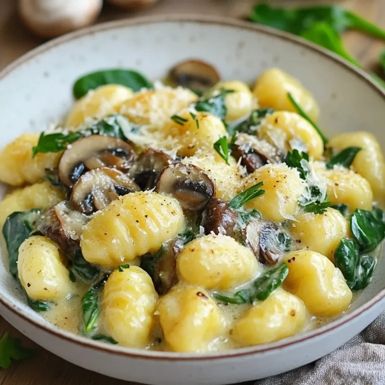 - 500g potato gnocchi - 300g fresh spinach - 250g mushrooms (shiitake or cremini) - 1 medium onion - 2 cloves garlic - 200ml heavy cream - 1 cup vegetable broth - 50g grated Parmesan cheese - Salt, pepper, and fresh parsley for garnish When I make creamy mushroom spinach gnocchi, I gather fresh and quality ingredients. The potato gnocchi is the star here, with its soft and pillowy texture. Fresh spinach adds a bright green color and a healthy touch. I love using shiitake or cremini mushrooms for their rich umami flavor. Next, I chop a medium onion and mince two cloves of garlic. These aromatics build a lovely base for my dish. The heavy cream brings everything together, making the sauce rich and creamy. A cup of vegetable broth adds depth to the flavor, while grated Parmesan cheese gives a salty finish. I always keep salt and pepper handy to season the dish just right. Finally, I add fresh parsley as a garnish. The green color makes the dish pop and adds freshness. Each ingredient plays a key role in creating a delightful comfort dish that warms the soul. {{ingredient_image_1}} To start, you need to boil some salted water. Once it bubbles, add the potato gnocchi. Cook them according to the package instructions. You will know they are done when they float to the surface. After that, drain the gnocchi and set them aside. Next, heat olive oil in a large skillet over medium heat. Add the finely chopped onion. Cook it until it turns translucent, which takes about five minutes. Then, add the minced garlic and sliced mushrooms. Sauté this mix for another five to seven minutes until the mushrooms are soft and golden. Now, it’s time to add the fresh spinach to the skillet. Cook it until it wilts, which takes about two to three minutes. Pour in the vegetable broth and let everything simmer gently. After that, reduce the heat and stir in the heavy cream. Allow the sauce to simmer for about five minutes until it thickens slightly. Then, mix in the grated Parmesan cheese until it melts. Season the sauce with salt and pepper to your taste. Finally, gently fold the cooked gnocchi into the creamy mushroom and spinach sauce. Make sure each piece is well-coated. Serve it warm, and feel free to garnish with fresh parsley and an extra sprinkle of Parmesan if you like. - Alternative vegetables to use: You can swap out spinach for kale or Swiss chard. Both greens add great flavor and nutrition. If you want a crunch, try adding bell peppers or zucchini. They will change the texture but taste amazing in this dish. - Non-dairy cream options: For a dairy-free version, use coconut cream or cashew cream. Both options give a rich texture and creamy taste. Almond milk works too, but it is thinner, so consider adding a bit of cornstarch to thicken it. - Ensuring perfect gnocchi texture: The key to perfect gnocchi is cooking it until it floats. This shows it’s done. Do not overcook it, or it can become mushy. Gnocchi should be soft yet firm when you bite into it. - Tips for sautéing mushrooms for best flavor: Start with a hot skillet. Add olive oil and let it heat up first. This helps the mushrooms to brown nicely. Stir often to cook them evenly. Cook until they are golden and soft for the best flavor. - Recommended side dishes: Pair this dish with a simple green salad. A side of garlic bread also complements it well. If you want more veggies, try roasted asparagus or steamed broccoli. - Presentation ideas for a great meal: For a beautiful plate, use a large bowl. Serve the gnocchi in the center and sprinkle fresh parsley on top. You can add extra Parmesan on the side for guests to sprinkle as they like. Bright colors make the dish pop! Pro Tips Use Fresh Gnocchi: For the best texture and flavor, opt for fresh gnocchi instead of packaged. They cook quickly and absorb the sauce beautifully. Enhance Flavor with Herbs: Consider adding fresh herbs like thyme or oregano to the sauce for an extra layer of flavor that complements the mushrooms and spinach. Adjust Creaminess: If you prefer a lighter sauce, you can substitute half of the heavy cream with Greek yogurt or a splash of milk for a creamy yet tangy finish. Garnish for Presentation: Don't skip the fresh parsley garnish! It adds a pop of color and freshness that elevates the dish visually and flavor-wise. {{image_2}} You can change up the greens or veggies in your gnocchi. Try using kale, arugula, or even zucchini. Each adds its own flavor and texture. For mushrooms, switch to portobello or oyster mushrooms. They give a richer taste and a different feel. If you want a vegan dish, use plant-based gnocchi. You can also swap heavy cream for coconut cream or cashew cream. This keeps it creamy without dairy. For gluten-free needs, look for gnocchi made from gluten-free flour. It’s easy to find these options in stores. Adding herbs and spices can boost the flavor of your dish. Basil, thyme, or even a pinch of red pepper flakes work well. If you want protein, add cooked chicken, sausage, or even chickpeas. This makes the dish heartier and more filling. Store any leftover creamy mushroom spinach gnocchi in an airtight container. This keeps the dish fresh and prevents it from drying out. You can keep it in the fridge for up to three days. Make sure to let it cool down before sealing the container. You can freeze cooked gnocchi, but it's best to freeze it before adding the sauce. Place the cooked gnocchi on a baking sheet and freeze until solid. Then, transfer it to a freezer bag. This way, you can enjoy it later. Uncooked gnocchi can also be frozen. Just follow the same process and use it within three months. Thawing is easy! For cooked gnocchi, simply move it from the freezer to the fridge overnight. For uncooked gnocchi, cook it directly from frozen. Just add a few extra minutes to the boiling time. To reheat your gnocchi without losing its texture, the stovetop is best. Heat a little olive oil in a pan over medium heat. Add the gnocchi and sauce, stirring gently until warmed through. If you prefer using a microwave, place the gnocchi in a microwave-safe dish. Cover it with a damp paper towel to keep moisture in. Heat it in short intervals, stirring in between, until it’s hot. This method is quick but may not keep the gnocchi as firm. Enjoy your creamy mushroom spinach gnocchi, even as leftovers! The best mushrooms for creamy gnocchi are shiitake and cremini. Shiitake mushrooms add a rich, earthy flavor. Cremini mushrooms have a nice, mild taste that complements the dish well. Both types give a great texture and taste to this creamy delight. Yes, you can use store-bought gnocchi for this dish. Look for fresh or frozen potato gnocchi. They save time and still taste great. Just follow the package instructions for cooking. It is quick and easy, perfect for busy nights. You can use alternatives like coconut cream or cashew cream. Both options give a creamy texture without dairy. If you want a lighter version, use whole milk or a mix of milk and Greek yogurt. These keep the sauce rich while being a bit healthier. The gnocchi is cooked when it floats to the top of the water. This usually takes about 2-3 minutes. If you want to be sure, taste one. It should be soft and tender, not chewy. Perfectly cooked gnocchi makes the dish so much better! This recipe combines rich flavors of spinach and mushrooms in a creamy sauce. You learned to cook gnocchi perfectly and sauté aromatics for a delightful base. We explored tips for ingredient swaps and cooking methods to personalize your dish. Options for dietary needs and flavor boosts make the recipe versatile. Finally, proper storage ensures you can enjoy leftovers. With this guide, you can create a tasty meal that’s easy and fun. Dive into your kitchen and enjoy every bite!